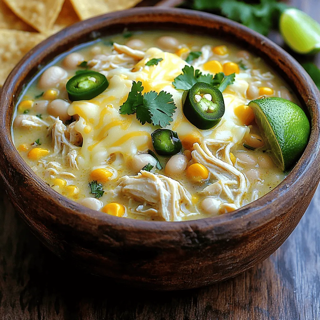- 1 pound boneless, skinless chicken breasts - 2 cans (15 oz each) white beans, drained and rinsed - 1 can (15 oz) corn, drained - 1 can (4 oz) diced green chiles - 1 medium onion, finely diced - 3 cloves garlic, minced - 2 cups low-sodium chicken broth - 1 teaspoon ground cumin - 1 teaspoon chili powder - ½ teaspoon smoked paprika - Salt and freshly cracked black pepper to taste - 1 cup sour cream - 1 cup shredded Monterey Jack cheese - Fresh cilantro, finely chopped, for garnish I love how simple this recipe is! You only need a few easy-to-find items. Start with one pound of boneless, skinless chicken breasts. This is the base of your chili. The chicken gets tender and juicy as it cooks. Next, use two cans of white beans. They add creaminess and protein. Make sure to drain and rinse them well. You’ll also need one can of corn. This gives a sweet crunch to your dish. Don't forget the diced green chiles! They add a mild kick and flavor. One medium onion and three cloves of garlic bring in that aromatic goodness. Now for the liquids: two cups of low-sodium chicken broth keep everything moist and flavorful. For spices, you'll need ground cumin, chili powder, and smoked paprika. These spices build the chili's rich taste. Finally, add salt and freshly cracked black pepper to your liking. To finish, stir in one cup of sour cream and one cup of shredded Monterey Jack cheese. These make your chili creamy and delicious. Garnish with fresh cilantro for that pop of color and freshness. With these ingredients, you can create a warm and comforting dish. For the complete cooking instructions, check out the Full Recipe. 1. Start by laying the chicken breasts at the bottom of your crockpot. Make sure they form a single layer. 2. Next, layer the white beans, corn, diced green chiles, onion, and garlic on top of the chicken. 3. Carefully pour in the low-sodium chicken broth. This will help cook the ingredients. 4. Now, sprinkle the ground cumin, chili powder, smoked paprika, and season with salt and pepper. Gently stir to mix, but be careful not to disturb the chicken. 1. Secure the lid on the crockpot. Choose your cooking setting: cook on low for 6-8 hours or on high for 4 hours. Cook until the chicken is tender and fully cooked. 2. When the cooking time is up, remove the chicken breasts from the pot. Use two forks to shred the chicken into bite-sized pieces. 3. Return the shredded chicken back into the pot. Stir it into the chili. 4. Add the sour cream and shredded Monterey Jack cheese. Stir until they melt and combine well into the chili. 1. Taste the chili and adjust the seasonings. Add more salt or pepper if needed. 2. Allow the chili to cook on low for an additional 10-15 minutes. This will let the flavors meld together beautifully. For the full recipe, refer to the earlier sections. Enjoy your delicious Easiest Crockpot White Chicken Chili! For the best results, I suggest cooking on low for 6-8 hours. If time is tight, cooking on high for 4 hours works too. Always taste your chili near the end of cooking. Adjust the seasoning to your liking. A pinch of salt or a dash of pepper can transform the dish. When serving, use deep bowls to hold all the creamy goodness. I love garnishing with fresh cilantro and an extra sprinkle of cheese. A slice of lime or some avocado on the side adds a nice touch. Serve with tortilla chips or warm bread for a full meal. One common mistake is overcrowding the crockpot. This can lead to uneven cooking. Always layer your ingredients properly. Place the chicken at the bottom, then add the beans and other items on top. Following this layering technique helps the flavors blend well. {{image_4}} You can make this chili your own by swapping ingredients. Use different beans, like black beans or pinto beans. They can add a new taste and texture. For proteins, try turkey or even tofu for a twist. If you want a lighter version, consider swapping sour cream with Greek yogurt. It still gives creaminess but with less fat. You can also use low-fat cheese or omit it entirely. Want to spice things up? Add diced jalapeños or some red pepper flakes. This boost can really awaken the flavors. You might also explore fresh herbs, like thyme or oregano, for a different twist. These can enhance the chili's taste and aroma. Consider adding a splash of lime juice before serving. It can brighten each bite and balance the creaminess. If you prefer a plant-based meal, you can replace chicken with chickpeas or lentils. These options are packed with protein and add heartiness. For a vegan version, you can use cashew cream in place of sour cream. Also, ensure you use dairy-free cheese. This way, you keep the creamy texture without any animal products. These swaps make the dish healthy while keeping it delicious. To store your leftover chili, let it cool first. This keeps the steam from building up in the container. Use airtight containers made of glass or BPA-free plastic. These types help keep your chili fresh. Label the containers with the date. This way, you know how long they have been stored. To reheat your chili, use the stovetop or microwave. If using the stovetop, heat it in a pot over medium heat. Stir often to prevent burning. If using the microwave, place it in a microwave-safe bowl. Heat it for 2-3 minutes, stirring halfway through. Always check that it reaches 165°F for safe eating. Your white chicken chili lasts about 3-4 days in the fridge. If you freeze it, it will last for about 3-6 months. Check for signs that it has spoiled. These signs include an off smell, discoloration, or mold. If you see any of these, it’s best to throw it away. You can store this chili in the fridge for up to four days. Make sure to keep it in an airtight container. This keeps the chili fresh and tasty. When you want to eat it again, just reheat it on the stove or in the microwave. Yes, you can use frozen chicken in this recipe. Just make sure not to thaw it first. Place the frozen chicken at the bottom of the crockpot. This helps keep the meat juicy as it cooks. Add the other ingredients on top and cook for 6 to 8 hours on low. You have many great options for sides. Here are some tasty ideas: - Cornbread - Tortilla chips - Fresh avocado slices - Lime wedges - A simple green salad These sides add color and flavor, making your meal even better. The chili is mild, but you can adjust the spice level. If you want more heat, add jalapeños or extra chili powder. Taste as you go, so you can find the right heat for you. Yes, you can make this chili ahead of time. It tastes great even after a day or two in the fridge. Just follow the cooking steps, let it cool, and store it. When you’re ready, simply reheat it and enjoy. For a big meal prep, you can also freeze it, and it holds its flavor well. Check out the Full Recipe for more details on making it ahead! This blog covered the ingredients, steps, and tips for making white chicken chili. You learned how to layer the ingredients in a crockpot and adjust seasonings. We also discussed storage tips and how to reheat the chili properly. In the end, this dish offers comfort and can be customized to your taste. Enjoy making this chili with friends or family for warm gatherings. Don’t forget to share your tasty results!