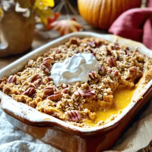 To make a tasty pumpkin pie crisp, gather these main ingredients: - 2 cups pumpkin puree - 1 cup packed brown sugar - 1 teaspoon vanilla extract - 2 teaspoons pumpkin pie spice - 1/4 teaspoon fine salt - 1 cup rolled oats - 1 cup all-purpose flour - 1/2 cup unsalted butter, softened These ingredients create a warm, sweet filling and a crunchy topping. The pumpkin puree gives the dish its rich flavor and smooth texture. You can add these optional ingredients to make your crisp even better: - 1/2 cup chopped pecans Adding pecans gives a nice crunch and a nutty flavor. Feel free to mix and match based on your taste. For serving, I suggest these delightful options: - Whipped cream - Vanilla ice cream Both toppings add a creamy touch. They make the warm crisp even more enjoyable. For a fun twist, serve in individual ramekins. You can top each with a sprinkle of cinnamon or a drizzle of caramel sauce. This adds a special flair to your dessert! Start by preheating your oven to 350°F (175°C). A hot oven helps the crisp cook evenly. Next, greasing a 9x9-inch baking dish ensures the crisp does not stick. You can use butter or cooking spray for this. In a medium bowl, combine the pumpkin puree, brown sugar, vanilla, pumpkin pie spice, and salt. Use a whisk or spatula to mix these until the filling is smooth. This blend creates a rich, tasty layer for your crisp. In another bowl, mix the rolled oats, flour, softened butter, and chopped pecans (if you choose to use them). Use your fingers or a pastry cutter to combine these ingredients. You want a crumbly texture, like small pebbles. This topping gives the crisp its delightful crunch. Pour the pumpkin mixture into the greased baking dish. Spread it evenly across the bottom. Next, sprinkle the oat mixture over the pumpkin layer. Make sure it covers the top well. Place the dish in the oven and bake for 30-35 minutes. Look for a golden brown topping and some bubbling around the edges. Once baked, take the dish out and let it cool for about 10 minutes. This cooling time makes it easier to serve. Enjoy it warm, topped with whipped cream or vanilla ice cream for a sweet touch. For an extra flair, you can serve it in ramekins with a sprinkle of cinnamon and a drizzle of caramel. When making pumpkin pie crisp, avoid overmixing the pumpkin filling. This can make it dense. Ensure you measure the ingredients correctly. Too much sugar can make it overly sweet. Don’t skip preheating your oven. A hot oven helps the crisp cook evenly. Also, let it cool before serving. This helps with slicing and serving. To get the best crisp topping, use cold butter. Cut it into the dry mix until it looks crumbly. If you want a crunchier texture, add chopped pecans. Make sure to spread the topping evenly over the pumpkin layer. This helps it bake uniformly. Bake until golden brown. This usually takes 30 to 35 minutes. Enhance the flavor by adding a pinch of nutmeg. You can also use maple syrup instead of brown sugar for a unique taste. Experiment with extra spices like cinnamon or ginger. A splash of bourbon can also add depth. Lastly, serve it warm with whipped cream or ice cream. This adds creaminess and balances the flavors perfectly. {{image_4}} You can make this pumpkin pie crisp gluten-free with a few simple swaps. Use gluten-free rolled oats and a gluten-free flour blend instead of all-purpose flour. This way, you keep all the flavor but cater to those who need to avoid gluten. It's easy and still tastes great. The chopped pecans add a nice crunch, but feel free to experiment. Walnuts or almonds work well, too. For a sweeter touch, add chocolate chips or coconut flakes. You can even sprinkle some crushed graham crackers on top for that classic pie taste. Let your taste buds guide you! You can brighten this dish with fruit. Try adding sliced apples or pears to the pumpkin layer. For a tart twist, consider cranberries. These fruits pair wonderfully with pumpkin and add a pop of flavor. They make each bite even more exciting and seasonal. To keep your pumpkin pie crisp fresh, store any leftovers in the fridge. Place it in an airtight container. This will stop it from drying out. You can also cover it tightly with plastic wrap or aluminum foil. It will stay good in the fridge for about 3-5 days. When you want to enjoy your pumpkin pie crisp again, simply reheat it in the oven. Preheat your oven to 350°F (175°C). Place the crisp in an oven-safe dish. Heat it for about 15-20 minutes. This will warm it up nicely without making it soggy. If you prefer, you can also use the microwave. Heat it in short bursts of 30 seconds, checking often. If you want to store your pumpkin pie crisp for a longer time, freezing is a great option. Cut it into portions and wrap each piece in plastic wrap. Then, place the wrapped pieces in a freezer bag. Make sure to remove as much air as possible. The crisp will stay fresh for up to 3 months in the freezer. When you're ready to eat it, let it thaw in the fridge overnight before reheating. Yes, you can use fresh pumpkin. First, cook the pumpkin until soft. Then, mash it well to get a smooth texture. This makes a tasty base for your crisp. Fresh pumpkin may have a brighter flavor, making your dish even better. Absolutely! You can prepare the crisp the night before. Mix the pumpkin filling and topping, then store them in separate containers. When you're ready, layer them in the baking dish and bake. This saves time and makes serving easy. If you don’t have brown sugar, you can use white sugar. To mimic the flavor, add a little molasses. Use 1 cup of white sugar and 1 tablespoon of molasses for the same sweetness. This keeps your dish tasty and sweet. Yes, you can make this recipe dairy-free. Use a dairy-free butter or coconut oil instead of unsalted butter. For the topping, choose a plant-based ice cream or skip it altogether. This way, everyone can enjoy a slice of pumpkin pie crisp! This blog covered how to make a tasty pumpkin pie crisp. You learned about key ingredients and helpful tips. I shared simple steps, from mixing the filling to baking the dish. You also have ideas for variations and storage tips. Remember, practice makes perfect, so don’t hesitate to try new flavors. Enjoy your delicious pumpkin pie crisp with friends and family. Your kitchen will be the center of joy and warmth. Happy baking!