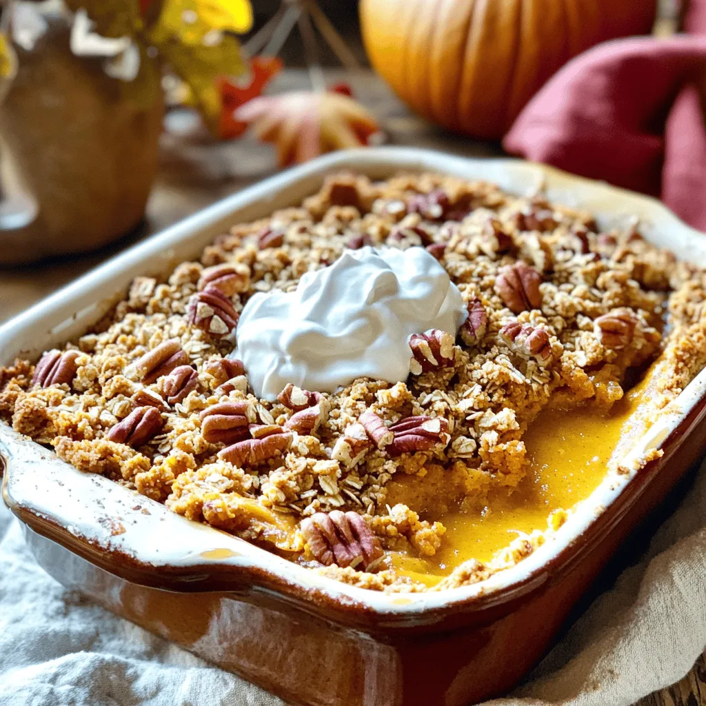To make a tasty pumpkin pie crisp, gather these main ingredients: - 2 cups pumpkin puree - 1 cup packed brown sugar - 1 teaspoon vanilla extract - 2 teaspoons pumpkin pie spice - 1/4 teaspoon fine salt - 1 cup rolled oats - 1 cup all-purpose flour - 1/2 cup unsalted butter, softened These ingredients create a warm, sweet filling and a crunchy topping. The pumpkin puree gives the dish its rich flavor and smooth texture. You can add these optional ingredients to make your crisp even better: - 1/2 cup chopped pecans Adding pecans gives a nice crunch and a nutty flavor. Feel free to mix and match based on your taste. For serving, I suggest these delightful options: - Whipped cream - Vanilla ice cream Both toppings add a creamy touch. They make the warm crisp even more enjoyable. For a fun twist, serve in individual ramekins. You can top each with a sprinkle of cinnamon or a drizzle of caramel sauce. This adds a special flair to your dessert! Start by preheating your oven to 350°F (175°C). A hot oven helps the crisp cook evenly. Next, greasing a 9x9-inch baking dish ensures the crisp does not stick. You can use butter or cooking spray for this. In a medium bowl, combine the pumpkin puree, brown sugar, vanilla, pumpkin pie spice, and salt. Use a whisk or spatula to mix these until the filling is smooth. This blend creates a rich, tasty layer for your crisp. In another bowl, mix the rolled oats, flour, softened butter, and chopped pecans (if you choose to use them). Use your fingers or a pastry cutter to combine these ingredients. You want a crumbly texture, like small pebbles. This topping gives the crisp its delightful crunch. Pour the pumpkin mixture into the greased baking dish. Spread it evenly across the bottom. Next, sprinkle the oat mixture over the pumpkin layer. Make sure it covers the top well. Place the dish in the oven and bake for 30-35 minutes. Look for a golden brown topping and some bubbling around the edges. Once baked, take the dish out and let it cool for about 10 minutes. This cooling time makes it easier to serve. Enjoy it warm, topped with whipped cream or vanilla ice cream for a sweet touch. For an extra flair, you can serve it in ramekins with a sprinkle of cinnamon and a drizzle of caramel. When making pumpkin pie crisp, avoid overmixing the pumpkin filling. This can make it dense. Ensure you measure the ingredients correctly. Too much sugar can make it overly sweet. Don’t skip preheating your oven. A hot oven helps the crisp cook evenly. Also, let it cool before serving. This helps with slicing and serving. To get the best crisp topping, use cold butter. Cut it into the dry mix until it looks crumbly. If you want a crunchier texture, add chopped pecans. Make sure to spread the topping evenly over the pumpkin layer. This helps it bake uniformly. Bake until golden brown. This usually takes 30 to 35 minutes. Enhance the flavor by adding a pinch of nutmeg. You can also use maple syrup instead of brown sugar for a unique taste. Experiment with extra spices like cinnamon or ginger. A splash of bourbon can also add depth. Lastly, serve it warm with whipped cream or ice cream. This adds creaminess and balances the flavors perfectly. {{image_4}} You can make this pumpkin pie crisp gluten-free with a few simple swaps. Use gluten-free rolled oats and a gluten-free flour blend instead of all-purpose flour. This way, you keep all the flavor but cater to those who need to avoid gluten. It's easy and still tastes great. The chopped pecans add a nice crunch, but feel free to experiment. Walnuts or almonds work well, too. For a sweeter touch, add chocolate chips or coconut flakes. You can even sprinkle some crushed graham crackers on top for that classic pie taste. Let your taste buds guide you! You can brighten this dish with fruit. Try adding sliced apples or pears to the pumpkin layer. For a tart twist, consider cranberries. These fruits pair wonderfully with pumpkin and add a pop of flavor. They make each bite even more exciting and seasonal. To keep your pumpkin pie crisp fresh, store any leftovers in the fridge. Place it in an airtight container. This will stop it from drying out. You can also cover it tightly with plastic wrap or aluminum foil. It will stay good in the fridge for about 3-5 days. When you want to enjoy your pumpkin pie crisp again, simply reheat it in the oven. Preheat your oven to 350°F (175°C). Place the crisp in an oven-safe dish. Heat it for about 15-20 minutes. This will warm it up nicely without making it soggy. If you prefer, you can also use the microwave. Heat it in short bursts of 30 seconds, checking often. If you want to store your pumpkin pie crisp for a longer time, freezing is a great option. Cut it into portions and wrap each piece in plastic wrap. Then, place the wrapped pieces in a freezer bag. Make sure to remove as much air as possible. The crisp will stay fresh for up to 3 months in the freezer. When you're ready to eat it, let it thaw in the fridge overnight before reheating. Yes, you can use fresh pumpkin. First, cook the pumpkin until soft. Then, mash it well to get a smooth texture. This makes a tasty base for your crisp. Fresh pumpkin may have a brighter flavor, making your dish even better. Absolutely! You can prepare the crisp the night before. Mix the pumpkin filling and topping, then store them in separate containers. When you're ready, layer them in the baking dish and bake. This saves time and makes serving easy. If you don’t have brown sugar, you can use white sugar. To mimic the flavor, add a little molasses. Use 1 cup of white sugar and 1 tablespoon of molasses for the same sweetness. This keeps your dish tasty and sweet. Yes, you can make this recipe dairy-free. Use a dairy-free butter or coconut oil instead of unsalted butter. For the topping, choose a plant-based ice cream or skip it altogether. This way, everyone can enjoy a slice of pumpkin pie crisp! This blog covered how to make a tasty pumpkin pie crisp. You learned about key ingredients and helpful tips. I shared simple steps, from mixing the filling to baking the dish. You also have ideas for variations and storage tips. Remember, practice makes perfect, so don’t hesitate to try new flavors. Enjoy your delicious pumpkin pie crisp with friends and family. Your kitchen will be the center of joy and warmth. Happy baking!