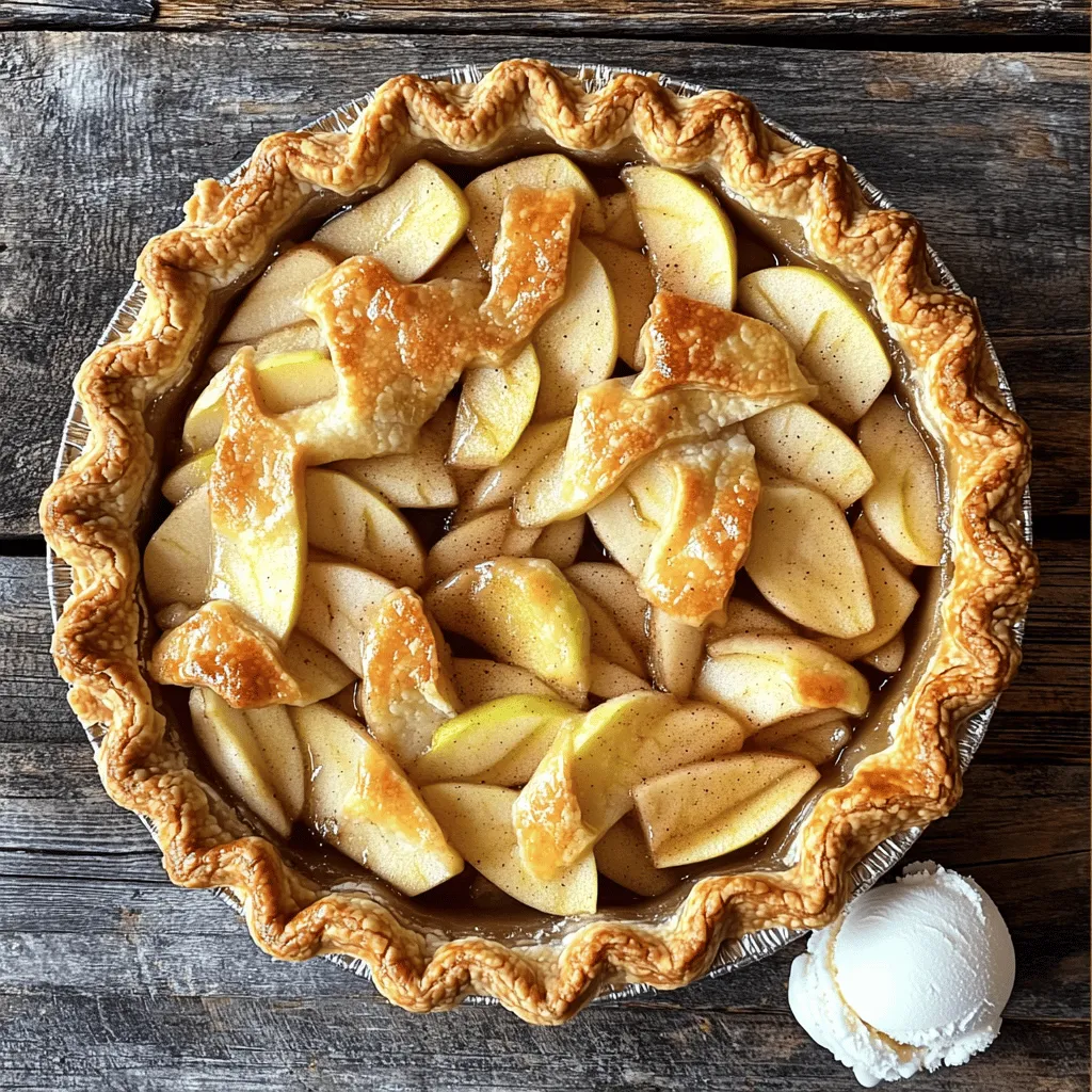- 6 cups of thinly sliced apples - 3/4 cup granulated sugar - 1 teaspoon ground cinnamon - 1/4 teaspoon ground nutmeg - 2 tablespoons lemon juice - 1 tablespoon cornstarch - 2 tablespoons unsalted butter - 1 egg (for egg wash) - Pre-made pie crusts or homemade pie crust - Pinch of salt To make a classic homemade apple pie, you need fresh apples. I like using a mix of Granny Smith and Honeycrisp. This blend gives a good sweet and tart flavor. You also need sugar, cinnamon, and nutmeg to spice up the filling. Adding lemon juice brightens the taste. Cornstarch helps thicken the filling. It keeps the pie from being too runny. You will also need butter to make the filling rich. For the crust, you can use pre-made pie crusts or make your own from scratch. An egg wash adds a nice golden color to the top. Finally, don’t forget a pinch of salt. It balances all the sweet flavors in your pie. Gather these ingredients, and you’re ready to start making a pie that will impress everyone! First, you need to preheat your oven to 425°F (220°C). This high heat helps set the crust just right. Next, grab a large mixing bowl. Add 6 cups of thinly sliced apples. I like using a mix of Granny Smith and Honeycrisp apples for a great taste. Add 3/4 cup of granulated sugar, 1 teaspoon of ground cinnamon, and 1/4 teaspoon of ground nutmeg. Then, squeeze in 2 tablespoons of fresh lemon juice. This brightens the flavor. Sprinkle in 1 tablespoon of cornstarch and a pinch of salt. Toss everything gently. You want to coat the apples well. Let this sit for about 10 minutes. This lets the flavors mix and the juices flow. Now, roll out one of your pie crusts. Use a lightly floured surface to keep it from sticking. You want it to fit into your 9-inch pie pan. Let it hang over the edges a bit. Pour your apple filling into the crust. Spread the apples evenly for the best taste. Dot the filling with small pieces of 2 tablespoons of unsalted butter. This makes the pie rich and tasty. Roll out the second pie crust. Carefully place it on top of the apple filling. Trim any extra dough from the edges. Crimp the edges together to seal it well. Make several slits in the top crust. This helps steam escape while baking. Brush the top crust with 1 beaten egg for a golden look. Put the pie on a baking sheet. This catches any spills. Place it in your preheated oven. Bake at 425°F (220°C) for 15 minutes. After that, lower the temperature to 350°F (175°C) and bake for another 30-35 minutes. Watch for the pie to turn golden brown. The filling should bubble up through the slits. When done, take it out and let it cool on a wire rack. Allow at least 2 hours before slicing. This waiting time helps the filling set, making it easier to serve. To make a flaky crust, use cold ingredients. Cold butter and water help create layers. Cut the butter into the flour until it looks like crumbs. Then, add cold water little by little. Mix until just combined. Avoid overworking the dough, or it will become tough. Chilling the dough is key. Wrap it in plastic and refrigerate for at least 30 minutes. This step relaxes the gluten and firms up the fat. A chilled dough rolls out smoothly and holds its shape better. For the best apple pie, you need the right apples. A mix of Granny Smith and Honeycrisp works well. Granny Smith apples are tart and hold their shape. Honeycrisp adds a nice sweetness and crunch. Add spices to enhance the flavor. Ground cinnamon and nutmeg bring warmth and depth. A splash of lemon juice brightens the filling. It balances the sweetness and keeps the apples fresh. Understanding baking temperatures is crucial. Start at a high temperature of 425°F (220°C) for the first 15 minutes. This helps set the crust quickly. Then, lower the heat to 350°F (175°C) to bake the pie evenly. To know when your pie is done, look for a golden crust and bubbling filling. If the crust browns too fast, cover it with foil. Let the pie cool for at least 2 hours before slicing. This helps the filling set nicely. {{image_4}} You can change the crust for your apple pie. A lattice crust looks fancy and lets steam escape. To make it, cut the top crust into strips and weave them over the filling. This method adds a nice touch to your pie. You can also try a crumb topping. Mix flour, brown sugar, and butter until it resembles coarse crumbs. Sprinkle this mixture on top of your filling instead of a full crust. This gives a nice crunch to each bite. There are many ways to change the flavor of your apple pie. Adding caramel gives it a rich taste. You can use caramel sauce, drizzled over the apples before sealing the crust. Nuts can also add a nice crunch. Chopped walnuts or pecans mixed in with the apples create a new texture. You can switch up the spices too. Instead of just cinnamon and nutmeg, try adding ginger or allspice. These spices bring warmth and depth to the pie’s flavor. Serving your apple pie warm is a classic choice. It pairs perfectly with vanilla ice cream. The cold ice cream melts into the warm pie, creating a delicious mix. Whipped cream is another great option. A dollop on top adds a light and airy touch. Some people enjoy pie chilled. This lets the flavors set even more. You can enjoy it plain or with a side of yogurt for a creamy contrast. To keep your apple pie fresh, you need the right storage methods. If you have leftover pie, the best way to store it is in the fridge. Place the pie in an airtight container or cover it tightly with plastic wrap. This helps keep the pie moist and prevents it from absorbing other smells in the fridge. If you want to save the pie for later, you can freeze it. Wrap the cooled pie in plastic wrap, then in aluminum foil. This double wrapping keeps the pie safe from freezer burn. You can freeze it for up to three months. When you’re ready to eat it, just thaw it in the fridge overnight. When you want to enjoy a slice of your pie, reheating it right is key. The best way to reheat slices is in the oven. Preheat the oven to 350°F (175°C). Place the slice on a baking sheet and cover it loosely with foil. Heat for about 10-15 minutes. This method keeps the crust crisp and warm. To avoid a soggy crust when reheating, avoid the microwave. The microwave can make the crust chewy and wet. By using the oven, you ensure a warm, tasty slice with a nice crust. Enjoy your pie as if it was just baked! Yes, you can use frozen apples. They work well if you thaw and drain them first. This step helps reduce extra moisture. If you skip this, your pie might be too wet. To make it easier, use apples that are already sliced before freezing. To stop your filling from being runny, use cornstarch as a thickener. Mix it well with the apples and sugar. Allow the apple mixture to sit for at least ten minutes. This lets the apples release some juice. You can also use less sugar if your apples are sweet. The best apples for baking are Granny Smith and Honeycrisp. Granny Smith apples are tart and hold their shape well. Honeycrisp apples are sweet and add great flavor. You can mix both for a balanced taste. Other good options include Fuji and Braeburn apples. Yes, you can make apple pie ahead of time. You can bake it one day in advance. Just store it at room temperature, covered with a cloth. If you want to make it even earlier, freeze it unbaked. Bake it straight from the freezer; just add extra time. You now have all the steps to create a delicious apple pie. Start with the right ingredients and follow the instructions carefully. Use tips to perfect your crust and filling. Don’t forget to explore variations to make each pie unique. Whether you serve it warm with ice cream or store it for later, your apple pie will be a hit. Enjoy baking and sharing this classic dessert with family and friends!