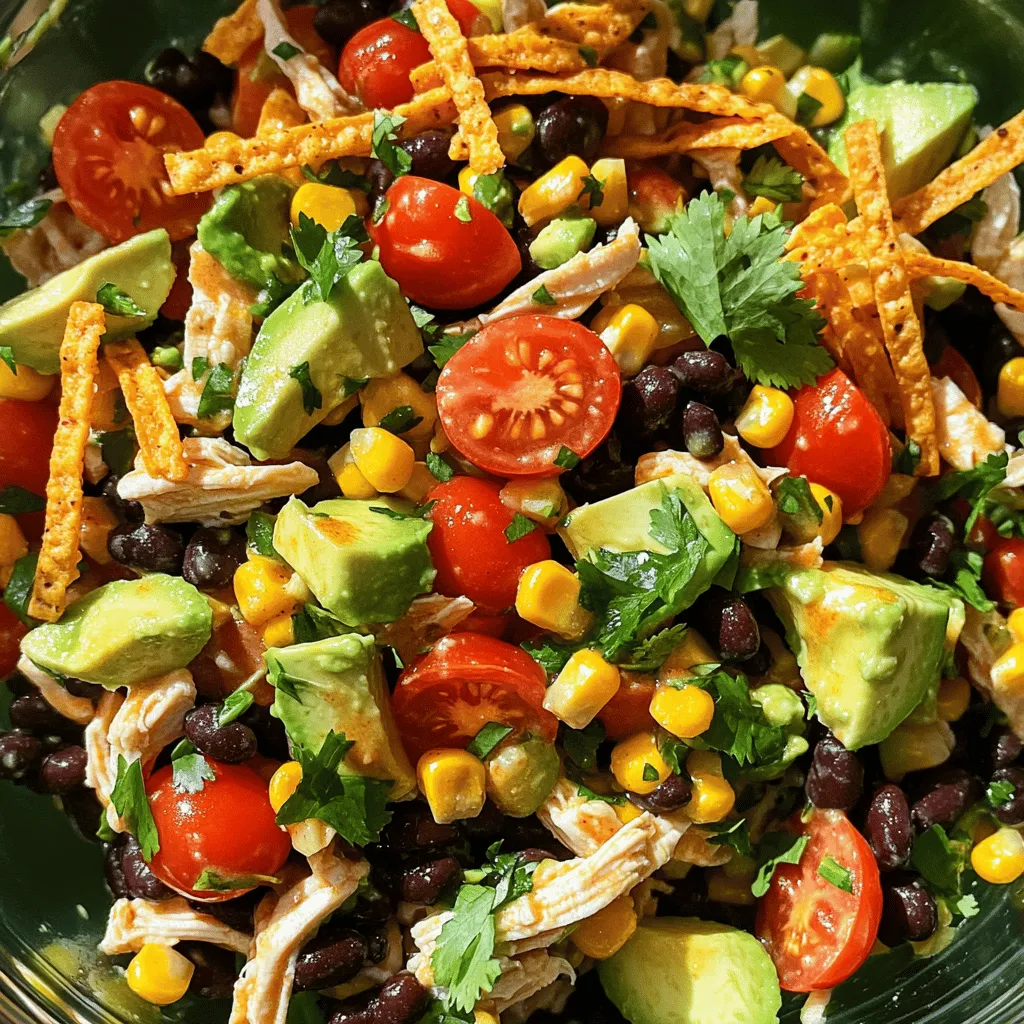 For this salad, gather the following ingredients: - 2 cups cooked chicken breast, shredded - 1 can (15 oz) black beans, rinsed and drained - 1 cup corn kernels (fresh or frozen) - 1 cup cherry tomatoes, halved - 1 red bell pepper, diced - 1/2 red onion, finely chopped - 1 ripe avocado, diced - 1/4 cup fresh cilantro, chopped - Juice of 2 limes - 3 tablespoons extra virgin olive oil - 1 teaspoon ground cumin - 1 teaspoon chili powder - Sea salt and freshly ground black pepper to taste - Crispy tortilla strips for garnish When selecting your ingredients, look for bright colors and firm textures. Fresh vegetables should feel crisp, not wilted. Choose ripe avocados that yield slightly when pressed. For tomatoes, pick ones that smell fragrant and have smooth skin. For canned beans, check the label for low sodium options. Fresh herbs should look vibrant and smell strong. These choices will create a salad that bursts with flavor. This salad is packed with nutrients. It offers protein from chicken and black beans, fiber from the beans and vegetables, and healthy fats from the avocado. Each serving provides a good balance of vitamins and minerals. The lime juice adds vitamin C, while the olive oil provides healthy monounsaturated fats. Enjoy this salad as a great option for a light lunch or dinner. It’s healthy, filling, and delicious! To start, gather your ingredients. You need cooked chicken, black beans, corn, cherry tomatoes, red bell pepper, red onion, avocado, and cilantro. 1. In a large bowl, add 2 cups of shredded chicken. 2. Next, add 1 can of black beans that you rinsed and drained. 3. Toss in 1 cup of corn kernels, either fresh or frozen. 4. Now, add 1 cup of halved cherry tomatoes. 5. Dice 1 red bell pepper and add it to the mix. 6. Finely chop 1/2 of a red onion and add that too. 7. Dice 1 ripe avocado and mix it in gently. 8. Finally, sprinkle in 1/4 cup of chopped cilantro. 9. Use a spatula to gently combine everything. The dressing brings life to this salad. 1. In a small bowl, squeeze the juice of 2 limes. 2. Add 3 tablespoons of extra virgin olive oil. 3. Include 1 teaspoon of ground cumin and 1 teaspoon of chili powder. 4. Season with a pinch of sea salt and black pepper. 5. Whisk the mixture until it blends well. Now, let’s put it all together. 1. Drizzle the zesty dressing over the salad mix. 2. Use a folding motion to coat all the ingredients. 3. Taste and adjust seasoning if needed. 4. Let the salad rest for about 10 minutes. 5. Transfer to a large serving platter. 6. Garnish with crispy tortilla strips for a nice crunch. Try this recipe for a fresh and flavorful meal! You can find the Full Recipe for Zesty Southwest Chicken Salad above. Use fresh herbs like cilantro and lime juice. They brighten up the salad. Try adding a pinch of smoked paprika for a smoky twist. Ground cumin and chili powder bring warmth and depth. If you want more heat, add diced jalapeño. Spice blends can also work well. Experiment with your favorites. Prep ingredients ahead of time for easy assembly. Store each component separately in the fridge. This keeps the salad fresh and crisp. Mix the dressing just before serving. This way, the salad won't get soggy. For meal prep, use portioned containers. This makes it easy to grab and go. Presentation matters! Use crispy tortilla strips for texture. They add crunch and look great on top. You can also sprinkle extra cilantro for color. For a pop of color, add sliced radishes or cherry tomatoes. A lime wedge on the side adds a nice touch too. These simple garnishes make your salad more inviting. Enjoy creating your Zesty Southwest Chicken Salad with these tips! For the complete recipe, check out the [Full Recipe]. {{image_4}} You can change the chicken in this salad to fit your diet. Use grilled shrimp or tofu for a fun twist. If you want a vegetarian option, chickpeas or lentils work well. These choices keep the protein high while adding new flavors. While the lime dressing shines, you can swap it out for variety. A creamy avocado dressing adds richness. Mix yogurt with lime juice for a tangy twist. For a spicy kick, try a chipotle ranch dressing. Each dressing brings its own special taste to the salad. Feel free to make this salad your own. Add diced cucumber for a crunch or shredded carrots for sweetness. You can even toss in some spinach or arugula for extra greens. If you love heat, sliced jalapeños can bring a fiery flavor. The more colorful and varied your veggies, the better your salad will taste. Explore all these options to keep your Zesty Southwest Chicken Salad fresh and exciting. For the complete recipe, be sure to check out the Full Recipe. To keep your Zesty Southwest Chicken Salad fresh, store it in the fridge. Place the salad in an airtight container. Make sure to seal it tightly to lock in flavors. If you have leftover dressing, store it separately. This keeps the salad crisp and tasty. Use glass or BPA-free plastic containers for storage. Glass containers are great for keeping flavors intact. They are also easy to clean. Choose containers that are the right size for your salad. This will prevent excess air from getting in. The salad stays fresh in the fridge for about 3 days. If you see any changes in color or smell, it’s time to toss it. The avocado may brown faster, so eat it sooner. For the best taste, enjoy your salad within the first two days. The best way to cook chicken for this salad is to grill or bake it. Grilling gives a nice smoky flavor. Baking keeps it tender and juicy. Use boneless chicken breasts for ease. Cook the chicken until it reaches 165°F. Let it rest before shredding. This keeps the juices inside. You can also use leftover rotisserie chicken if you're in a hurry. Yes, you can make Zesty Southwest Chicken Salad ahead of time. This salad tastes even better after chilling. Prepare the salad and store it in the fridge. Just wait to add the avocado until serving. This helps it stay fresh and bright. The flavors meld well when it sits. Aim to eat it within 2 days for the best taste. Avoid adding too much dressing at once. You want to coat, not drown, the salad. Also, be careful with seasoning. Taste as you go to find the right balance. Don't skip resting the salad. This step is key for flavor development. Lastly, use fresh ingredients for the best taste. Check that your beans and corn are rinsed well. These tips will help you make a perfect salad every time. Zesty Southwest Chicken Salad is easy and fun to make. We went over the best ingredients and tips for freshness. I shared step-by-step instructions and ways to enhance flavor. You learned about substitutes and how to store your salad well. With these ideas, you can enjoy a tasty meal. Don't be afraid to try new flavors or variations. Enjoy crafting your salad!