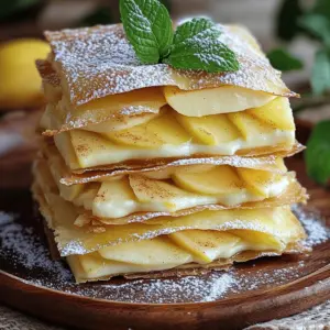 - 4 large apples (Granny Smith or Honeycrisp), thinly sliced - 2 tablespoons fresh lemon juice - 1 teaspoon ground cinnamon - 1 cup almond flour - 1 cup gluten-free all-purpose flour - 1/2 cup melted coconut oil or unsalted butter - 1/4 cup maple syrup or honey - 1 teaspoon pure vanilla extract - 1/4 teaspoon sea salt - For the Vanilla Custard: - 2 cups almond milk (or your choice of plant-based milk) - 1/4 cup cornstarch - 1/4 cup granulated sugar - 1 teaspoon pure vanilla extract Each ingredient plays a key role in this recipe. The apples bring natural sweetness and flavor. I prefer Granny Smith for tartness or Honeycrisp for sweetness. Lemon juice helps keep apples fresh and adds brightness. Ground cinnamon gives warmth and depth. The flours provide the base for our layers. Almond flour adds a nutty flavor, while gluten-free flour gives structure. Coconut oil or butter keeps the dough soft and rich. Maple syrup or honey adds sweetness and moisture. Vanilla extract enhances the overall flavor, and sea salt balances sweetness. For the custard, almond milk creates a creamy base. Cornstarch thickens the custard to the right consistency. Granulated sugar adds sweetness, while more vanilla extract deepens the flavor. If you can't find almond flour, try using oat flour or rice flour. Both work well in gluten-free recipes. You can swap coconut oil for vegetable oil or ghee if you prefer. Maple syrup can be replaced with agave syrup for a different taste. For the custard, any plant-based milk, like soy or oat milk, can be used. If you want to avoid sugar, try using a sugar substitute like stevia or monk fruit. Always adjust based on your taste preference. First, grab your apples. I love using Granny Smith or Honeycrisp for this. Slice them thinly. Toss the apple slices in a bowl with fresh lemon juice and ground cinnamon. This mix helps keep the apples fresh and tasty. Let it sit for about 15 minutes. This wait time deepens the flavor and prevents browning. Next, we’ll make the dough. In a large mixing bowl, combine almond flour, gluten-free all-purpose flour, melted coconut oil (or butter), maple syrup (or honey), pure vanilla extract, and sea salt. Mix these ingredients well. You want a slightly sticky dough. If it feels too sticky, add a bit more almond flour. Now, preheat your oven to 350°F (175°C). Lay out two sheets of parchment paper on your counter. Roll out the dough between these sheets until it’s about 1/4 inch thick. Cut the dough into rectangles that are roughly 3x5 inches. Place the cut pieces on a baking sheet lined with parchment. Bake them for 12-15 minutes. Look for golden edges. Once baked, let them cool on the sheet. While the layers cool, let’s prepare the vanilla custard. In a medium saucepan, mix almond milk, cornstarch, granulated sugar, and pure vanilla extract. Whisk it until smooth. Put the pan over medium heat. Stir constantly until the custard thickens, which takes about 5-7 minutes. Once thickened, take it off the heat and let it cool a bit. To assemble, take one baked dough rectangle as your base. Spread a layer of vanilla custard on top. Next, add a layer of marinated apple slices. Repeat these layers, finishing with one more dough rectangle on top. This will create a nice look. Finally, place your assembled mille feuille in the fridge. Let it chill for at least one hour. This chilling helps the layers set and flavors meld. When ready to serve, cut it into squares. You can sprinkle powdered sugar or extra cinnamon on top. Enjoy this tasty treat! To make the best dough, use fresh almond flour. This adds flavor and moisture. Mix the dry and wet ingredients well. If your dough feels too sticky, add a bit more almond flour. Roll the dough between two sheets of parchment paper. This keeps it from sticking and makes cleanup easy. Cut the dough into neat rectangles for even baking. You can change the flavor by adding spices. Consider nutmeg or cardamom to complement the cinnamon. You might also add a splash of almond extract for a nutty twist. For a fruity touch, try mixing in some orange zest. This will brighten the flavors and make it unique. Store leftover mille feuille in the fridge. Place it in an airtight container to keep it fresh. When ready to eat, let it sit at room temperature for a few minutes. This helps revive the flavors. Avoid reheating in the microwave, as this can make the dough soggy. Instead, enjoy it cold for a refreshing treat. {{image_4}} You can switch apples for other fruits. Pears work well and add sweetness. Berries like strawberries or raspberries can add a nice tartness. You can even use peaches or nectarines for a summer twist. Each fruit gives a new flavor to the mille feuille. Experiment with your favorite fruits for fun results. While vanilla custard is classic, you can change it up. Try adding cocoa powder for chocolate custard. You can also use matcha powder for a green tea flavor. Want a fruity kick? Mix in some pureed fruit, like mango or strawberry. Each custard variation brings a new level of taste to your dish. Toppings can elevate your mille feuille. A dusting of powdered sugar adds sweetness and class. Chopped nuts like almonds or pistachios give a nice crunch. Fresh mint leaves not only look great but add freshness. For a richer finish, drizzle some melted chocolate on top. Choose your favorite toppings for a personal touch. You should store the gluten-free apple mille feuille in the fridge. Place it in an airtight container. This keeps it fresh and helps maintain the layers' texture. It’s best to chill it for at least one hour before serving. This allows the flavors to blend beautifully. If you want to freeze the mille feuille, wrap it well. Use plastic wrap and then aluminum foil. This method prevents freezer burn. When you're ready to enjoy it, thaw it overnight in the fridge. Reheat in the oven at a low temperature for a few minutes to restore crispness. The mille feuille lasts about 3-4 days in the fridge. After that, it may lose its taste and texture. Always check for freshness before eating. If the custard looks watery or the dough feels soggy, it’s best to toss it. Enjoy it while it’s fresh for the best experience! A mille feuille is a French dessert. It means "a thousand layers." Typically, it has layers of pastry and cream. In this recipe, we use gluten-free dough with apple and custard layers. Each bite offers a mix of textures and flavors. Yes, you can make this recipe vegan. Use plant-based milk for the custard. Replace coconut oil or butter with vegan butter. Maple syrup is already vegan, so you can keep it as is. To make this recipe nut-free, use gluten-free flour blends that do not contain nuts. Instead of almond milk, choose oat milk or soy milk. Ensure all ingredients are nut-free and safe for your dietary needs. "Gluten-free" means this recipe does not include wheat or gluten. We use gluten-free all-purpose flour and almond flour. This option is great for those with gluten intolerance or celiac disease. If you have leftovers, store them in the fridge. Keep them in an airtight container. To serve, let them sit at room temperature for a few minutes. This helps the layers soften. Enjoy them within a few days for the best taste. In this post, we explored the key ingredients needed for a delicious mille feuille. We discussed each ingredient's role, offered substitutes, and shared step-by-step instructions for preparation and assembly. I also included tips for perfecting your dough and creative variations to try. Remember, the joy is in making this dessert your own. Enjoy your cooking adventure and impress your friends with your tasty mille feuille!