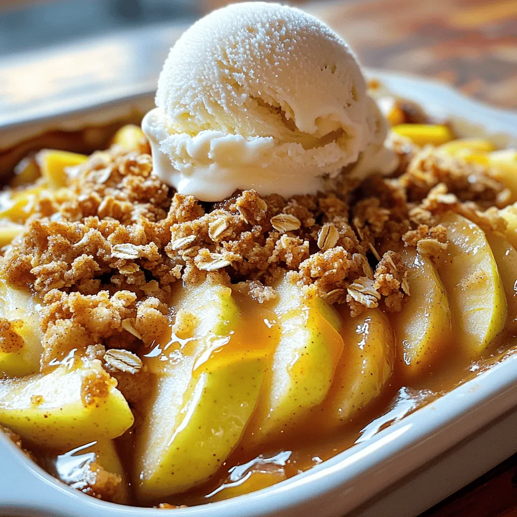 - 6 cups apples, peeled, cored, and sliced (mix of tart and sweet like Granny Smith and Fuji) - 1 tablespoon fresh lemon juice - 1 cup rolled oats - 1 cup all-purpose flour - 1 cup packed light brown sugar - 1 teaspoon ground cinnamon - 1/4 teaspoon ground nutmeg - 1/2 cup unsalted butter, melted and slightly cooled - 1/4 teaspoon fine sea salt - Optional: creamy vanilla ice cream for serving Choose apples with a mix of tart and sweet flavors. Granny Smith apples offer tartness, while Fuji apples add sweetness. Look for firm apples with smooth skin. Avoid any with bruises or soft spots. Fresh apples make the best crisp. If you can, buy local apples in season. This ensures great taste and support for local farmers. Serve the apple crisp warm for the best taste. A scoop of creamy vanilla ice cream on top adds richness. You can drizzle warm caramel sauce over the crisp for extra sweetness. A sprinkle of cinnamon or chopped nuts can enhance the flavor and texture. For a fun twist, try adding some dried fruits or a pinch of sea salt. This makes each bite even more exciting! 1. Preheat your oven to 350°F (175°C). This gets it hot for baking. 2. In a large bowl, toss the sliced apples with lemon juice. This keeps them fresh and tasty. 3. In another bowl, mix the rolled oats, flour, brown sugar, cinnamon, nutmeg, melted butter, and salt. Use your fingers or a fork. Aim for a crumbly texture that looks like wet sand. 4. Grease a 9x13 inch baking dish with butter or spray. Spread the apple mixture evenly in the dish. This helps them cook well. 5. Sprinkle the crumbly oat mixture over the apples. Cover them completely for a nice texture contrast. 1. Place the baking dish in the oven. Bake for 40-45 minutes. The apples should be soft and the topping should be golden brown. 2. Keep an eye on it as it bakes. The smell will make your mouth water! 1. After baking, take it out and let it cool for about 10 minutes. This helps the juices settle. 2. Serve the crisp warm in bowls. Top it with creamy vanilla ice cream. For a special touch, drizzle caramel sauce and sprinkle cinnamon on top. Enjoy every bite! To get the best texture in your apple crisp, you want a good balance. The apples should be soft, but not mushy. Use a mix of tart and sweet apples, like Granny Smith and Fuji. This combo gives you a nice contrast in flavor. Tossing the apples with lemon juice helps keep them fresh and bright. For the topping, mix the oats, flour, and sugar until it feels crumbly. This gives that perfect crunch on top. One common mistake is using only one type of apple. Stick to a mix for the best taste. Another mistake is cutting the apples too thick. Aim for thin slices so they cook evenly. Also, don’t skip the lemon juice. It helps the apples stay fresh and adds a nice zing. Finally, avoid overbaking. Watch for that golden brown color on top. If you leave it too long, the crisp can become dry. To boost flavor, try adding a dash of vanilla extract to the topping. You can also sprinkle in some chopped nuts for extra crunch. For a lovely presentation, serve the warm apple crisp in bowls. Top each bowl with a scoop of creamy vanilla ice cream. Drizzle with caramel sauce and sprinkle a pinch of cinnamon on top. These small touches make your dessert look and taste even better. {{image_4}} You can easily make this apple crisp gluten-free. Just swap all-purpose flour with a gluten-free blend. Most gluten-free flours work well. Make sure the blend includes xanthan gum for good texture. Your crisp will still taste great without gluten! Add nuts or dried fruits for extra flavor and crunch. Chopped walnuts or pecans add a nice bite. You can also mix in dried cranberries or raisins for sweetness. Just toss them into the apple mix or the topping. This simple change makes your crisp even more special. Enhance your apple crisp with fun flavor add-ins. A splash of vanilla extract boosts the taste. You can also drizzle caramel sauce over the top before baking. Both options give your dessert a unique twist. Experiment with spices like ginger or cardamom to create your own signature flavor. To keep your apple crisp fresh, let it cool completely. Once it is cool, cover it with plastic wrap or foil. You can also place it in an airtight container. Store it in the fridge. It will last for up to three days. To reheat your apple crisp, preheat the oven to 350°F (175°C). Place the crisp in an oven-safe dish. Cover it with foil to prevent over-browning. Heat for about 15-20 minutes, or until warm throughout. You can also use the microwave for quick reheating. Just heat it in short bursts, checking often. If you want to freeze apple crisp, let it cool first. Then, wrap it tightly in plastic wrap or foil. You can also use a freezer-safe container. It will keep well for up to three months in the freezer. When ready to eat, thaw it overnight in the fridge. Reheat it in the oven to restore its crispiness. Yes, you can make apple crisp ahead of time. Prepare the apple mixture and topping separately. Store them in the fridge. When you’re ready to bake, layer them and pop it in the oven. It’s best to bake it fresh for the best texture. However, you can bake it in advance and reheat it later. For apple crisp, I recommend using a mix of tart and sweet apples. Granny Smith adds a nice tartness. Fuji brings sweetness and juiciness. Other great choices include Honeycrisp, Jonagold, and Braeburn. Mixing these apples gives your crisp a great flavor balance. Absolutely! You can swap white flour for whole wheat flour. Use rolled oats to add fiber. Instead of brown sugar, try maple syrup or honey. You can even replace butter with coconut oil. These swaps keep the taste while making it a bit healthier. Check your apple crisp after 40 minutes of baking. The apples should be tender and bubbly. The topping should look golden brown. If you poke the apples with a fork, they should feel soft but not mushy. Let it cool for 10 minutes before serving. You learned about the key ingredients for a great apple crisp, from selecting the best apples to adding tasty toppings. I shared step-by-step instructions for preparation, baking, and serving. I also gave you tips for texture and common mistakes to avoid. You discovered variations like gluten-free options and tasty add-ins. Lastly, I covered how to store leftovers and answered common questions. Now, you are ready to make your own delicious apple crisp! Enjoy this easy and tasty dessert anytime.