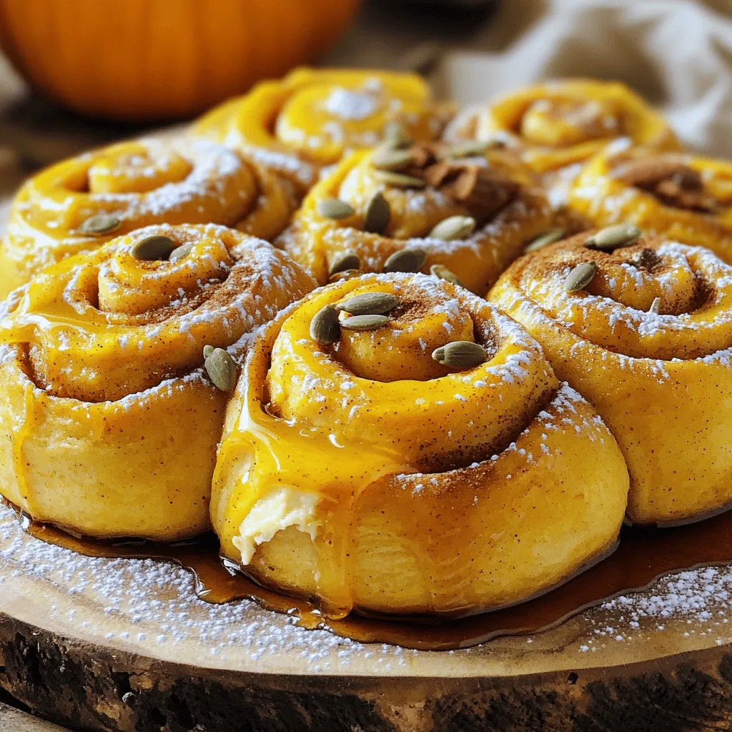 To make these delightful pumpkin cream cheese cinnamon rolls, gather the following: - 2 ½ cups all-purpose flour, plus extra for dusting - ¼ cup granulated sugar - 2 teaspoons instant yeast - ½ teaspoon salt - 1 teaspoon ground cinnamon - ½ teaspoon ground nutmeg - ½ cup milk, warmed to around 110°F (43°C) - ¼ cup unsalted butter, melted and slightly cooled - 1 large egg, at room temperature - ½ cup pumpkin puree (canned or fresh) - 1 teaspoon vanilla extract - 1 cup cream cheese, softened to room temperature - ½ cup powdered sugar, sifted - 1 tablespoon maple syrup - Additional cinnamon and sugar mix for sprinkling (1 tablespoon cinnamon mixed with 2 tablespoons sugar) If you need to convert measurements, here are some helpful guidelines: - 1 cup = 240 ml - ½ cup = 120 ml - ¼ cup = 60 ml - 1 tablespoon = 15 ml - 1 teaspoon = 5 ml These conversions help when you want to adjust your recipe for different serving sizes. Using high-quality ingredients makes a big difference. Here are some tips: - Flour: Choose all-purpose flour for the best texture. - Pumpkin Puree: Fresh pumpkin adds flavor, but canned is fine. - Cream Cheese: Use full-fat cream cheese for a rich filling. - Spices: Fresh spices enhance the taste. Ground spices can lose their flavor over time. - Butter: Unsalted butter lets you control salt levels better. Getting these ingredients right ensures your rolls taste amazing! To start, gather a large mixing bowl. In it, whisk together 2 cups of flour, granulated sugar, instant yeast, salt, ground cinnamon, and nutmeg. Mix them well until they look even. In a separate bowl, combine warm milk, melted butter, egg, pumpkin puree, and vanilla extract. Whisk this mixture until it’s smooth. Now, pour the wet mix into the dry mix gradually. Stir gently until they come together. Next, slowly add the remaining flour, half a cup at a time. Keep mixing until the dough is soft and slightly sticky. Turn the dough onto a floured surface. Knead it for about 5-7 minutes until it feels smooth and elastic. Place the kneaded dough in a greased bowl. Cover it with a clean kitchen towel and let it rise in a warm area for about an hour or until it doubles in size. While the dough is rising, let’s prepare the cream cheese filling. In a medium bowl, beat the softened cream cheese, powdered sugar, and maple syrup together with a mixer. Mix until the filling is smooth and creamy. Set this aside for later use. After the dough has risen, turn it out onto a floured surface. Roll it into a rectangle that is about ¼ inch thick. Next, spread the cream cheese filling evenly over the dough. Be sure to leave a small ½ inch border around the edges. Now, sprinkle the cinnamon and sugar mixture on top of the filling. Starting from one long edge, carefully roll the dough into a tight log. Make sure the filling stays inside. Once you have your log, slice it into 12 equal pieces. Arrange the rolls in a greased baking dish, leaving some space between them. Cover the dish with a towel and let them rise for another 30 minutes. During the last few minutes of the rise, preheat your oven to 350°F (175°C). Bake the cinnamon rolls for 25-30 minutes. They should be golden brown and puffed up. After baking, let them cool for a few minutes. You can drizzle them with extra maple syrup or dust with powdered sugar for added sweetness. Kneading dough is key to great rolls. To start, dust your work surface with flour. Next, place your dough on this surface. Press the dough with your palms, then fold it over. Turn the dough a quarter turn and repeat. Keep kneading for about 5 to 7 minutes. The dough should feel smooth and elastic. If it sticks, add a bit more flour. For the dough to rise well, warmth is important. Place the dough in a greased bowl. Cover it with a clean towel. Find a warm spot in your kitchen. This could be near a sunny window or on a warm stove. Let it rise for about 1 hour. When it doubles in size, it’s ready! Presentation makes your rolls even more special. After baking, let them cool for a few minutes. Drizzle with maple syrup for sweetness. Dust with powdered sugar for a pretty touch. For fun, add a sprinkle of cinnamon on top. You can also garnish with pumpkin seeds or mint leaves. This adds color and flair to your treats. Enjoy showing off your delicious work! {{image_4}} You can change the filling in these rolls. Nutella adds a rich, chocolatey taste. It melts in the heat and gives a sweet surprise. Chocolate chips are another great option. They melt and mix well with the cream cheese. You can even try adding nuts for a crunch. Walnuts or pecans add texture and flavor. For a healthier twist, use whole wheat flour. It adds fiber and a nutty taste. You can also swap in Greek yogurt for cream cheese. This change gives a tangy flavor and cuts fat. If you want less sugar, reduce the granulated sugar. Use sweet spices like cinnamon to balance the flavor. Make these rolls festive by adding cranberries. They bring a tartness that pairs well with pumpkin. You can mix in chopped cranberries with the cream cheese filling. This adds color and a burst of flavor. Dried cranberries work too and are easier to find. You can also spice it up with ginger or cloves. These spices bring warmth and a holiday feel to your rolls. After baking your pumpkin cream cheese cinnamon rolls, let them cool to room temperature. Once cooled, place them in an airtight container. This keeps them fresh for up to three days. You can also wrap each roll tightly in plastic wrap. This method helps prevent them from drying out. If you want to keep your rolls for longer, freezing is a great option. First, let the rolls cool completely. Then, place them in a single layer on a baking tray. Freeze them for about one hour until solid. After that, transfer the rolls to a freezer bag. Remove as much air as possible before sealing. They can last up to three months in the freezer. To enjoy your rolls again, reheat them in the oven. Preheat your oven to 350°F (175°C). Place the rolls on a baking sheet and cover them with foil. Heat for about 10-15 minutes. If you want them warm and soft, you can microwave one roll for about 20-30 seconds. Always check the center to ensure it’s warm. Enjoy them fresh like the first day! Yes, you can use fresh pumpkin. Just cook and puree it first. Fresh pumpkin gives a bright flavor. It may also add a little more moisture. Make sure to drain any excess water. You can replace instant yeast with active dry yeast. Use the same amount, but you need to activate it first. Mix it with warm water and a little sugar. Let it sit until it bubbles. These rolls last about 2-3 days at room temperature. Store them in an airtight container. You can also keep them in the fridge for up to a week. Yes, you can make them ahead. Prepare the rolls and let them rise. Then, cover and refrigerate them overnight. Bake them fresh in the morning for a warm treat. Serve these rolls warm for the best taste. Drizzle with maple syrup or dust with powdered sugar. You can also add a sprinkle of cinnamon for extra flavor. Enjoy with a cup of coffee or tea! In this post, we covered every step to make perfect Pumpkin Cream Cheese Cinnamon Rolls. We looked at key ingredients, their quality, and even how to measure them. I shared tips on kneading, rising dough, and adding special touches for a great look. You can also explore fun variations and know how to store your rolls properly. Remember, with a bit of care and creativity, you can enjoy these rolls anytime. Dive into your kitchen and make something delicious!