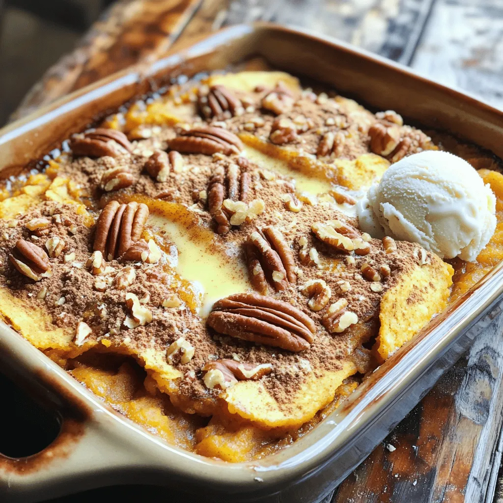 - 1 cup pumpkin puree - 1 cup light brown sugar - 1/2 cup granulated sugar - 1/4 cup unsalted butter, melted - 2 large eggs, at room temperature - 1 teaspoon vanilla extract - 1 teaspoon ground cinnamon - 1/2 teaspoon ground nutmeg - 1/2 teaspoon salt - 1 cup all-purpose flour - 1 teaspoon baking powder - 1 cup toasted pecans, roughly chopped (plus extra for topping) - 1 cup milk, warmed When measuring ingredients, use dry and liquid measuring cups. For dry items like flour and sugar, scoop and level them off. This method ensures accurate amounts. For liquids, use a clear measuring cup with markings. Always check at eye level to avoid errors. Using fresh ingredients makes a big difference. Choose pure pumpkin puree without added sugar or spices. For the best flavor, use fresh eggs at room temperature. This helps them mix better. Select high-quality butter for a rich taste. When picking pecans, look for ones that are crunchy and fragrant. Avoid any that smell off or have a soft texture. These tips help your cobbler taste amazing! For the full recipe, check out the instructions provided above. First, preheat your oven to 350°F (175°C). Grab a 9x13-inch baking dish. Grease it well with butter or a non-stick spray. This step helps prevent the cobbler from sticking. A well-prepped dish makes serving so much easier. In a large bowl, combine 1 cup of pumpkin puree, 1 cup of light brown sugar, and 1/2 cup of granulated sugar. Pour in 1/4 cup of melted unsalted butter. Whisk these ingredients together until they blend smoothly. The mixture should look creamy and inviting. Next, add in 2 large eggs and 1 teaspoon of vanilla extract. Whisk again until everything is well mixed. This forms the delicious base of your cobbler. Take another bowl and mix together 1 teaspoon of ground cinnamon, 1/2 teaspoon of ground nutmeg, 1/2 teaspoon of salt, and 1 cup of all-purpose flour. Add 1 teaspoon of baking powder to the mix. Stir these dry ingredients together. This ensures even flavor and texture throughout the cobbler. Gradually add the dry mixture to the wet ingredients. Stir gently until just combined; don’t over-mix. Next, warm 1 cup of milk and fold it into the batter. It should be smooth and creamy. Finally, gently stir in 1 cup of toasted pecans. Set aside a handful of pecans for topping later. This adds a nice crunch to your cobbler. Pour the thick batter into your greased baking dish. Use a spatula to spread it evenly. Sprinkle the reserved pecans on top for an added touch. Place the dish in your preheated oven. Bake for 35-40 minutes. The edges should turn golden brown. To check, insert a toothpick into the center; it should come out clean. Let the cobbler cool for about 10 minutes before slicing. For the Full Recipe, refer back to the ingredients section. Enjoy your sweet and nutty Pumpkin Pecan Cobbler! To get the best texture for your pumpkin pecan cobbler, mix gently. Over-mixing can lead to a dense cobbler. Combine the wet and dry ingredients until just mixed. The batter should be slightly lumpy. This creates a light and fluffy texture when baked. Use room temperature eggs for better mixing. Warm milk also helps achieve a smooth batter. One common mistake is not greasing the baking dish. This can cause your cobbler to stick. Make sure to coat it well with butter or spray. Another mistake is skipping the reserved pecans for topping. These add a great crunch and flavor. Lastly, do not open the oven door while baking. This can affect the temperature and cooking time. Serve your pumpkin pecan cobbler warm for the best taste. Top it with vanilla ice cream or whipped cream. A sprinkle of cinnamon on top can enhance the flavor. For a fun twist, try drizzling caramel sauce over each serving. You can also add some toasted pecans for extra crunch. Enjoy this dessert with a cup of hot coffee or spicy tea. For more ideas, check the Full Recipe for extra tips! {{image_4}} You can switch out some ingredients in your pumpkin pecan cobbler. Instead of granulated sugar, try using maple syrup. It adds a nice touch of flavor. You can also use almond flour instead of all-purpose flour for a gluten-free option. If you want more spice, add a pinch of ground ginger or cloves. For a nutty flavor, replace pecans with walnuts or hazelnuts. To make your cobbler even tastier, consider adding chocolate chips. They melt and create beautiful pockets of sweetness. You can also mix in dried cranberries for a tart kick. If you love spices, increase the cinnamon or nutmeg for a more intense flavor. A splash of bourbon or rum can enhance the taste too. Just a little will do! If you have allergies, it’s easy to adapt this recipe. Use a dairy-free butter substitute and almond milk for a lactose-free option. For egg-free versions, replace eggs with flaxseed meal. Mix 1 tablespoon of flaxseed with 3 tablespoons of water and let it sit until it thickens. This will help bind the cobbler. Remember, these changes can still lead to a tasty dish. Enjoy experimenting with your pumpkin pecan cobbler! To keep your pumpkin pecan cobbler fresh, store it in an airtight container. Let the cobbler cool completely. Then, wrap it in plastic wrap or place it in a container. This helps prevent drying out and keeps the flavors intact. You can store it in the fridge for up to five days. When you want to enjoy leftovers, reheating is easy. Preheat your oven to 350°F (175°C). Place the cobbler in an oven-safe dish. Cover it with foil to prevent burning. Heat for about 15 to 20 minutes. You can also microwave individual servings. Heat for 30 seconds to one minute, checking often to avoid overheating. If you want to save some cobbler for later, freezing works well. Cut the cobbler into squares. Wrap each piece tightly in plastic wrap. Then, place the wrapped pieces in a freezer bag. You can freeze it for up to three months. When ready to eat, thaw it in the fridge overnight. Reheat as mentioned above for a warm treat. You can find the full recipe to enjoy this delightful dessert. Cobbler has a thicker, cake-like topping. Pie has a flaky crust. Cobblers often use fruit on the bottom, while pies have a filling. This makes cobblers easier to prepare. You don't need to roll out dough for a cobbler. Both desserts are delicious but have unique textures. Yes, you can use fresh pumpkin. Cook the pumpkin until soft, then mash it. This gives a fresh taste. However, canned pumpkin is convenient and consistent. It saves time in the kitchen. Both options work well in this recipe. You can tell it's done when the edges turn golden brown. Insert a toothpick into the center; it should come out clean. If it has batter on it, bake a bit longer. This ensures your cobbler is cooked through and ready to enjoy. Serve your cobbler warm with ice cream. Vanilla pairs well with the flavors. You can also add whipped cream for a light touch. A sprinkle of cinnamon adds even more flavor. For a nutty crunch, top with extra pecans. Don't forget to check the Full Recipe for more ideas! In this post, we explored how to make a delicious Pumpkin Pecan Cobbler. We discussed the key ingredients, including measurement details and tips for quality. I shared step-by-step instructions, from prepping the baking dish to serving suggestions. We also covered variations and best storage practices. Remember, a great cobbler comes from choosing quality ingredients and mastering the process. Enjoy this treat with friends and family by using these tips to make it your own!