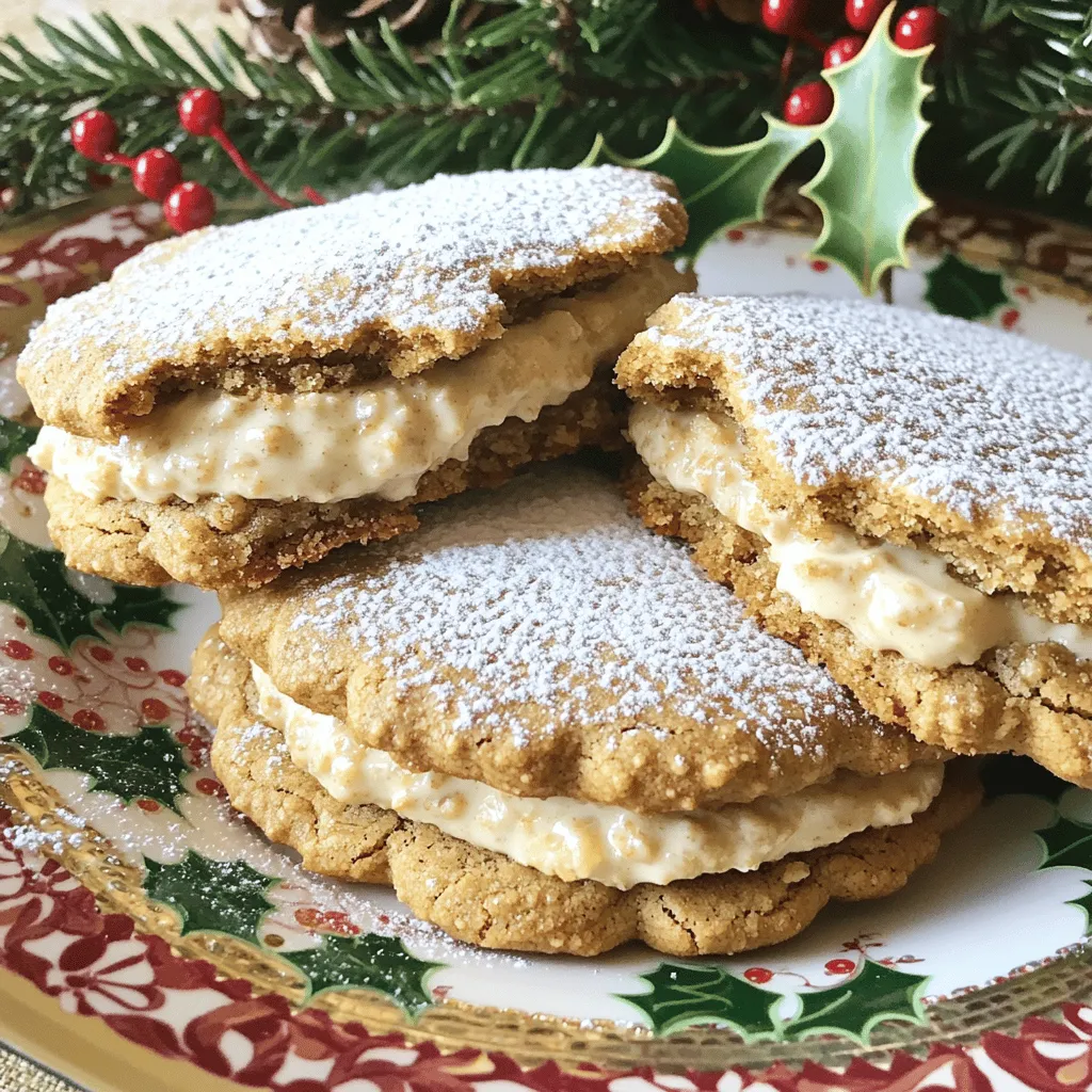 For the cookies, gather these items: - 1 ½ cups rolled oats - 1 cup whole wheat flour - 1 teaspoon baking soda - 1 teaspoon ground ginger - 1 teaspoon ground cinnamon - ¼ teaspoon ground nutmeg - ¼ teaspoon salt - ½ cup unsalted butter, softened - ½ cup packed brown sugar - ½ cup granulated sugar - 1 large egg - 1 teaspoon vanilla extract - ½ cup molasses For the cream filling, you will need: - 1 cup powdered sugar - ½ cup cream cheese, softened - 2 tablespoons unsalted butter, softened - 1 teaspoon vanilla extract These ingredients create the perfect balance of spice and sweetness. I love how the oats add a hearty texture to the cookies. The cream filling brings a smooth richness that complements the gingerbread flavor. If you follow the Full Recipe, you will have delightful treats to share or enjoy solo! First, set your oven to 350°F (175°C). This warm-up helps cookies bake evenly. While the oven heats, grab two baking sheets. Line each one with parchment paper. This step keeps cookies from sticking and makes clean-up easier. In a large bowl, mix the dry ingredients. Start with rolled oats, whole wheat flour, baking soda, ground ginger, ground cinnamon, ground nutmeg, and salt. Use a whisk to blend them well. Set this bowl aside. In another bowl, cream the butter and sugars. Use softened butter, brown sugar, and granulated sugar. A hand or stand mixer works best here. Beat the mixture on medium speed until it looks light and fluffy, which takes about three minutes. Next, add the egg, molasses, and vanilla extract. Mix until everything is smooth. Now, it's time to combine the dry and wet mixtures. Gradually add the dry ingredients to the wet mix. Stir gently until just combined. Be careful not to over-mix, or your cookies will turn out tough. Now, let’s form the cookies. Use a cookie scoop or two tablespoons. Portion out the dough and drop round balls onto the lined sheets. Space them about two inches apart. This gives them room to spread while baking. Place the sheets in your preheated oven. Bake for 10 to 12 minutes. Look for slightly golden edges and soft centers. When they are done, take them out and let the cookies cool on the sheets for about five minutes. After that, transfer them to a wire rack to cool completely. To get the best texture, do not over-mix your dough. Over-mixing can lead to tough cookies. When you combine the dry ingredients with the wet, stir gently until just mixed. This helps keep your cookies soft and chewy. Cooling is also important. After baking, let the cookies sit on the sheet for about 5 minutes. Then, move them to a wire rack. This cooling method lets them firm up without becoming dry. Spices make your cookies shine. I suggest adding a pinch of ground cloves or allspice for a warm kick. You can also mix in some citrus zest for a fresh twist. For sweetness, taste your dough as you mix. If you want it sweeter, add a little extra brown sugar. Just remember, the cream filling will bring more sweetness too. Garnishing makes your pies look special. Dust the tops with powdered sugar for a snowy effect. You can also drizzle some melted chocolate over them for a fun touch. For the holidays, serve these pies on a festive plate. Add sprigs of pine or holly around them. This creates a lovely, seasonal display that will impress your guests. For the complete recipe, check the Full Recipe above. {{image_4}} You can make these pies healthier by using gluten-free ingredients. Try gluten-free oats and flour. You can also use a gluten-free flour blend. This will keep the texture nice without the gluten. When it comes to sweeteners, you can swap out brown sugar. Use coconut sugar or honey instead. Both will add a nice flavor without too much guilt. Just remember, different sweeteners can change the taste, so experiment to find what you like best. Want to jazz up your pies? Add mix-ins like chocolate chips or chopped nuts. Dark chocolate chips bring a rich taste. Walnuts or pecans add crunch. You can also try dried fruit like cranberries or raisins for a fun twist. For the cream filling, play with flavors too. Instead of vanilla, use almond extract or peppermint oil. This gives a unique taste that fits any mood or season. You might even want to mix in a bit of cocoa powder for a chocolate cream filling. These pies are great for any holiday. For Christmas, you can sprinkle some cinnamon on top. For Halloween, use orange food coloring in the filling to make it festive. You can even shape the cookies into stars or hearts for Valentine’s Day. If you want a fall flavor, try pumpkin spice. Just add pumpkin spice to the cookie dough. This gives a warm flavor that everyone loves. You can also make a pumpkin cream filling to match. This way, you can have a new twist on your favorite recipe. Enjoy the full recipe to create your own incredible gingerbread oatmeal cream pies! To keep your gingerbread oatmeal cream pies fresh, store them in an airtight container. Place parchment paper between the layers to prevent sticking. You can stack them, but separate each layer for best results. For the cream filling, it’s best to store any extra in the fridge. Use a small, sealed container to keep it fresh. If you have leftover cookies without filling, you can store them separately. This helps maintain their texture. You can freeze baked cookies or unbaked dough. If freezing baked cookies, let them cool completely first. Then, wrap them in plastic wrap and place them in a freezer-safe bag. They can last up to three months in the freezer. For unbaked dough, scoop the dough balls onto a baking sheet and freeze them for about an hour. Once frozen, transfer them into a freezer-safe bag. When you’re ready to bake, just place the frozen dough on a baking sheet and add a couple of minutes to the baking time. To thaw cookies, take them out of the freezer and let them sit at room temperature for about 30 minutes. For dough, let it sit out for about 15 minutes. This way, you can enjoy your gingerbread oatmeal cream pies at their best. For the full recipe, check out the details to make these delightful treats! You can use quick oats, but the texture will differ. Quick oats cook faster and become softer. This can make your cookies chewier. Rolled oats add a nice bite and heartiness to your Gingerbread Oatmeal Cream Pies. I recommend using rolled oats for the best result. They hold their shape and give a great chewiness. To make a fluffier filling, beat the cream cheese and butter well. Air needs to mix in as you beat. Use a hand mixer or stand mixer on medium speed. This helps incorporate air and creates a light texture. You can also add a bit of heavy cream for extra fluffiness. Just mix until it’s smooth and creamy, but don’t overdo it. These pies last about five days when stored properly. Keep them in an airtight container at room temperature. If you want them to stay fresh longer, you can refrigerate them. Storing in the fridge can extend their life to a week. Just remember to let them sit out a bit before serving, so they soften up. You now know how to make delicious cookies with cream filling. We covered the ingredients, step-by-step instructions, and tips for the best texture and flavor. I also shared fun variations to try and storage tips to keep your treats fresh. Remember, baking is about having fun and trying new things. Use this guide to create your own treats, impress your friends, and enjoy every bite! Happy baking!