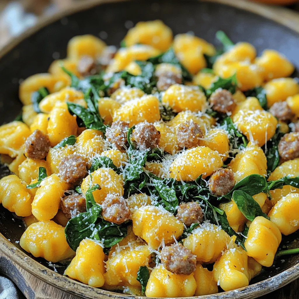 - 2 cups butternut squash, peeled and cubed - 1 cup all-purpose flour, plus additional for dusting - 1 large egg - 1/2 teaspoon freshly grated nutmeg - 1/2 teaspoon salt - 1/4 teaspoon freshly ground black pepper - 1 tablespoon olive oil (for roasting) - 8 oz Italian sausage, casings removed - 2 cloves garlic, minced - 1 cup baby spinach, washed and stemmed - 1/2 cup grated Parmesan cheese (optional, for serving) If you can't find butternut squash, you can use sweet potato or pumpkin. For a gluten-free version, almond flour or a gluten-free blend works well. If you prefer plant-based meals, swap the Italian sausage for a meat substitute like lentils or mushrooms. You can skip the egg by using flaxseed meal mixed with water for binding. Nutritional yeast can replace Parmesan cheese for a dairy-free option. This dish serves four and packs a nutritious punch. Each serving contains about: - Calories: 350 - Protein: 12g - Carbs: 52g - Fat: 12g - Fiber: 4g Butternut squash is rich in vitamins A and C. It also provides fiber. The spinach adds iron and calcium. Enjoying this meal gives you a hearty dose of nutrients. To start, preheat your oven to 400°F (200°C). Grab your cubed butternut squash and toss it in a bowl with 1 tablespoon of olive oil and a pinch of salt. This will help the squash roast nicely. Spread the squash on a baking sheet in a single layer. Roast in the oven for about 25 to 30 minutes. You want it to be tender and a bit caramelized. This adds flavor to your gnocchi. After roasting, let the squash cool for a few minutes. Then, mash it in a large bowl with a fork or potato masher. Add one large egg, 1/2 teaspoon of freshly grated nutmeg, 1/2 teaspoon of salt, and 1/4 teaspoon of black pepper. Mix in 1 cup of all-purpose flour until you form a soft dough. If it feels too sticky, sprinkle in a bit more flour. You want it to be easy to handle. Now, lightly flour your work surface. Turn out your gnocchi dough and divide it into four equal parts. Roll each part into a rope that is about 1/2 inch thick. Cut the rope into 1-inch pieces. To give them nice ridges, press each piece with a fork. Next, bring a large pot of salted water to a boil. Drop the gnocchi into the boiling water in batches. They will float to the surface when they are ready, which should take about 2 to 3 minutes. Use a slotted spoon to remove them to a plate and set aside. Now you're ready to combine everything! To start, I heat a drizzle of olive oil in a large skillet over medium heat. I add the Italian sausage, breaking it apart with a spatula. I cook it for about 5-7 minutes until it turns brown and is fully cooked. This step gives the gnocchi a rich, meaty base. Once the sausage is browned, I stir in minced garlic. Cooking the garlic for one more minute adds a wonderful aroma. Then, I toss in a cup of washed baby spinach. I gently stir until the spinach wilts, which only takes 2-3 minutes. This adds a fresh taste and vibrant color to the dish. Now, it's time for the best part! I add the cooked gnocchi to the skillet with the sausage and spinach. I toss everything together gently to heat it through. This mix becomes a lovely, colorful dish that is both filling and tasty. If you like, sprinkle some grated Parmesan cheese on top for a rich finish. {{image_4}} To make great gnocchi, focus on the dough. Use fresh butternut squash. The squash should be soft and slightly sweet. It adds flavor and moisture. - Use the Right Flour: All-purpose flour works best. Don’t overdo it. Too much flour makes gnocchi heavy. - Control the Dough: Mix flour gradually. If it’s too sticky, add more flour. A soft dough is key. - Avoid Overworking: Handle the dough gently. Too much kneading can make gnocchi tough. Watch out for these common errors when making gnocchi: - Not Cooking Squash Enough: Roast it until tender and caramelized. This brings out its best flavor. - Using Cold Ingredients: Room-temperature eggs mix better. Cold eggs can make the dough too firm. - Boiling Water: Always use salted water. This improves flavor. Make sure the water is at a rolling boil before adding gnocchi. Now that your gnocchi is ready, let’s make it shine: - Garnish with Cheese: A sprinkle of grated Parmesan adds a salty kick. - Add Fresh Greens: Toss in more baby spinach or herbs for freshness. - Pair with Simple Sides: A light salad or garlic bread makes a great side. These tips will help you create perfect butternut squash gnocchi with sausage. Enjoy the process! You can easily make this dish vegetarian. Swap the Italian sausage for plant-based sausage. There are many great brands that taste amazing. You can also use sautéed mushrooms for a hearty texture. Adding extra veggies like bell peppers or zucchini gives more flavor and color. If you need a gluten-free version, use gluten-free flour instead of all-purpose flour. Rice flour or almond flour work well. You can also try using store-bought gluten-free gnocchi. Just make sure to check the package for cooking times. This way, you still enjoy the same great taste without the gluten. Seasonal ingredients can enhance your dish. In fall, try adding roasted Brussels sprouts or kale. In winter, consider using parsnips or sweet potatoes for the gnocchi. For spring, asparagus or peas can add a fresh touch. Each swap gives a new flavor to the dish while keeping it fun and exciting. Yes, you can freeze butternut squash gnocchi. After shaping the gnocchi, lay them out on a baking sheet in a single layer. Freeze them for about one hour until firm. Then, transfer the gnocchi to a freezer bag or container. They can stay frozen for up to three months. When you’re ready to cook them, you can drop them directly into boiling water without thawing. To reheat leftover gnocchi, you have a few options. You can sauté them in a skillet with a bit of olive oil. Heat them over medium heat for about 5 minutes, stirring often. Another option is to boil them briefly in water for about 1-2 minutes until heated through. You can also use the microwave, but it may make them a bit softer. Butternut squash gnocchi pairs well with several sides. You can serve a light salad with greens, cherry tomatoes, and a simple vinaigrette. Garlic bread is another great choice. For a heartier meal, consider a roasted vegetable medley or sautéed mushrooms. You can even add a sprinkle of extra Parmesan cheese on top for added flavor. In this post, we explored how to make butternut squash gnocchi. We covered ingredients, cooking techniques, and some great tips. Each step helps create delicious gnocchi paired with sausage. Also, we shared variations and answers to common questions. Remember, cooking is about experimenting and having fun. Whether you try a vegetarian swap or freeze leftovers, enjoy every moment in the kitchen. Happy cooking!