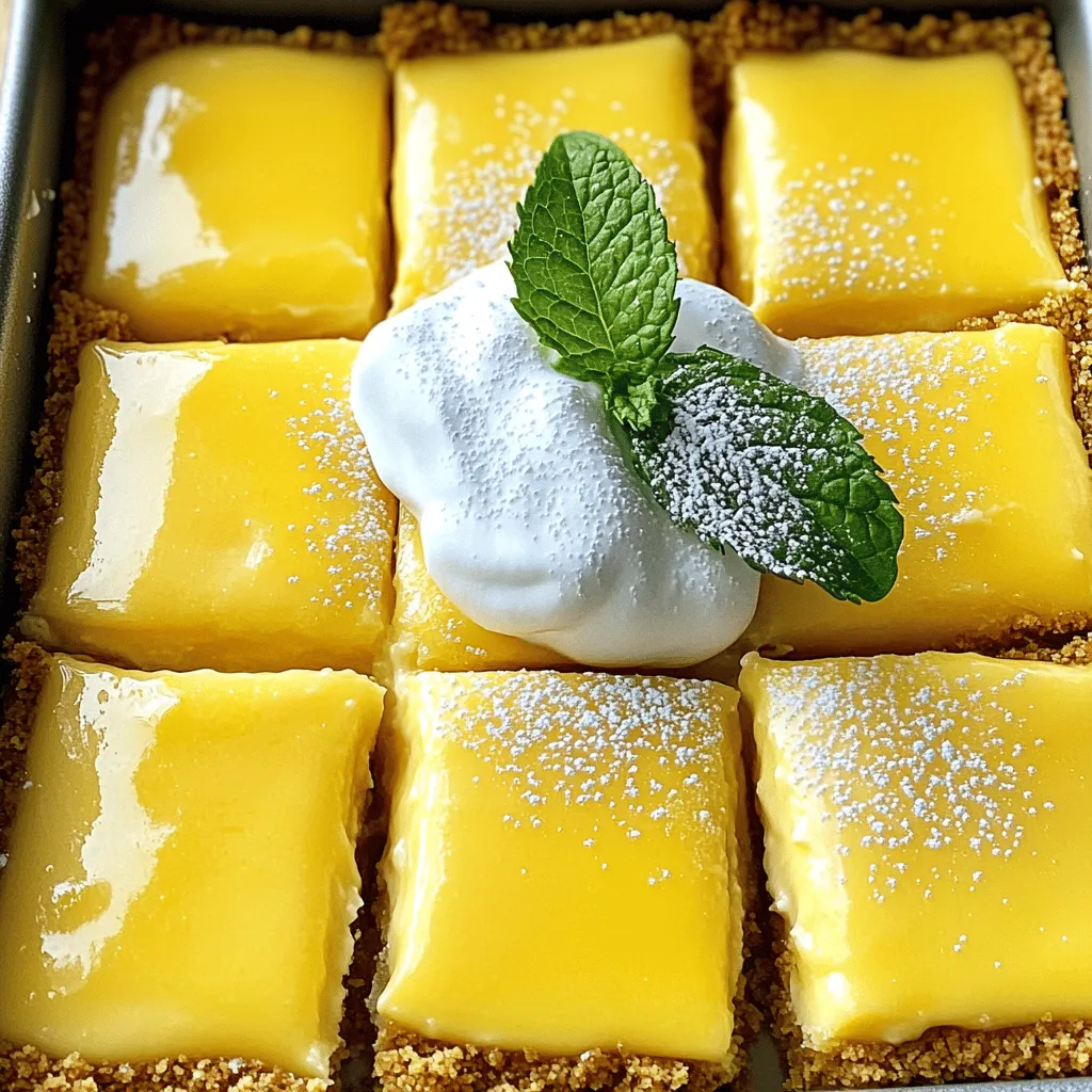 - 1 ½ cups graham cracker crumbs - ½ cup unsalted butter, melted - ¼ cup granulated sugar - 1 teaspoon vanilla extract - 16 oz cream cheese, softened - ¾ cup granulated sugar - 3 large eggs, at room temperature - Zest of 2 lemons - ¼ cup fresh lemon juice - 1 teaspoon vanilla extract - ½ cup sour cream - 2 tablespoons powdered sugar - Fresh mint leaves for garnish Creating Zesty Lemon Cheesecake Squares starts with gathering ingredients. For the crust, use graham cracker crumbs for a sweet base. Melt unsalted butter to mix with the crumbs and sugar. Add vanilla extract for flavor. The cheesecake filling needs softened cream cheese. This helps it blend smoothly. Granulated sugar adds sweetness. You will also need three eggs, which should be at room temperature. Zest two lemons to get a fresh taste. Fresh lemon juice is key for that bright zing. Vanilla extract rounds out the flavors. For the topping, use sour cream mixed with powdered sugar. This adds a creamy layer that balances the sweetness. Fresh mint leaves can be a nice touch on top for color and flavor. Make sure to measure the ingredients carefully. Good measurements lead to great results. 1. First, preheat your oven to 325°F (160°C). Grease an 8x8 inch baking pan with cooking spray or line it with parchment paper. Leave some paper hanging over the edges for easy lifting after baking. 2. In a medium bowl, mix 1 ½ cups of graham cracker crumbs, ½ cup of melted unsalted butter, ¼ cup of granulated sugar, and 1 teaspoon of vanilla extract. Stir with a fork until it looks like wet sand, with no dry bits left. 3. Next, press the mixture firmly into the bottom of the prepared pan. Make it even. Bake for 10 minutes. After baking, let it cool slightly while you make the filling. 1. In a large bowl, use an electric mixer to beat 16 oz of softened cream cheese on medium speed. Mix until it's smooth and creamy, which takes about 2 minutes. 2. Gradually add in ¾ cup of granulated sugar. Keep mixing until fluffy and fully combined. 3. Now, add 3 large eggs, one at a time. Mix on low speed until just combined after each egg. Be careful not to overmix. 4. Gently fold in the zest of 2 lemons, ¼ cup of fresh lemon juice, and 1 teaspoon of vanilla extract with a spatula until it’s well blended. 5. Now, pour the cheesecake filling over the cooled crust. Spread it out evenly. 1. Bake the filled cheesecake in the oven for 40 to 45 minutes. The edges should set, but the center should still wiggle slightly. 2. Turn off the oven and leave the cheesecake inside with the door slightly open for about an hour. This helps to cool slowly and prevents cracks. 3. While it cools, make the topping. In a small bowl, whisk together ½ cup of sour cream and 2 tablespoons of powdered sugar until smooth. 4. After the cheesecake cools, spread the sour cream mixture evenly over the top. 5. Cover the cheesecake with plastic wrap and refrigerate for at least 4 hours, or overnight for a better taste and texture. 6. When ready to serve, lift the cheesecake out of the pan using the parchment paper. Cut it into squares and garnish with fresh mint leaves if you like. To get a smooth and creamy cheesecake, start with room temperature ingredients. When cream cheese is cold, it can clump. Let it sit out for 30 minutes before you mix it. This small step helps your cheesecake fill with air and become fluffy. Next, avoid overmixing when you add eggs. Mix just until you see no streaks of egg. Overmixing can make your cheesecake dense, so keep it gentle. You want a light batter, not a heavy one. For maximum lemon flavor, use fresh lemons. Zest the lemons before juicing them. The zest holds oils that give a bright taste. You can also add a bit of lemon extract for extra zing if you like. When serving, presentation matters. Place your cheesecake squares on a nice platter. Dust with powdered sugar for a sweet touch. Add lemon slices or fresh mint leaves on the side for color. This makes your dessert look as good as it tastes. Cheesecakes can crack, but you can prevent this. Bake the cheesecake slowly. After baking, leave it in the oven with the door slightly open for an hour. This cools it slowly and helps stop cracks. To make sure the crust holds together, press it firmly into the pan. Use the back of a measuring cup to pack it down. If your crust is too crumbly, add a bit more melted butter. This will help it stick better. Keeping these tips in mind will help you make the best Zesty Lemon Cheesecake Squares! {{image_4}} You can change the taste of Zesty Lemon Cheesecake Squares by mixing in fruit. Try adding purees like raspberry or blueberry for a fruity twist. This will add color and a burst of flavor. You can also use other citrus fruits. Lime adds a tangy note, while orange brings a sweet zest. Both options make the dessert unique and tasty. To make this treat lighter, you can use low-fat cream cheese. It still gives the same creamy texture but with fewer calories. You can also swap granulated sugar for natural sweeteners like honey or maple syrup. These options can lower sugar content while keeping the cheesecake sweet and delicious. If you need a gluten-free option, use almond flour or gluten-free cookies for the crust. This will keep the dessert tasty for everyone. You can also experiment with other types of cookies, such as Oreos or gingersnaps. Each cookie will give the crust a different flavor, making your cheesecake even more special. To keep your Zesty Lemon Cheesecake Squares fresh, store them in the fridge. Use an airtight container to protect them from odors. The ideal temperature for refrigeration is between 32°F to 40°F (0°C to 4°C). This helps maintain their delicious taste and creamy texture. You can store them in the fridge for up to 5 days. After that, they may lose their flavor and texture. If you want to save some squares for later, freezing is a great option. First, let the cheesecake cool completely. Then, cut the squares and wrap each piece in plastic wrap. Place them in a freezer-safe container or bag. This helps prevent freezer burn. You can freeze them for up to 3 months. When you're ready to serve, take out the squares and place them in the fridge for a few hours to thaw. For a quick thaw, you can leave them at room temperature for about 30 minutes. This makes them easy to enjoy again without losing taste or texture. Yes, you can make Zesty Lemon Cheesecake Squares a day or two in advance. This dessert actually tastes better after chilling for a while. Here are some tips for chilling and serving later: - Chill Overnight: After preparing and topping the cheesecake, cover it well. Refrigerate for at least four hours or overnight for the best taste. - Serve Cold: When ready to serve, it’s best served cold. This enhances the refreshing lemon flavor. - Garnish Just Before Serving: Add fresh mint or any toppings right before serving. This keeps them fresh and attractive. Cutting cheesecake squares neatly can be tricky. Here are some recommended techniques for nice portions: - Use a Sharp Knife: A sharp knife cuts smoothly through the cheesecake. This helps avoid any tearing of the squares. - Warm the Knife: Dip the knife in hot water, then wipe it dry. This helps make cleaner cuts. - Cut in One Motion: Instead of sawing back and forth, press down firmly in one smooth motion. This gives you nice, even squares. Yes, you can make substitutions for common allergies. Here are some ideas: - Gluten-Free Option: Use gluten-free graham cracker crumbs for the crust. - Dairy-Free Cheese: Replace cream cheese with a dairy-free cream cheese alternative. - Egg Substitutes: For a vegan version, use flax eggs or applesauce instead of eggs. You’ve learned how to make Zesty Lemon Cheesecake Squares from scratch. We covered the crust, filling, and tasty toppings. You also found tips for texture, flavor, and troubleshooting. Don’t forget, you can add fun twists or go healthy with alternatives. Store your cheesecake right to enjoy it longer. Whether for a party or a quiet night, these squares are a treat. I hope you feel inspired to try this recipe and impress your friends and family. Enjoy the delicious results!
