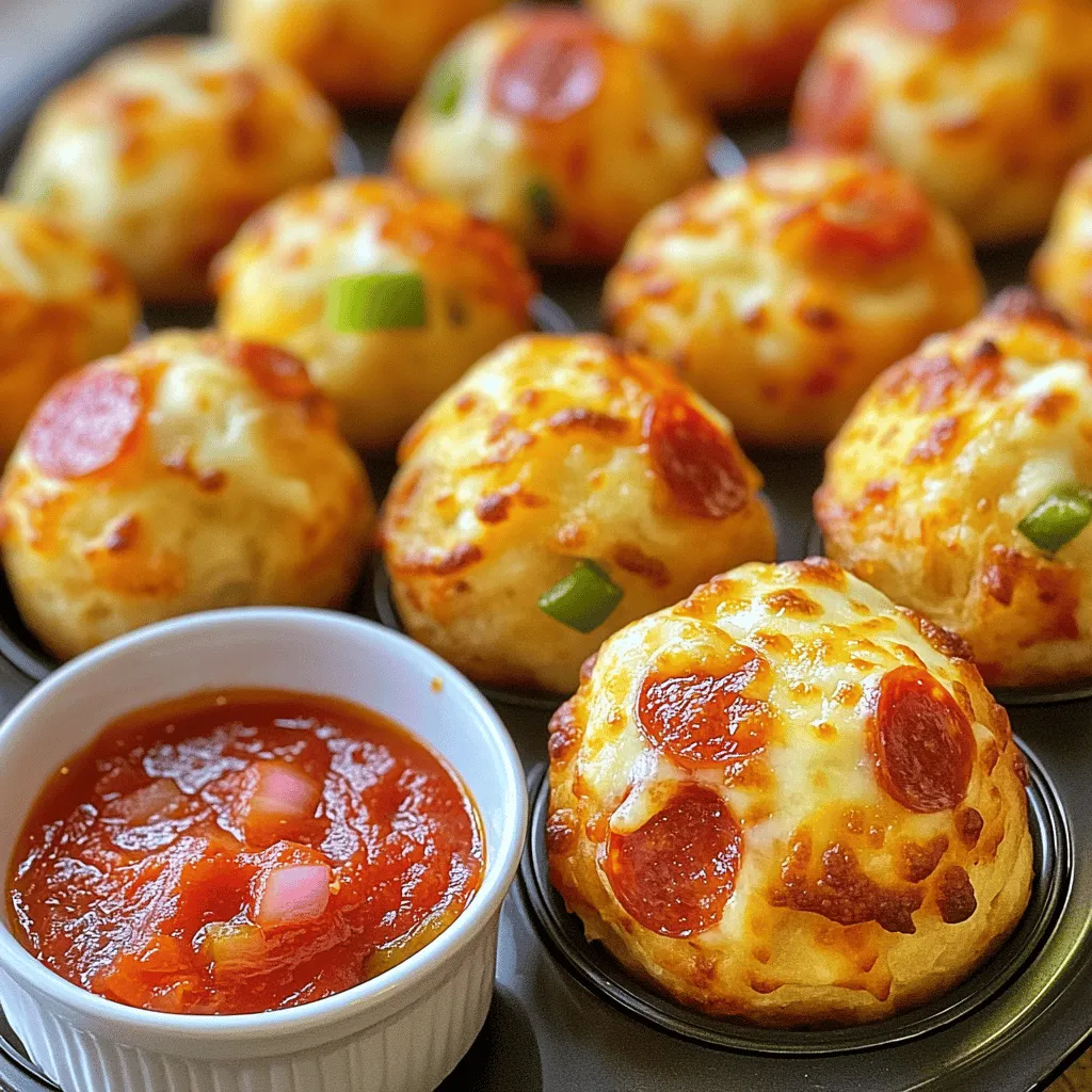 - 1 can of refrigerated pizza dough - 1 cup shredded mozzarella cheese - 1/2 cup chopped pepperoni - 1/4 cup diced bell pepper - 1/4 cup finely chopped onion - 1 teaspoon Italian seasoning - 1/2 cup marinara sauce (for dipping) - Olive oil spray or melted butter To make Muffin Tin Pizza Bombs, you need a few simple ingredients that pack a lot of flavor. Start with a can of refrigerated pizza dough. This is key because it’s easy to work with and saves time. Next, gather one cup of shredded mozzarella cheese. The cheese melts beautifully and gives that gooey texture we love in pizza. Pepperoni adds a classic touch, so grab half a cup of chopped pepperoni. For some crunch, include a quarter cup of diced bell pepper and a quarter cup of finely chopped onion. The Italian seasoning brings in extra flavor. Finally, don’t forget the marinara sauce for dipping! A little olive oil spray or melted butter helps grease the muffin tin. - Muffin tin - Mixing bowl - Rolling pin You will need a muffin tin to shape the pizza bombs. A mixing bowl helps you combine all the tasty filling ingredients. Lastly, a rolling pin is great for flattening the dough. With these tools and ingredients, you are all set to create a fun and tasty snack! - Preheat the oven to 375°F (190°C). - Grease the muffin tin with olive oil spray or melted butter. This keeps the pizza bombs from sticking. - Roll out the pizza dough on a floured surface. Cut it into squares that are about 3x3 inches. - In a bowl, mix all the filling ingredients: mozzarella cheese, pepperoni, bell pepper, onion, and Italian seasoning. Make sure they blend well. - Take one square of dough and put about one tablespoon of the filling in the center. - Gather the corners of the dough square. Pinch them together to seal the filling inside. Place each dough ball seam-side down in the muffin tin. - Bake the pizza bombs for 15-20 minutes. They should turn golden brown and the cheese will bubble. - Let them cool for a few minutes. This helps the cheese set. Serve with marinara sauce for dipping and enjoy this fun snack. Try the Full Recipe for more details! To keep your pizza bombs neat, you must seal the dough well. After adding filling, gather the corners of the dough square. Pinch them tightly to form a ball. This step is key. A good seal keeps the gooey cheese and toppings inside. If not sealed, the filling spills out during baking. You can make these pizza bombs your own! Try adding olives or mushrooms for a twist. Want a different taste? Swap out the mozzarella for cheddar or feta. You can mix and match toppings based on your favorites. This way, each batch can be unique and exciting. Enhancing flavor is simple. You can sprinkle some garlic powder or crushed red pepper into the filling. Fresh herbs, like basil or oregano, add a lovely touch too. These small additions make a big difference. They turn your pizza bombs into a flavor explosion! {{image_4}} You can easily swap out the pizza dough. Try gluten-free dough if you have dietary needs. Whole wheat dough adds a nice, nutty flavor. For fillings, think outside the box! Use veggies like mushrooms, spinach, or olives. You can also make them vegan by using dairy-free cheese and no meat. These choices keep the pizza bombs fun and tasty for everyone. You have options for cooking! You can bake them in a conventional oven or use an air fryer. Baking gives you a nice crisp outside. Set your oven to 375°F (190°C) and bake for about 15-20 minutes. For the air fryer, cook at 360°F (180°C) for 8-10 minutes. Check them often to avoid burning. Both methods yield delicious pizza bombs! Dipping sauces can change the game! While marinara is classic, try ranch dressing or garlic sauce. You could even serve them with pesto or a spicy sriracha mayo. These sauces add a new twist. Pairing your pizza bombs with a fresh salad makes for a complete meal. Get creative with sauces to keep things exciting! To keep your muffin tin pizza bombs fresh, store them in an airtight container. Place a paper towel inside to absorb moisture. This will help keep your pizza bombs from getting soggy. They can last up to four days in the fridge. If you want to enjoy them later, make sure to cool them completely before storing. When it's time to enjoy your pizza bombs again, reheating is easy. For the best results, use an oven. Preheat it to 350°F (175°C). Place the pizza bombs on a baking sheet. Heat for about 10 minutes or until warm. If you're in a hurry, you can use the microwave. Heat them for about 30 seconds to 1 minute. Be careful, as they may get hot quickly. Freezing pizza bombs is a great way to save some for later. To freeze, let them cool completely. Then, place them in a single layer on a baking sheet. Freeze them for about 1 hour until firm. After that, transfer them to a freezer-safe bag or container. They can last up to three months in the freezer. When you're ready to eat them, reheat directly from frozen. Bake at 350°F (175°C) for about 15-20 minutes. Enjoy your tasty snack anytime! Check out the Full Recipe for more details. To make Muffin Tin Pizza Bombs, start with simple steps. First, preheat your oven to 375°F (190°C). Next, grease your muffin tin. Roll out the pizza dough on a floured surface. Cut the dough into 3x3 inch squares. In a bowl, mix shredded mozzarella, chopped pepperoni, diced bell pepper, chopped onion, and Italian seasoning. Place a spoonful of this filling in the center of each dough square. Pinch the corners to seal the filling inside. Place the sealed dough balls seam-side down in the muffin tin. Bake for 15-20 minutes until golden brown and cheesy. Serve warm with marinara sauce for dipping. Yes, you can use store-bought pizza sauce. It works well as a dip. Some other good options include garlic sauce, ranch dressing, or pesto. These sauces add fun flavors to your pizza bombs. You can even mix sauces for a unique taste. Pizza bombs last about 3-4 days in the fridge. Store them in an airtight container. This keeps them fresh and tasty. To enjoy later, simply reheat them. Muffin Tin Pizza Bombs pair well with many side dishes. Consider a fresh salad or some crunchy veggies. You might also enjoy chips or popcorn for a fun snack. For drinks, try soda, lemonade, or iced tea. These options make your snack time even better. This article has guided you through making Muffin Tin Pizza Bombs with easy steps. You learned about ingredients, kitchen tools, and important tips to ensure great results. Remember, you can customize the filling and even try different cooking methods. Whether you enjoy them fresh or freeze leftovers, these pizza bombs are fun and tasty. Now, gather your ingredients and get cooking. Enjoy your delicious creation!