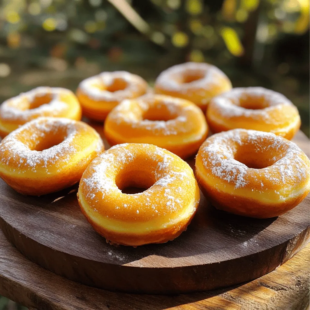 - 1 cup pumpkin puree - 1/2 cup granulated sugar - 1/4 cup packed brown sugar - 1/3 cup unsweetened applesauce - 2 large eggs - 1 teaspoon vanilla extract - 1 1/2 cups all-purpose flour - 1 teaspoon baking powder - 1/2 teaspoon baking soda - 1 teaspoon ground cinnamon - 1/2 teaspoon ground nutmeg - 1/4 teaspoon ground ginger - 1/4 teaspoon salt - 1/4 cup milk (dairy or non-dairy) For a dairy-free option, use almond or oat milk in place of regular milk. Both options work well and keep the donuts moist. You can also swap granulated sugar with coconut sugar for a more natural sweetener. Honey or maple syrup can replace both sugars. If you use these liquid sweeteners, cut back on the milk slightly. Start by preheating your oven to 350°F (175°C). This temperature helps the donuts bake evenly. While the oven heats, it’s time to grease the donut pan. Use a light coat of oil or cooking spray. This step prevents the donuts from sticking. Next, grab a large bowl. Add the pumpkin puree, granulated sugar, brown sugar, applesauce, eggs, and vanilla extract. Mix these ingredients well with a whisk. This order helps blend everything smoothly. The mixture should be creamy and free of lumps. In a separate bowl, whisk together the all-purpose flour, baking powder, baking soda, ground cinnamon, ground nutmeg, ground ginger, and salt. Make sure to mix thoroughly. This step is key to avoid clumps in your donuts. A well-mixed dry blend leads to a uniform texture. Now, gradually add the dry mixture to the wet mixture. Stir gently until just combined. Be careful not to over-mix. Over-mixing can lead to dense donuts. The batter should be thick yet smooth. Fill each donut mold about 2/3 full with batter. This allows space for the donuts to rise. Place the pan in the preheated oven. Bake the donuts for 15-18 minutes. They are ready when a toothpick comes out clean from the center. After baking, remove the pan from the oven. Let the donuts cool in the pan for about 5 minutes. Then, transfer them to a wire rack to cool completely. For a lovely finish, dust the cooled donuts with powdered sugar or dip them in cinnamon-sugar. Plating them on a rustic wooden platter adds charm for gatherings. To achieve perfect donuts, avoid common baking mistakes. Over-mixing your batter can lead to dense donuts. Mix just until combined for a light and fluffy texture. Use a gentle hand when folding in the milk. This keeps your donuts airy and soft. For toppings, consider a dusting of powdered sugar or a cinnamon-sugar mix. You can also dip the tops in a simple glaze made from powdered sugar and milk. Want more spice? Add an extra pinch of cinnamon or nutmeg to the batter for a flavor boost. These donuts pair wonderfully with coffee or tea. A warm pumpkin spice latte makes a great match. For a creative display, use a rustic wooden platter. Arrange the donuts in a circle or stack them for a charming look. Enjoy these delights with friends on a cozy autumn morning! {{image_4}} You can make these donuts even better! Try adding chocolate chips or nuts. Chocolate chips bring a sweet surprise in every bite. Nuts add a nice crunch and rich flavor. You can use walnuts or pecans for a tasty twist. Explore different spices too! Besides cinnamon, nutmeg, and ginger, you can try allspice or cardamom. Each spice gives a unique taste. Mixing spices can make your donuts special! If you need gluten-free donuts, use gluten-free flour. Almond flour or oat flour works well. These options keep the taste while removing gluten. Your friends won't even notice the change! For vegan options, swap eggs with flaxseed meal or applesauce. Use plant-based milk instead of dairy milk. These changes keep the donuts fluffy and delicious while being vegan-friendly. Get creative with Halloween-themed decorations! Use orange and black sprinkles or frosting to make them festive. You can even add candy eyes for fun. Kids will love this spooky twist! For Thanksgiving, think about adding extras like caramel or pecan toppings. These flavors match the fall season perfectly. You can also sprinkle cinnamon sugar on top for that extra sweetness. To keep your baked pumpkin spice donuts fresh, follow these simple steps: - Cool completely: Allow your donuts to cool fully on a wire rack. This prevents moisture buildup. - Use an airtight container: Place the cooled donuts in a container with a tight lid. This keeps them soft. - Layer with parchment paper: If stacking, use parchment paper between layers. This prevents sticking. - Store at room temperature: Keep them in a cool, dry place for up to 3 days. You can freeze your donuts for later enjoyment. Here’s how: - For unbaked donuts: Fill the donut molds with batter. Then, cover with plastic wrap and freeze. Once frozen, pop them out and store in a freezer bag. - For baked donuts: Let them cool completely, then wrap each donut in plastic wrap. Place them in a freezer-safe bag. - Thawing tips: To thaw, take out the desired number of donuts. Leave them at room temperature for about an hour. For a warm treat, heat them in the oven at 350°F for about 5 minutes. This helps bring back the fresh-baked taste. To stop donuts from sticking, grease the pan well. Use cooking spray or melted butter. You can also line the pan with parchment paper. Cut circles of parchment to fit each mold. This makes removal easy and keeps the donuts intact. Yes, you can make these donuts in advance. Bake them a day before your event. Store them in an airtight container at room temperature. If you need to keep them longer, freeze them. Just thaw at room temperature before serving. You can create a simple glaze with powdered sugar and milk. Mix one cup of powdered sugar with two tablespoons of milk. Stir until smooth. For a fun twist, add vanilla or maple extract. You can also dust the donuts with cinnamon sugar for added flavor. Yes, baked donuts are generally healthier than fried ones. Baking uses less oil and cuts calories. Baked donuts also have less fat. This makes for a lighter treat. Enjoying baked pumpkin spice donuts still gives you all the cozy flavors of fall! You’ve now learned how to make delicious baked donuts. We covered the key ingredients, from pumpkin puree to sweeteners. I shared tips on mixing and baking your batter for perfect results. We explored fun variations and storage methods for fresh treats. Lastly, I answered common questions to make your baking easier. Enjoy your baking journey, and remember, each donut can be a fun creation!