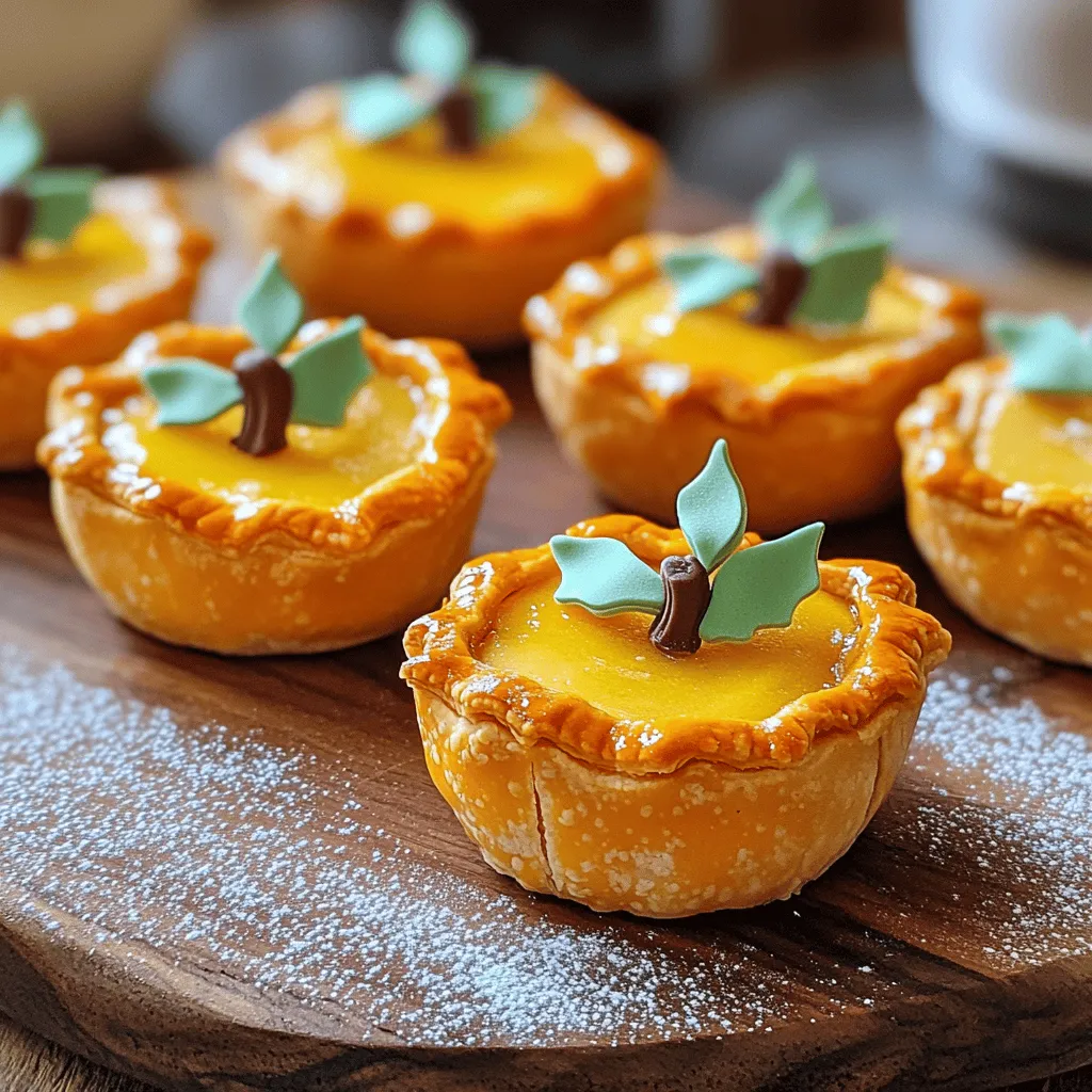 Let’s get to the fun part—gathering all the goodies we need to make these mini apple pies! Here’s what you’ll need: - 2 cups all-purpose flour - ½ teaspoon salt - 1 tablespoon granulated sugar - 1 cup unsalted butter, cold and cubed - 6-8 tablespoons ice water - 3 large apples (Granny Smith or Honeycrisp), peeled and diced - ⅓ cup packed brown sugar - 1 teaspoon ground cinnamon - ½ teaspoon ground nutmeg - 1 tablespoon fresh lemon juice - 1 tablespoon cornstarch - 1 large egg (for egg wash) - Orange food coloring (optional for coloring) - Green fondant or marzipan for decorating leaves You can find the full recipe at the end. Each ingredient plays a key role in making these pies not just tasty but also cute. The flour, salt, and sugar start our pie crust. The butter gives it that lovely flaky texture. The apples bring sweetness and tartness, which we balance with brown sugar and spices. The egg wash gives the pies a golden shine, and the fondant adds a fun touch of color. So, grab these ingredients, and let’s get baking! 1. In a large bowl, mix 2 cups of all-purpose flour, ½ teaspoon of salt, and 1 tablespoon of granulated sugar. 2. Add 1 cup of cold, cubed unsalted butter. Use a pastry cutter or your fingers to blend until the mix looks like coarse crumbs. 3. Gradually add 6-8 tablespoons of ice water, one tablespoon at a time, until the dough just holds. 4. Shape the dough into a flat disk. Wrap it in plastic and chill for at least 30 minutes. 1. In a medium bowl, combine 3 large diced apples, ⅓ cup of brown sugar, 1 teaspoon of ground cinnamon, ½ teaspoon of ground nutmeg, 1 tablespoon of fresh lemon juice, and 1 tablespoon of cornstarch. 2. Toss to coat the apples well. Let this mixture sit for about 10 minutes. The flavors will blend during this time. 1. Preheat your oven to 375°F (190°C). 2. Roll out the chilled dough on a lightly floured surface to about ¼-inch thick. Cut out circles, about 4 inches wide, to form the bases of your mini pies. 3. Take half of the dough circles and carve lines into each. This will give them a pumpkin-like texture. 4. On the plain dough circles, place a rounded tablespoon of apple filling in the center. Brush the edges with an egg wash. 5. Carefully lay the carved circles on top of the filling. Pinch the edges to seal the pies well. 6. For extra color, you can mix a few drops of orange food coloring into the egg wash and brush it over the tops of the pies. 7. Place the mini pies on a parchment-lined baking sheet. Bake for 20-25 minutes until golden brown and flaky. 8. After baking, cool the pies on a wire rack. Decorate the tops with green fondant or marzipan leaves to look like pumpkin stems. You can find the Full Recipe for a detailed guide. Enjoy creating these delightful treats! To make a great crust, you need the right texture. Your dough should feel smooth and cool. If it’s too sticky, add a bit more flour. If it's too dry, add a little more ice water. When rolling the dough, use light pressure. This helps keep the crust flaky. - Chill your tools: Use a cold rolling pin to help keep the dough firm. - Roll from the center: Start in the middle and roll outward to keep it even. - Dust with flour: Lightly flour your work surface to avoid sticking. Choosing the right apple is crucial. Granny Smith apples are tart and hold their shape well. Honeycrisp apples add sweetness and crunch. Mixing both gives a lovely balance. - For a sweeter filling, add more brown sugar. - Spices make a big difference! Use cinnamon and nutmeg to enhance the flavor. - Add a squeeze of lemon juice to brighten the taste. Make your mini pies pop with decorations! Green fondant or marzipan works great for leaves. You can also create stems from the same materials. - Try using chocolate chips for cute eyes or a smiling face. - Use colored icing for fun designs on top. - If you want a simpler look, sprinkle some cinnamon sugar before baking for a sweet touch. For the full recipe, check out the link included! {{image_4}} You can mix in other fruits for fun. Try using pears or berries. They add nice flavors. For spices, add ginger or allspice for warmth. If you love chocolate, use mini chocolate chips. Drizzle caramel on top for a rich taste. These changes keep the pies exciting and new! Use cookie cutters to create fun shapes. You can make stars for a cozy night or hearts for Valentine's Day. You can change the colors with food dye for each theme. During the holidays, add seasonal decorations. Use icing to create snowflakes or leaves. This makes each pie special for every occasion. For a gluten-free crust, swap all-purpose flour with a gluten-free blend. Make sure it has a good binding agent like xanthan gum. For a vegan crust, use coconut oil or vegan butter instead of regular butter. You can also use maple syrup or agave nectar for the filling. These simple swaps let everyone enjoy the pies. For the full recipe, check the link provided in the article. To keep your mini apple pies fresh, you can refrigerate or freeze them. - Refrigerating: Place the pies in an airtight container. They will stay good for 3-4 days in the fridge. - Freezing: For longer storage, freeze the pies. Wrap each pie in plastic wrap and then in foil. They can last up to 3 months. To reheat, take them out of the fridge or freezer. - From the fridge: Preheat the oven to 350°F (175°C). Place the pies on a baking sheet for about 10-15 minutes until warm. - From the freezer: Bake them straight from the freezer. Heat for about 20-25 minutes. - At room temperature: Store your mini pies for up to 2 days. Keep them in a cool, dry place to avoid sogginess. - Refrigerated storage: They will last longer in the fridge, keeping the crust crisp and the filling fresh. To make a flaky crust, keep your butter very cold. Use a pastry cutter to mix butter into the flour. You want small crumbs, not a paste. Add ice water slowly until it forms a dough. Chill the dough before rolling it out. This step helps create layers in your crust. Yes, you can use store-bought pie crust. It saves time and still tastes good. Just make sure to roll it out to fit your mini pie shapes. Follow the same steps for filling and baking. This option is great for busy days. I recommend using Granny Smith or Honeycrisp apples. They offer a nice mix of sweet and tart flavors. Their firm texture holds up well during baking. Feel free to mix different apple types for more depth in flavor. Absolutely! You can make the apple filling a day ahead. Just store it in the fridge. Let it come to room temperature before using it in your pies. This way, the flavors have time to blend, giving you a more delicious filling. These mini apple pies last about 2-3 days at room temperature. If you keep them in the fridge, they can last up to a week. Just make sure to cover them well. For longer storage, stack them in a freezer-safe container and freeze. You can find the full recipe for Mini Apple Pies in the Shape of Pumpkins in the earlier sections of this article. Enjoy making these fun treats! In this guide, we explored how to make mini apple pies from scratch. We covered key ingredients like apples, spices, and crust essentials. You learned step-by-step instructions and essential tips for perfecting your pies. We also shared creative variations and storage methods. Mini apple pies are fun to make and share. Enjoy tweaking recipes to fit your taste. Remember, practice makes perfect. Happy baking!