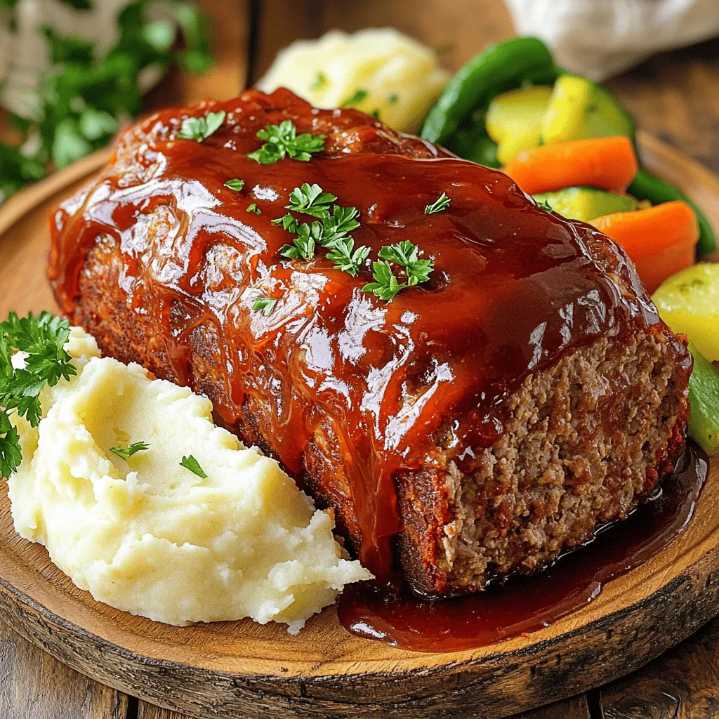 To start, gather these key items for your meatloaf: - 1 lb ground beef - 1/2 lb ground turkey - 1 cup seasoned breadcrumbs These ingredients form the base of your meatloaf. The ground beef gives richness, while ground turkey lightens the dish. Next, let’s add some flavor boosters: - 1/2 cup freshly grated Parmesan cheese - 1/2 cup finely chopped onion - 1/4 cup finely chopped bell pepper (red or green) - 2 cloves garlic, minced Parmesan adds a salty tang. Onions and bell peppers add sweetness and crunch. Garlic gives a warm, aromatic kick. Now, we need to bind our meatloaf and give it more taste: - 1/4 cup ketchup - 2 large eggs, lightly beaten - 2 tablespoons Worcestershire sauce - 1 teaspoon dried oregano - 1/2 teaspoon salt - 1/4 teaspoon freshly ground black pepper Ketchup and Worcestershire sauce keep the meatloaf moist. Eggs hold everything together, while dried herbs and spices enhance flavor. For the full recipe, check out the complete details to make this savory dish. Enjoy cooking! Start by mixing your meats. I use 1 lb of ground beef and 1/2 lb of ground turkey. This blend gives great taste and texture. In a large bowl, combine the meats well. Next, add 1 cup of seasoned breadcrumbs. This helps bind the loaf. Then, add 1/2 cup of freshly grated Parmesan cheese. It adds a rich flavor. Now, chop 1/2 cup of onion and 1/4 cup of bell pepper. I like to use red or green. These veggies bring moisture and taste. Lastly, add 2 cloves of minced garlic. It boosts the flavor even more. In a separate small bowl, whisk together 1/4 cup of ketchup and 2 tablespoons of Worcestershire sauce. This mix creates a tangy flavor. Then, add 1 teaspoon of dried oregano, 1/2 teaspoon of salt, and 1/4 teaspoon of black pepper. Whisk until it’s smooth. Pour this sauce over your meat mixture. It adds moisture and flavor. Mix everything gently with your hands. Be careful not to overmix. This keeps your meatloaf tender. Now it’s time to shape your meatloaf. Form the mixture into a loaf shape. Place it carefully in the crockpot. I like to brush the top with 1/2 cup of barbecue sauce. This gives a sweet and smoky finish. Cover the crockpot and cook the meatloaf. You can set it on low for 6-7 hours or high for 3-4 hours. Make sure the internal temperature reaches 160°F (70°C) to be safe. Once done, let it rest for 10 minutes. This helps it hold together when you slice it. Enjoy your savory dish! Check out the Full Recipe for more details. - Avoiding overmixing: When you mix the meat, be gentle. Overmixing breaks down the fibers. This can lead to a tough meatloaf. Just mix until everything is combined. Your meatloaf will be soft and tasty. - Using lean meats: Lean meats help keep the meatloaf moist. I use a mix of ground beef and turkey. This combo adds flavor while keeping the dish light. You can also experiment with different lean meats for a unique taste. - Monitoring internal temperature: Always check the internal temperature. It should reach 160°F (70°C) for safety. Use a meat thermometer for best results. This ensures your meatloaf is cooked through without drying out. - Cooking time variations: Cooking time can change based on your crockpot. If you set it on low, it can take 6-7 hours. On high, it will take around 3-4 hours. Check often to avoid overcooking. - Serving suggestions: Once cooked, slice the meatloaf carefully. Arrange the slices on a platter. Serve with creamy mashed potatoes or colorful veggies. It makes a lovely meal for family or friends. - Garnishing ideas: For a fun touch, add fresh herbs. Chopped parsley or chives can brighten your dish. Drizzle extra barbecue sauce on top for added flavor. These small details make your meal pop! For the complete process, refer to the Full Recipe. {{image_4}} You can switch up the meat in your meatloaf. Using ground chicken or pork gives a lighter taste. Ground chicken keeps it lean, while pork adds a bit of sweetness. If you want a vegetarian option, try lentils or quinoa. Both pack protein and flavor! Adding different flavors can make your meatloaf shine. Try using different types of cheese, like cheddar or feta. Herbs, such as parsley or basil, can brighten the dish. For spices, add a pinch of paprika or cumin for warmth. You can also mix in sauces like sriracha or soy sauce for a kick! If you need a smaller meatloaf, cut the recipe in half. You can use just 1/2 pound of ground beef and turkey. For larger groups, double the ingredients. Make a big meatloaf and cook it the same way. Just keep an eye on the cooking time. Always check that the center reaches 160°F (70°C). For the Full Recipe, visit the main article. After cooking, let the meatloaf cool to room temperature. Wrap it tightly in plastic wrap or foil. Place it in an airtight container. This helps keep it fresh. Your meatloaf will last about 3 to 4 days in the fridge. Check for any signs of spoilage before eating. For longer storage, freeze your meatloaf. Slice it into portions for easy use. Wrap each piece in plastic wrap, then in foil. This helps prevent freezer burn. You can freeze meatloaf for up to 3 months. When ready to eat, thaw it in the fridge overnight. Reheat in the oven at 350°F (175°C) for about 20 minutes, or until warm. Make your week easier by portioning the meatloaf. Cut it into slices before storing. You can pair it with sides like mashed potatoes or green beans. This way, you have quick meals ready to go. Consider making a meatloaf sandwich for lunch. You can add lettuce, tomato, and mayonnaise for a tasty twist. Cooking meatloaf in a crockpot usually takes 6-7 hours on low. If you’re short on time, you can cook it on high for 3-4 hours. Always check the internal temp. It should reach 160°F (70°C) for safety. Yes, you can mix it up! Ground turkey, chicken, or pork work well. Each meat adds its own flavor. Just keep the ratio similar to keep it moist. Leftover meatloaf tastes great in a sandwich. Just slice it and add some ketchup or BBQ sauce. You can also heat it up with a side of mashed potatoes or veggies. It's a comforting meal! Absolutely! Use gluten-free breadcrumbs instead of regular ones. There are many brands available, so pick one you like. This way, you can enjoy meatloaf without worry. The best way to check is with a food thermometer. Insert it into the center of the meatloaf. It should read 160°F (70°C). Also, the meatloaf should be firm and not jiggly. If it looks done, check the temp to be sure! Crockpot meatloaf is simple and fun to make. You need ground meat, breadcrumbs, and some veggies. Mix them up with sauces and seasonings, then shape the loaf. Slow cooking keeps it juicy and tasty. Use lean meats and watch the cook time for the best result. You can change meats or add different flavors to suit your taste. Leftovers are easy to store or freeze, making meals quick later. Now you're ready to enjoy a delicious meatloaf anytime!