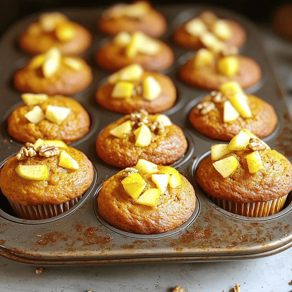 To make these tasty muffins, you need the following main ingredients: - 1 cup canned pumpkin puree - 1 cup unsweetened applesauce - 2 large eggs - 1/2 cup brown sugar - 1/4 cup granulated sugar - 1/2 cup vegetable oil - 1 teaspoon vanilla extract - 2 cups all-purpose flour - 1 teaspoon baking soda - 1/2 teaspoon baking powder - 1 teaspoon ground cinnamon - 1/2 teaspoon ground nutmeg - 1/4 teaspoon ground allspice - 1/2 teaspoon salt - 1 cup diced apples (preferably Granny Smith or Honeycrisp) You can take these muffins to the next level with some optional ingredients: - 1/2 cup chopped nuts (walnuts or pecans) These nuts add a nice crunch and extra flavor, making each bite even better. If you have dietary needs, you can easily adjust some ingredients: - Gluten-Free: Use a gluten-free flour blend instead of all-purpose flour. - Dairy-Free: Ensure your sugars are dairy-free. You can use a plant-based oil. - Sugar-Free: Replace sugars with a sugar substitute like monk fruit or stevia. These adjustments help you enjoy these muffins while sticking to your diet. Start by gathering all your ingredients. You need: - 1 cup canned pumpkin puree - 1 cup unsweetened applesauce - 2 large eggs - 1/2 cup brown sugar - 1/4 cup granulated sugar - 1/2 cup vegetable oil - 1 teaspoon vanilla extract - 2 cups all-purpose flour - 1 teaspoon baking soda - 1/2 teaspoon baking powder - 1 teaspoon ground cinnamon - 1/2 teaspoon ground nutmeg - 1/4 teaspoon ground allspice - 1/2 teaspoon salt - 1 cup diced apples - Optional: 1/2 cup chopped nuts Preheat your oven to 350°F (175°C). Prepare a muffin tin by lining it with paper liners or greasing each cup. This will help your muffins come out easily after baking. In a large bowl, mix the wet ingredients. Add the pumpkin puree, applesauce, eggs, brown sugar, granulated sugar, vegetable oil, and vanilla extract. Whisk them together until smooth. This step is key for a well-blended muffin. In another bowl, whisk the dry ingredients. Combine the flour, baking soda, baking powder, cinnamon, nutmeg, allspice, and salt. Make sure you mix them well so that the flavors blend evenly. Now, gently combine both mixtures. Add the dry ingredients to the wet mixture gradually. Stir carefully with a spatula. Be sure not to overmix; this keeps your muffins light and fluffy. Next, fold in the diced apples and nuts if you choose to add them. This adds flavor and crunch to your muffins. Use a scoop or spoon to fill each muffin cup about 3/4 full. This allows room for the muffins to rise. Place the muffin tin in the oven and bake for 18 to 22 minutes. To check if they are done, insert a toothpick into the center. It should come out clean or with a few moist crumbs. After baking, let the muffins cool in the tin for about 5 minutes. This helps them firm up. Then, transfer them to a wire rack to cool completely. Enjoy the warm scent of autumn as your apple pumpkin muffins cool! To get the best muffin texture, mix the wet and dry ingredients separately. This helps keep the muffins light. When you combine them, stir gently. You want to mix until just combined. Overmixing can lead to tough muffins. Use a spatula to fold in the apples and nuts. This adds flavor and keeps the batter airy. Store your baked muffins in an airtight container. This keeps them moist and fresh. If you want to keep them longer, wrap them in plastic wrap. Then, place them in a zip-top bag. They can stay fresh for up to a week at room temperature. For longer storage, freeze them. Muffins freeze well and can last for up to three months. You can make this recipe your own! Try using different apples like Fuji or Gala. Add spices such as ginger or cloves for extra warmth. Nuts like walnuts or pecans add crunch. You can even mix in chocolate chips for a sweet touch. Adjust the sugars to fit your taste. This way, your muffins will be unique and special. {{image_4}} You can make these muffins gluten-free easily. Simply swap the all-purpose flour for a gluten-free blend. Look for a blend that contains xanthan gum. This gum helps give your muffins a nice texture. If you use a mix that does not have it, add 1 teaspoon of xanthan gum to your dry mix. Follow the same steps in the recipe, and you will have tasty gluten-free muffins. To make these muffins vegan, use flax eggs instead of regular eggs. Mix 2 tablespoons of ground flaxseed with 6 tablespoons of water. Let it sit for about 5 minutes until it thickens. Replace the vegetable oil with applesauce for a lighter texture. This keeps the muffins moist. Use plant-based sugars to keep it vegan-friendly. You will still enjoy a delicious muffin while sticking to your dietary choices. You can add fun flavors to your muffins. Here are some ideas: - Chocolate Chips: Fold in 1/2 cup of chocolate chips for a sweet twist. - Dried Fruit: Add 1/2 cup of dried cranberries or raisins for a fruity bite. - Spices: Mix in a pinch of ginger or cloves to enhance the fall flavor. - Nuts: Using nuts like walnuts or pecans adds crunch. Just chop them roughly and fold them in. These variations make your apple pumpkin muffins unique each time you bake! To keep your apple pumpkin muffins fresh, store them in an airtight container. This will prevent them from drying out. Place a piece of parchment paper between layers if you stack them. Store your muffins at room temperature for up to three days. If you want to keep them longer, consider freezing them. Freezing muffins is simple and effective. First, let the muffins cool completely. Once cooled, wrap each muffin in plastic wrap. Then, place them in a freezer bag or container. Be sure to remove as much air as possible. They can stay fresh in the freezer for up to three months. To enjoy them later, simply thaw them overnight in the fridge. For the best taste, reheat your muffins before serving. You can use a microwave or an oven. If using a microwave, heat for about 15-20 seconds. For the oven, preheat it to 350°F (175°C) and warm the muffins for 5-10 minutes. This will help bring back their warm, soft texture and release their delicious aroma. To make your muffins lighter and fluffier, you can use a few easy tricks. First, sift the flour before measuring it. This adds air and reduces clumps. Second, beat the eggs well until frothy. This helps to incorporate air into the batter. Finally, do not overmix when combining wet and dry ingredients. Mix just until combined. This keeps the muffins light and soft. Yes, you can use fresh apples instead of applesauce. Just peel, core, and chop the apples into small pieces. Use about one cup of diced apples. I recommend using tart apples like Granny Smith or Honeycrisp. They add great flavor and texture to the muffins. Fresh apples will give a nice bite compared to the smoothness of applesauce. If you need an egg substitute, there are several good options. You can use 1/4 cup of unsweetened applesauce for each egg. This keeps the muffins moist. Another option is 1/4 cup of mashed banana, which adds a slight flavor. You can also use a flax egg. Mix 1 tablespoon of flaxseed meal with 2.5 tablespoons of water and let it sit for 5 minutes. This will help bind the ingredients together. You learned how to make tasty apple pumpkin muffins. We covered key ingredients, steps, and tips. You can adjust for dietary needs or add fun flavors. Storing muffins properly keeps them fresh longer. Don’t forget to try variations, like gluten-free or vegan options. This recipe is flexible and fun. You can make it your own. Enjoy baking these muffins with your unique twist!