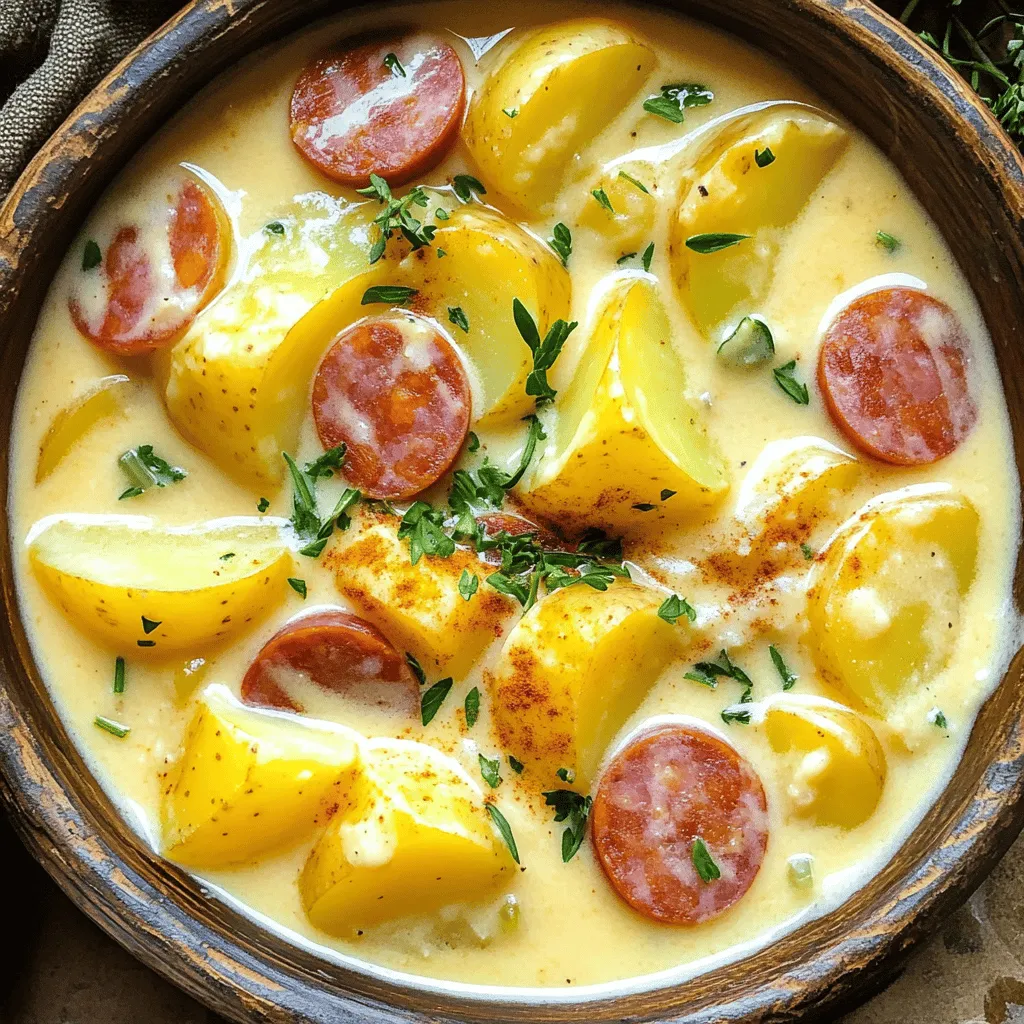 To make a warm and tasty Kielbasa Potato Soup, you need simple ingredients. The key flavors come from the kielbasa and potatoes, while the broth and seasonings add depth. Let’s break down what you'll need. - Kielbasa and Potatoes - 1 pound kielbasa, sliced into half-moons - 4 medium potatoes, peeled and diced into bite-sized pieces - Broth and Seasonings - 1 medium onion, finely chopped - 3 cloves garlic, minced - 4 cups chicken or vegetable broth - 1 cup heavy cream - 2 tablespoons olive oil - 1 teaspoon smoked paprika - 1 teaspoon dried thyme - Salt and pepper to taste - Garnish and Optional Add-ins - Fresh parsley, chopped (for garnish) Each ingredient plays a big role in the final taste. The kielbasa gives a nice smoky flavor, while the potatoes add heartiness. The broth forms a rich base for the soup. Don't forget the cream to make it creamy and smooth! Adding chopped parsley at the end brings a fresh touch to your bowl. Enjoy every bite with these simple ingredients in hand! 1. Sautéing the Onions and Garlic Start by pouring olive oil into a large pot. Heat it over medium heat until it shimmers. Add the finely chopped onion. Sauté for about five minutes. You want the onion to soften and turn translucent. Next, add the minced garlic. Stir it in and let it cook for one minute more. The garlic should smell amazing! 2. Browning the Kielbasa Now, it’s time to add the sliced kielbasa. Stir it into the pot with the onions and garlic. Cook for about four to five minutes. The kielbasa should brown nicely and start to release its flavor. This step adds a rich taste to your soup. 3. Cooking the Potatoes and Broth Next, stir in the diced potatoes. Pour in the chicken or vegetable broth. Sprinkle in the smoked paprika and dried thyme. Increase the heat to bring the mix to a gentle boil. Once it bubbles, reduce the heat to low. Cover the pot and let it simmer for 15 to 20 minutes. You want the potatoes to be fork-tender. 1. Mashing the Potatoes for Texture After cooking, grab a potato masher. Mash some of the potatoes right in the soup. This gives it a thicker texture. You can leave some chunks for a nice bite. This step is key for that creamy feel! 2. Adding Heavy Cream and Seasoning Pour in the heavy cream and stir it all together. This adds richness. Now, season the soup with salt and pepper to your liking. Taste it! Adjust the seasoning as needed for the best flavor. 3. Final Heating Steps Heat the soup through for an extra five minutes. You want everything warm and well mixed. Once done, ladle the hot soup into bowls. Garnish with fresh parsley for color. This little touch makes it look beautiful too! Achieving the Best Flavor Start with good quality kielbasa. This adds a rich, savory taste. Sauté the onions until soft. It enhances the soup base. Don't rush this step; it builds flavor. Use smoked paprika for depth. It gives a hint of spice without being hot. Temperature and Cooking Time Keep the heat at medium when cooking the onions. This prevents burning. Bring the soup to a gentle boil for best results. Reduce the heat to low and cover it. Let it simmer for 15 to 20 minutes. This helps the potatoes cook evenly. Ideal Accompaniments and Toppings Serve the soup with crusty bread. It soaks up the creamy broth well. A sprinkle of fresh parsley adds color and flavor. You can also add a dollop of sour cream for extra creaminess. Storing Leftovers Cool the soup before storing. Use airtight containers for best results. It will last in the fridge for up to four days. You can also freeze it for about three months. Just thaw it in the fridge before reheating. {{image_4}} Using Different Types of Sausage You can try other sausages if you want to mix things up. Polish sausage works well, but you can also use turkey or chicken sausage for a leaner meal. Each type brings a unique taste, so feel free to explore. Alternatives for Creamy Texture If you want a lighter option, substitute heavy cream with half-and-half or coconut milk. For a non-dairy choice, cashew cream works wonderfully. These swaps give you creamy soup without the extra calories. Vegetables to Enhance Nutritional Value To boost nutrition, add veggies like carrots, celery, or spinach. These ingredients add color and taste. They also provide vitamins and minerals, making your soup healthier. Spicing it Up with Hot Sauce For a kick, add your favorite hot sauce. Just a few drops can elevate the flavor. You could also use red pepper flakes for a subtle heat that complements the soup's creaminess. To keep your kielbasa potato soup fresh, store it properly. First, let the soup cool to room temperature. Then, pour it into an airtight container. Label it with the date and place it in the fridge. This soup stays good for about three to four days. If you want to keep it longer, consider freezing it. Use a freezer-safe container. Make sure to leave some space at the top, as the soup will expand when frozen. Kielbasa potato soup can last up to three months in the freezer. When it's time to enjoy the soup again, there are great ways to reheat it. The best method is on the stove. Pour the soup into a pot over medium heat. Stir it often to ensure even heating. This helps keep the texture and flavor intact. You can also use the microwave. Pour the soup into a microwave-safe bowl. Heat it in short bursts, stirring in between. This method works too, but it may not keep the texture as nice as the stove. Always check that it’s hot throughout before serving. You can use any smoked sausage. Polish sausage or turkey sausage works well too. If you prefer a vegetarian option, try using tempeh or a plant-based sausage. Just make sure the alternative has a rich flavor to keep the soup tasty. Yes, you can! Start by sautéing the onions and garlic in a pan. Then, add all the ingredients to your slow cooker. Cook on low for 6-8 hours or on high for 3-4 hours. This method allows flavors to blend beautifully. If your soup is too thin, try mashing more potatoes. You can also add a cornstarch slurry. Mix equal parts cornstarch and water, then stir it into the soup. Let it cook for a few minutes to thicken. Absolutely! Kielbasa potato soup stores well. You can make a big batch and keep it in the fridge for up to 4 days. It also freezes nicely. Just portion it out and freeze for future meals. Reheat and enjoy whenever you’re ready! In this post, I covered how to make hearty Kielbasa Potato Soup. We explored key ingredients like kielbasa, potatoes, and rich broth. I gave you step-by-step guidance on cooking and thickening your soup. You now have tips for flavor and serving. Remember, you can swap ingredients or add extras to make it your own. This recipe is flexible for your kitchen needs. With these skills, your soup will be a hit every time. Enjoy every warm bowl you share!