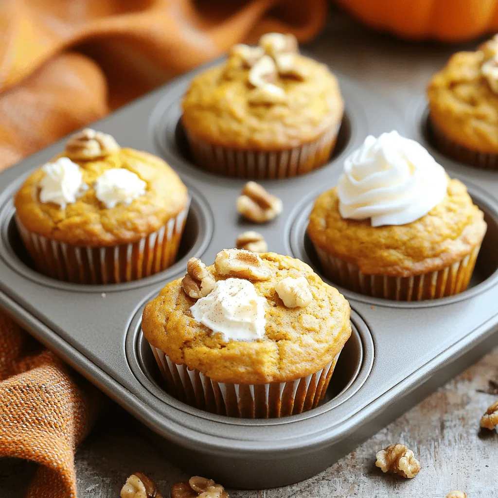 - 1 ½ cups all-purpose flour - 1 teaspoon baking powder - ½ teaspoon baking soda - 1 teaspoon ground cinnamon - ½ teaspoon ground nutmeg - ¼ teaspoon ground ginger - ½ teaspoon salt - ½ cup granulated sugar - ½ cup brown sugar, packed - 1 cup pumpkin puree - 2 large eggs - ½ cup vegetable oil - 1 teaspoon vanilla extract - 4 oz cream cheese, softened - Optional: Chopped walnuts or pecans To make delicious pumpkin cream cheese muffins, gather all these ingredients first. I find that using fresh pumpkin puree gives a nice flavor, but canned works well too. Choose your favorite spices. The blend of cinnamon, nutmeg, and ginger makes the muffins warm and cozy. For the cream cheese, make sure it is soft. Cut it into small cubes so it mixes well. If you like a crunch, add chopped walnuts or pecans on top. This adds a nutty flavor that pairs perfectly with pumpkin. Gathering these ingredients is the first step to creating a tasty treat. Trust me; you will love how these muffins turn out! - Preheat your oven to 350°F (175°C). Prepare your muffin tin by lining it with paper liners or lightly spraying it with non-stick cooking spray. - In a medium bowl, mix 1 ½ cups all-purpose flour, 1 teaspoon baking powder, ½ teaspoon baking soda, 1 teaspoon ground cinnamon, ½ teaspoon ground nutmeg, ¼ teaspoon ground ginger, and ½ teaspoon salt. Whisk this until well blended and set it aside. - In a large bowl, combine ½ cup granulated sugar, ½ cup packed brown sugar, 1 cup pumpkin puree, 2 large eggs, ½ cup vegetable oil, and 1 teaspoon vanilla extract. Whisk until the mixture is smooth and even. - Add the dry ingredients to the wet mixture. Stir gently until just combined. It’s okay if you have a few lumps; avoid overmixing. - Fold in 4 ounces of softened cream cheese, cut into small cubes. Make sure they are evenly distributed for creamy pockets in every muffin. - Divide the batter evenly among the 12 muffin cups. Fill each cup about two-thirds full. If you want, sprinkle chopped walnuts or pecans on top for extra crunch. - Place the muffin tin in the oven and bake for 18-20 minutes. Check for doneness by inserting a toothpick into the center of a muffin. It should come out clean when they are ready. - After baking, let the muffins cool in the pan for about 5 minutes. Then, carefully transfer them to a wire rack to cool completely. - For the best taste, serve warm. You can add a dollop of whipped cream or a swirl of cream cheese frosting on top. A light dusting of cinnamon makes them look and taste even better! - How to prevent overmixing: Mix the wet and dry ingredients gently. Stop as soon as you see no dry flour. A few lumps are okay. Overmixing can make your muffins tough. - Ensuring cream cheese is well-distributed: Cut the cream cheese into small cubes. Gently fold them into the batter. This helps create delicious pockets of cream cheese in every bite. - Serving warm with toppings: Serve your muffins warm. Top them with whipped cream or a bit of cream cheese frosting. A sprinkle of cinnamon makes them even better. - Pairings for beverages: These muffins pair well with coffee, tea, or even hot chocolate. The spices in the muffins match nicely with warm drinks. - Overbaking guidelines: Keep an eye on the muffins while they bake. Check them around 18 minutes. A toothpick should come out clean when they are done. - Ingredients substitutions that affect texture: Avoid swapping the sugar types without testing. Brown sugar adds moisture while granulated sugar adds sweetness. Mixing them helps keep the muffins soft and tasty. {{image_4}} To make these pumpkin cream cheese muffins gluten-free, use a good gluten-free flour blend. Look for blends that include xanthan gum for better texture. You may need to adjust the moisture levels in the batter. Start with an extra tablespoon of oil or pumpkin puree to keep the muffins moist. You can add chocolate chips for a sweet twist. Dark or semi-sweet chocolate works well with pumpkin. Spices like cloves and allspice can also enhance the flavor. For a nutty crunch, fold in chopped walnuts or pecans. Dried fruits like cranberries or raisins add a nice chewiness, too. For Thanksgiving, add a sprinkle of cinnamon sugar on top. This gives a festive look and taste. For Halloween, use orange and black sprinkles as a fun decoration. You could even try adding a dash of orange zest for a bright flavor. These ideas can make your muffins special for any holiday or party! To store your pumpkin cream cheese muffins at room temperature, place them in an airtight container. This keeps them fresh for up to three days. You can also wrap them in plastic wrap for added protection from air. If you live in a humid area, refrigeration can help. Just keep them in the same airtight container. This method can extend their freshness by a few more days. Freezing muffins is easy and effective. First, let them cool completely. Then, wrap each muffin in plastic wrap. For extra protection, place the wrapped muffins in a freezer bag. You can freeze them for up to three months. To thaw, simply leave them at room temperature for a few hours. If you want them warm, you can microwave them for about 20 seconds. Fresh pumpkin muffins last about three days at room temperature. In the fridge, they can stay good for about a week. When they start to dry out, they are losing freshness. Look for signs like mold or a sour smell. If you see either, it's best to discard them. You can make these muffins healthier by swapping some ingredients. Here are a few ideas: - Use whole wheat flour instead of all-purpose flour. - Replace granulated sugar with honey or maple syrup. - Use unsweetened applesauce as a substitute for some oil. - Try low-fat cream cheese to cut fat. These swaps still keep the muffins tasty but lower in sugar and fat. Yes, you can use pumpkin spice! It simplifies things. Use about 2 teaspoons of pumpkin spice for this recipe. Adjust to your taste. This mix contains cinnamon, nutmeg, and ginger, just like the individual spices. There are many fun ways to use leftover pumpkin puree. Here are some ideas: - Add it to smoothies for creaminess and flavor. - Mix it into oatmeal for a warm breakfast. - Use it in soups for a rich taste. - Make pumpkin pancakes or waffles. - Bake pumpkin bread or muffins. Pumpkin puree is versatile and adds nutrition to many dishes! These pumpkin muffins are easy to make and taste great. You need simple ingredients and clear steps. Remember to bake them just right to avoid mistakes. Try fun variations like gluten-free or adding nuts. Store them well to keep fresh. Now you can enjoy tasty muffins any time! Happy baking!