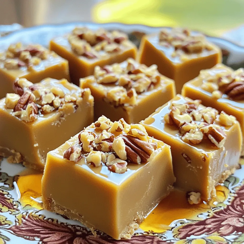 To make delicious maple fudge, you need a few key ingredients. Each one plays a big role in the flavor and texture of the fudge. Here’s the list: - 2 cups granulated sugar - 1 cup pure maple syrup - 1/2 cup heavy cream - 1/4 cup unsalted butter, cubed - 1 teaspoon pure vanilla extract - 1/2 teaspoon fine sea salt - 1 cup chopped pecans (optional) Granulated sugar is the base. It adds sweetness and helps with texture. Pure maple syrup is the star. It gives that sweet, rich maple flavor we all love. Heavy cream adds a smooth, creamy richness. Unsalted butter makes the fudge rich and buttery. Pure vanilla extract adds warmth. Fine sea salt balances the sweetness. If you want a nutty crunch, add chopped pecans. They bring a nice texture contrast. You can also skip them if you prefer a smooth fudge. Each ingredient combines to create a delightful treat perfect for any occasion. Start by lining an 8-inch square baking pan with parchment paper. Make sure to leave some paper hanging over the edges. This overhang helps you lift the fudge out later. It makes cutting the fudge easy and keeps it from sticking. In a medium saucepan, combine 2 cups of granulated sugar, 1 cup of pure maple syrup, and 1/2 cup of heavy cream. Stir gently until the sugar dissolves. Then, turn the heat to medium-high. Bring the mixture to a gentle boil while stirring constantly. This step prevents the sugar from burning. Once it starts to boil, lower the heat to medium. Let it boil without stirring for about 5-7 minutes. Use a candy thermometer to check the temperature. You want it to reach the soft-ball stage, which is between 235°F and 240°F. Carefully take the saucepan off the heat. Without stirring, add in 1/4 cup of cubed unsalted butter, 1 teaspoon of pure vanilla extract, and 1/2 teaspoon of fine sea salt. Let the mixture sit for about 5 minutes to cool down a bit. After that time, grab a wooden spoon or a hand mixer. Beat the mixture for about 5-7 minutes until it thickens and loses its shiny look. This step adds air and makes the fudge creamy. If you want to add nuts, now is the time! Gently fold in 1 cup of chopped pecans. Then, pour the fudge mixture into the prepared baking pan. Use a spatula to spread it evenly. Let the fudge cool at room temperature for about 2 hours until it sets. Once it's firm, lift it out using the parchment overhang. Place it on a cutting board and cut it into squares. Enjoy your sweet creation! To make great fudge, you need to watch the temperature closely. A candy thermometer is your best friend. It helps you know when to stop cooking. The fudge should reach between 235°F and 240°F. This is the soft-ball stage. If it goes too far, your fudge becomes too hard. Burning can ruin your fudge. Stir your mixture well when it first heats up. Once it boils, stop stirring. Let it bubble for about 5-7 minutes. This keeps it from sticking to the pan. Watch it closely. If you see smoke or smell burning, take it off the heat right away. Once your fudge cools, it’s time to make it look pretty. Cut the fudge into squares and place them on a decorative plate. You can use any plate that matches your style. Arrange the squares neatly for a nice look. For a special touch, consider garnishing your fudge. You can sprinkle some extra chopped pecans on top. A light drizzle of maple syrup adds sweetness too. This makes it look and taste even better. {{image_4}} You can add nuts to your maple fudge for extra crunch. Pecans are my go-to choice. They add a rich, buttery flavor. Walnuts work well too; they bring a slightly bitter taste that balances the sweetness. If you prefer something different, try almonds. Their mild flavor and crunch make a great addition. Just chop them roughly and fold them in with the fudge mixture. Want to mix it up? You can add more flavors to your fudge! Chocolate is a popular choice. Just melt some chocolate and mix it in for a sweet twist. Caramel can also enhance the fudge's richness. Pour some in before it sets for a gooey surprise. Spices like cinnamon can bring warmth and depth. A half teaspoon can change the whole flavor profile. If you need to make your fudge vegan or dairy-free, it’s easy! Swap the heavy cream for coconut cream. It gives a rich texture without dairy. Use vegan butter instead of unsalted butter. This keeps the fudge creamy. Check your maple syrup to ensure it’s pure and vegan. These changes let everyone enjoy your fudge, no matter their diet. To keep your maple fudge fresh, you need to store it well. First, let the fudge cool completely at room temperature. Then, cut it into squares. I recommend you use an airtight container. This prevents air from getting in and drying out the fudge. Best practices for keeping fudge fresh: - Store in a cool, dry place. - Place parchment paper between layers if stacking. - Avoid direct sunlight or heat sources. Recommended storage containers: - Glass or plastic airtight containers work best. - You can also use a tin or metal box with a lid. If you have extra fudge, you can freeze it. Freezing keeps the fudge tasty for months. Tips for freezing and thawing fudge: - Wrap each piece in plastic wrap. - Place wrapped pieces in a freezer-safe bag or container. - To thaw, move fudge to the fridge overnight before eating. With these tips, your maple fudge will stay fresh and delicious for any occasion. You can tell fudge is done by checking its temperature. Use a candy thermometer. It should reach 235°F to 240°F. This is called the soft-ball stage. The fudge will also appear glossy. Once it starts to lose its shine, it's ready for beating. If you need a substitute for heavy cream, try full-fat coconut milk. It adds great creaminess and flavor. You can also use whole milk with a little melted butter. This mix creates a similar texture, but the taste may differ slightly. You can use artificial maple flavoring, but pure maple syrup is best. It gives a rich, natural flavor. Artificial flavoring may lack complexity. If you choose to use it, adjust the amount based on your taste. Homemade maple fudge lasts about one to two weeks at room temperature. Store it in an airtight container. For longer storage, you can freeze it. When frozen, it can last up to three months. Just remember to thaw it slowly in the fridge. This guide covered everything you need for perfect maple fudge. We looked at the main ingredients, step-by-step instructions, and helpful tips. We also explored fun variations, storage methods, and answered common questions. Fudge-making can be fun and rewarding. With the right ingredients and care, you can create tasty treats. Try my tips, and enjoy your fudge-making journey. Your homemade fudge will impress friends and family!