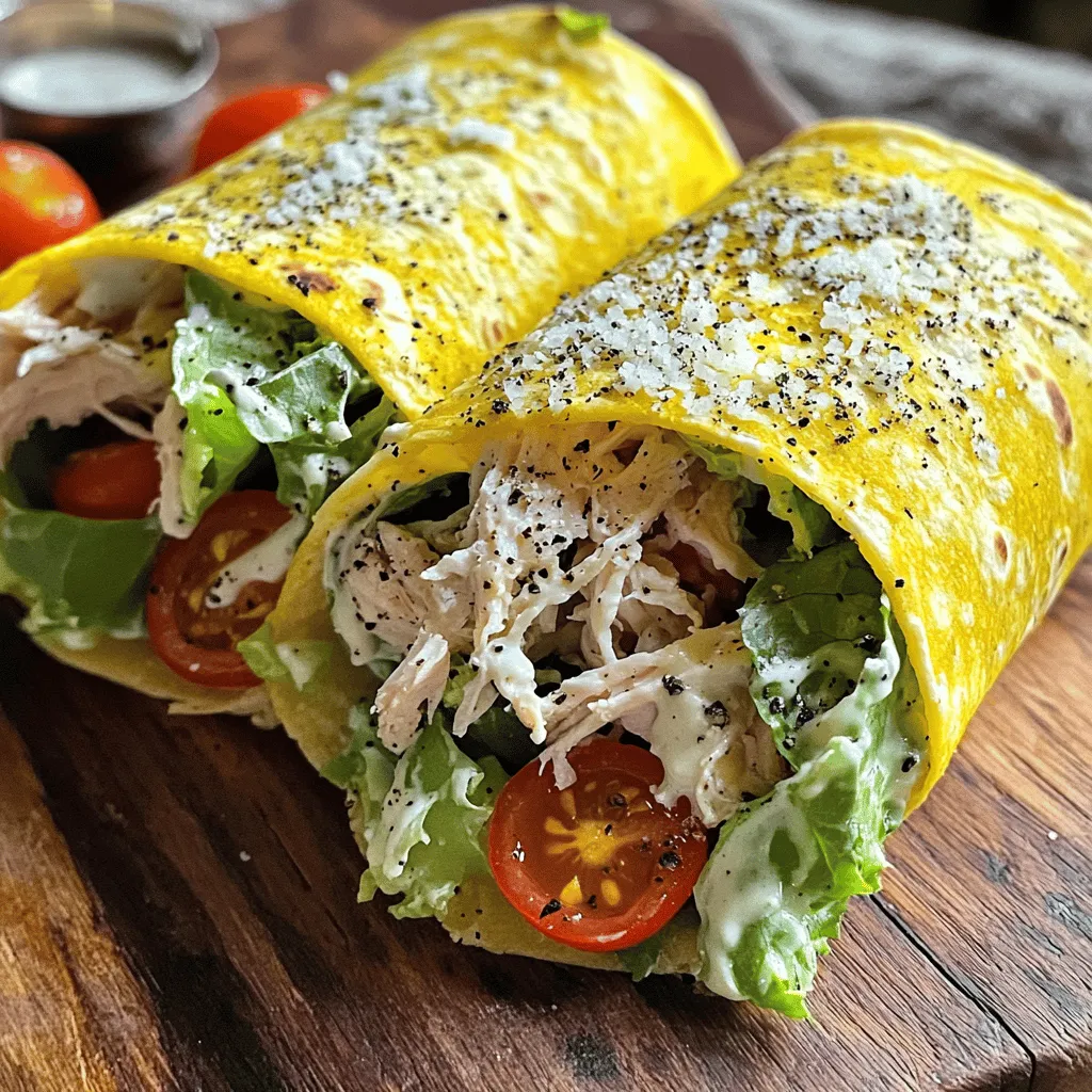 To make a tasty Chicken Caesar Wrap, gather the following ingredients: - 2 large flour tortillas - 1 cup cooked chicken breast, shredded or sliced - 1 cup romaine lettuce, roughly chopped - ½ cup cherry tomatoes, halved - ¼ cup freshly grated Parmesan cheese - ¼ cup Caesar dressing (store-bought or homemade) - Freshly cracked black pepper, to taste - Optional: a handful of croutons for added crunch These ingredients combine for a delightful meal. The key is to use fresh, high-quality items. The chicken should be juicy and tender. Romaine lettuce adds a nice crunch. The cherry tomatoes offer a burst of flavor. You can choose to make your own Caesar dressing or use store-bought for convenience. Either way, the creamy dressing is a must for that classic taste. Adding croutons gives your wrap extra texture. For the full recipe, check out the Chicken Caesar Wrap Delight. Enjoy making this easy and delicious meal! To prep the chicken for the wrap, start by seasoning it. Sprinkle salt and pepper on the chicken breast. Grill or bake the chicken until it is fully cooked. Let it cool, then shred or slice it into bite-sized pieces. Next, chop the vegetables. Take your romaine lettuce and cut it into small pieces. Halve the cherry tomatoes for easy mixing. This step adds crunch and color to your wrap. Now, let’s mix the filling ingredients. In a large bowl, combine the shredded chicken, chopped romaine, halved tomatoes, and grated Parmesan cheese. Drizzle the Caesar dressing over this mixture. Gently toss it all together until everything is well coated. As for wrapping the tortillas, lay each one flat on a clean surface. Spoon half of the chicken Caesar mixture onto the center of each tortilla. Leave about an inch empty along the edges. This space helps you wrap easily. To wrap it up, fold the sides of the tortilla inward. Start rolling from one end to the other. Tuck in the filling as you roll. This keeps everything neat and secure. Repeat with the second tortilla. If you want extra flavor, you can toast or grill the wrap. Heat a non-stick skillet over medium heat. Place the wraps seam-side down in the skillet. Cook for about 2-3 minutes on each side until golden brown and slightly crispy. This step adds a nice texture to your meal. Enjoy the deliciousness of your Chicken Caesar Wrap! For the complete recipe, check [Full Recipe]. To make your Chicken Caesar Wrap shine, focus on seasoning. I like to use salt, pepper, and a bit of garlic powder on the chicken. This adds depth to the flavors. Cook the chicken until it’s juicy and tender. Shredded chicken works best as it mixes well with the other ingredients. For a great texture, don’t skip the romaine lettuce. It should be crispy and fresh. You can choose between homemade and store-bought Caesar dressing. Homemade dressing often tastes fresher and lets you control the flavors. Mix Greek yogurt, lemon juice, Dijon mustard, and minced garlic for a simple version. For store-bought, look for a brand with fewer preservatives. If you want to change things up, add herbs or spices to your dressing. A dash of hot sauce can give it a nice kick! When serving your wrap, slice it diagonally. This makes it look more appealing. Arrange the slices on a bright plate or a wooden board for a rustic touch. Add a sprinkle of Parmesan and a few halved cherry tomatoes around the wraps. This adds color and invites people to dig in. For an extra treat, serve with a small bowl of Caesar dressing on the side for dipping. {{image_4}} You can swap chicken for turkey, shrimp, or even a vegetarian option. Each protein brings a unique taste. If you choose turkey, cook it just like chicken. Shrimp cooks faster, so sauté it for only 2 to 3 minutes. If you want a vegetarian wrap, use grilled tofu or chickpeas for protein. Make sure to adjust the cooking times based on what you choose. This way, you keep the wrap juicy and delicious. While flour tortillas are great, you can try whole wheat or spinach tortillas. Whole wheat adds a nutty flavor, and spinach gives a nice color. If you need gluten-free options, use corn tortillas or gluten-free wraps. These alternatives still hold the filling well and taste amazing. Want to spice things up? Add jalapeños or crushed red pepper for heat. You can also toss in extra veggies like bell peppers or avocados for crunch. For cheese lovers, try feta or mozzarella instead of Parmesan. Each option changes the wrap’s flavor and makes it special. To keep your Chicken Caesar Wrap fresh, follow these tips: - Refrigeration: Wrap each wrap in plastic wrap or foil. Place them in an airtight container. This keeps them from drying out. - Freezing: You can freeze the wraps for later. Wrap each one tightly in plastic wrap. Then, place them in a freezer-safe bag. Label them with the date. - Rewarming: To reheat, take the wrap from the fridge or freezer. If frozen, let it thaw in the fridge overnight. Then, heat it in a skillet over medium heat. Cook for about 3-4 minutes on each side until warm. Each component of your Chicken Caesar Wrap has a different shelf life: - Cooked Chicken: Lasts 3-4 days in the fridge. If frozen, it can last up to 4 months. - Tortillas: Store in a cool, dry place. They last about 1-2 weeks in the pantry. - Romaine Lettuce: Use within 3-7 days for best freshness. - Cherry Tomatoes: Last about a week when stored at room temperature. - Parmesan Cheese: When stored properly, it can last 1-2 months in the fridge. - Caesar Dressing: Check the label for expiration. Homemade dressing lasts about 1 week in the fridge. - Signs of Spoilage: Look for changes in color, smell, or texture in chicken or dressing. If it smells off or looks moldy, throw it away. Preparing your wraps ahead can save time. Here’s how: - Prep the Chicken: Cook and shred the chicken in advance. Store it in the fridge for up to 4 days. - Chop Veggies: Wash and chop romaine and tomatoes ahead of time. Keep them in airtight containers. - Make Dressing: If making homemade dressing, prepare it in advance and store it in the fridge. - Portioning: Assemble wraps in pairs. Wrap them tightly and store for quick meals. This way, you can grab and go anytime! For the full recipe, check out the Chicken Caesar Wrap Delight. Enjoy your tasty meal! To make a Chicken Caesar Wrap from scratch, follow these steps: 1. Prep the Ingredients: Gather all your ingredients. If your chicken is raw, cook it well. Season it with salt and pepper, then grill or bake it. Once cooled, shred or slice the chicken. Chop the romaine lettuce and halve the cherry tomatoes. 2. Make the Caesar Dressing: If you're making your own dressing, whisk together Greek yogurt, lemon juice, Dijon mustard, minced garlic, salt, and pepper in a bowl. Adjust the taste to your liking. 3. Combine Filling: In a large bowl, mix the shredded chicken, chopped romaine, halved tomatoes, and grated Parmesan cheese. Add the Caesar dressing and toss until everything is coated. 4. Assemble the Wrap: Place each tortilla flat. Spoon half of the chicken mixture onto the center of each tortilla, leaving space on the edges. 5. Wrap It Up: Fold the sides of the tortilla in, then roll from one end to the other. Tuck in the filling as you roll. 6. Heat the Wraps (optional): For a warm wrap, cook them seam-side down in a skillet over medium heat. Cook for 2-3 minutes on each side until golden. 7. Slice and Serve: Remove the wraps, slice them, and serve with extra dressing for dipping. Add croutons inside for a crunch! Yes, you can customize your Chicken Caesar Wrap in many ways: - Different Proteins: Swap chicken for turkey, shrimp, or a veggie option like grilled tofu. - Add Veggies: Include spinach, bell peppers, or cucumbers for more flavor and crunch. - Change the Cheese: Try blue cheese or feta for a different taste. - Dress It Up: Use different dressings like ranch or a spicy garlic sauce for a twist. Feel free to mix and match ingredients based on what you love! You can find Chicken Caesar Wraps at many popular restaurants: - Fast Food Chains: Many sandwich shops and fast food places offer them. - Casual Dining: Look for wraps on the menu at casual dining spots like Applebee's or Chili's. - Local Cafes: Many local cafes and bistros have unique takes on this classic wrap. Check your favorite places to see if they have this tasty option! For a full recipe to make at home, check out the Chicken Caesar Wrap Delight. In this post, we covered how to make a tasty Chicken Caesar Wrap. We looked at the essential ingredients, steps to prepare, and ways to customize your wrap. Plus, we explored storage tips and answered common questions. With these simple instructions and ideas, you can create your own wraps at home. Enjoy the flavor, nutrition, and ease they bring to your meals. Now, grab your ingredients and get started!