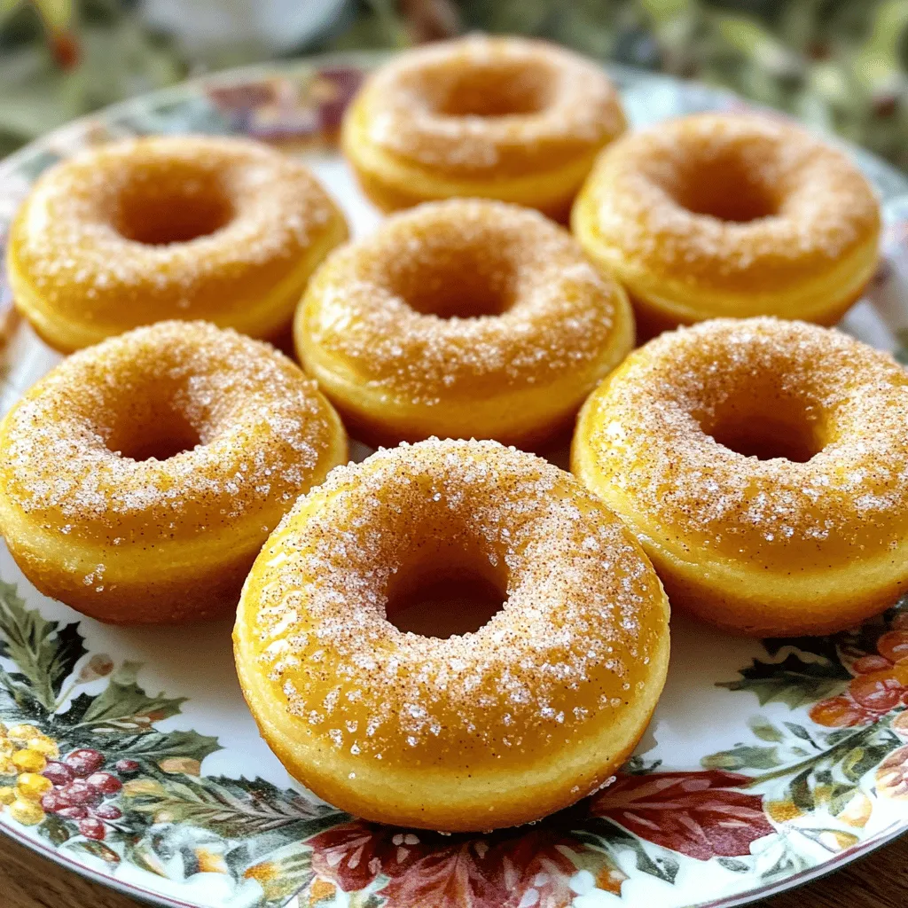 - 1 cup pumpkin puree - 1/2 cup granulated sugar - 1/4 cup brown sugar, packed - 1/2 cup vegetable oil - 2 large eggs - 1 teaspoon vanilla extract - 1 1/2 cups all-purpose flour - 1 teaspoon baking powder - 1/2 teaspoon baking soda - 1 teaspoon pumpkin pie spice - 1/2 teaspoon salt - 1/4 teaspoon ground cinnamon (for topping) - 1/4 cup powdered sugar (for topping) Pumpkin puree gives the donuts moisture and a rich flavor. It also adds fiber and nutrients. Granulated sugar and brown sugar sweeten the donuts and help with browning. Vegetable oil keeps them soft and tender. Eggs bind the ingredients and add structure. Vanilla extract enhances the overall flavor. All-purpose flour provides the base for the donuts, while baking powder and baking soda help them rise. Pumpkin pie spice brings warmth and a fall flavor. Salt balances sweetness and enhances all the flavors. If you don't have pumpkin puree, you can use applesauce or mashed bananas. For a healthier choice, swap vegetable oil with applesauce or coconut oil. If you're out of eggs, try using flaxseed meal or a commercial egg replacer. You can also use whole wheat flour instead of all-purpose flour for more fiber. For a different spice profile, mix your own blend of cinnamon, nutmeg, and ginger. First, gather your ingredients. You will need pumpkin puree, sugars, oil, eggs, and vanilla. In a large bowl, mix the pumpkin puree, granulated sugar, brown sugar, vegetable oil, eggs, and vanilla extract. Whisk until the mix is smooth. In a second bowl, whisk together the flour, baking powder, baking soda, pumpkin pie spice, and salt. Next, gently fold the dry mix into the wet mix. Be careful not to overmix; small lumps are okay. Preheat your oven to 350°F (175°C). Lightly coat your donut pan with non-stick spray. Use a spoon or piping bag to fill each donut cavity about two-thirds full. This helps the donuts rise nicely. Place the pan in the oven and bake for 12-15 minutes. Check doneness by inserting a toothpick into a donut. If it comes out clean, they are ready! Once baked, let the donuts cool in the pan for 5 minutes. Then, transfer them to a wire rack to cool fully. While they cool, mix powdered sugar and ground cinnamon in a small bowl. When the donuts are cool, sprinkle or dip them in the cinnamon-sugar mix. You can find the full recipe [here](#). Enjoy your tasty treats with coffee or tea! When making baked pumpkin spice donuts, avoid overmixing the batter. Overmixing can make donuts tough. Just mix until you see no dry flour. Also, be careful not to fill the donut pan too full. Aim for two-thirds full to let them rise nicely. Finally, don't skip cooling. Letting them cool on a wire rack keeps them from getting soggy. For the best flavor, use real pumpkin puree. It brings a rich taste to your donuts. Fresh pumpkin pie spice is also key. If you don’t have it, you can mix cinnamon, nutmeg, and ginger. This combo adds warmth and depth. Always check your oven's temperature too. An oven thermometer helps ensure your donuts bake evenly. These donuts shine at breakfast or as a snack. Serve them with coffee or spiced tea for a cozy vibe. For an extra touch, drizzle them with maple syrup or a glaze. You can even top them with chopped nuts for crunch. Arrange them on a festive plate for gatherings to impress your guests. {{image_4}} You can easily switch up the flavors in these donuts. Try adding chocolate chips for a rich twist. You can also mix in maple syrup instead of sugar for a sweet, earthy taste. For a spicy kick, add a pinch of cayenne pepper. Adjust the pumpkin pie spice to create your unique blend. Consider adding a splash of almond extract for a nutty flavor that pairs well with pumpkin. To make gluten-free donuts, substitute all-purpose flour with a gluten-free flour blend. Look for one that contains xanthan gum for the best texture. For a vegan version, swap the eggs for flax eggs. Mix one tablespoon of ground flaxseed with three tablespoons of water. Let it sit for five minutes to thicken. Use a plant-based oil instead of vegetable oil for a fully vegan treat. Toppings can enhance your baked donuts. Try a simple glaze made with powdered sugar and milk for a sweet finish. For a more fall-inspired touch, use chopped pecans or walnuts on top. Drizzle melted chocolate or a maple glaze for extra flavor. You can also roll the donuts in cinnamon and sugar for a classic touch. Get creative with toppings to suit your mood and the season! Check out the Full Recipe for more ideas. To keep your easy baked pumpkin spice donuts fresh, store them at room temperature. Use an airtight container to prevent them from drying out. They will stay good for about 2-3 days. If you want them to last longer, consider refrigeration. Just note that refrigeration can change the texture slightly. Freezing is a great option if you want to save some donuts for later. Here’s how to do it: - Let the donuts cool completely after baking. - Wrap each donut in plastic wrap. - Place the wrapped donuts in a freezer-safe bag or container. - Label with the date and store them in the freezer for up to 3 months. When you are ready to eat, you can thaw them at room temperature or pop them in the microwave for a few seconds. To enjoy your donuts warm, follow these steps: - If thawed, place them on a microwave-safe plate. - Heat for about 10-15 seconds. - For a crispier texture, you can also reheat them in the oven. Preheat the oven to 350°F (175°C) and warm them for about 5-7 minutes. This will bring back their fluffy goodness! Enjoy them fresh again. For the full recipe, check out the complete instructions earlier. Making pumpkin puree is easy. Start with a small pumpkin, often called a sugar pumpkin. Cut it in half and scoop out the seeds. Place the halves cut-side down on a baking sheet. Bake at 350°F (175°C) for about 45 minutes. When the flesh is soft, scoop it out and blend until smooth. This puree works great in our Easy Baked Pumpkin Spice Donuts recipe. Yes, you can use other sweeteners. Options include honey, maple syrup, or coconut sugar. Keep in mind that these may change the taste and texture slightly. If using a liquid sweetener like honey, reduce the liquid in your recipe. You can use leftover pumpkin puree in many ways. Stir it into oatmeal or yogurt for a fall twist. Add it to smoothies for extra creaminess. You can also use it in soups or sauces for added flavor. Don't forget to make more donuts! Baked donuts last about 3-5 days when stored in an airtight container. For longer freshness, refrigerate them. You can also freeze them for up to 3 months. Just thaw and enjoy when you're ready! To sum up, we covered the essential ingredients and their functions for baking donuts. We also shared step-by-step instructions, helpful tips, and some fun variations. Finally, I provided storage tips to keep your donuts fresh. With these insights, you can bake delicious treats with ease. Enjoy your donut-making journey!