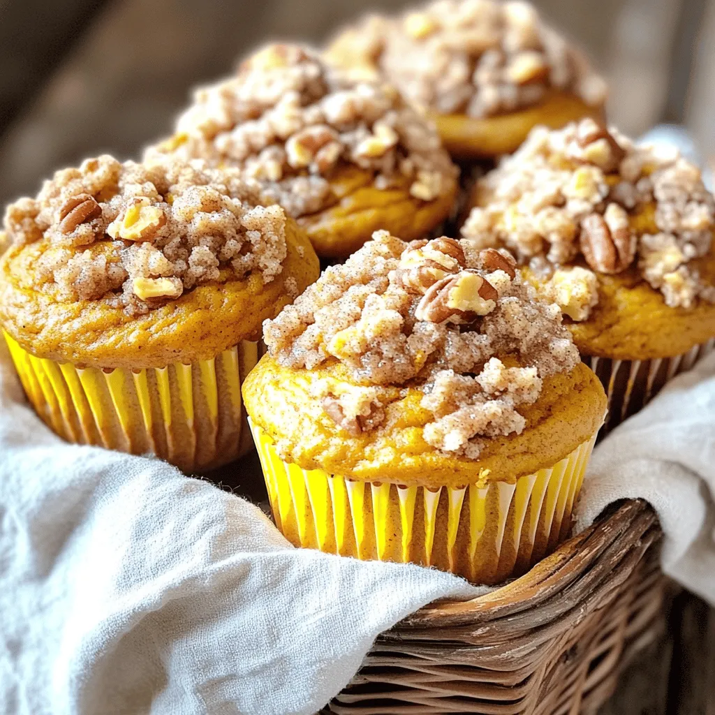 Let’s dive into what makes these Pumpkin Streusel Muffins so special. Here’s the full list of ingredients you will need: - 1 cup canned pumpkin puree - 1/2 cup vegetable oil - 1 cup granulated sugar - 1/2 cup packed brown sugar - 3 large eggs - 1 teaspoon vanilla extract - 2 cups all-purpose flour - 1 teaspoon baking soda - 1 teaspoon baking powder - 1 teaspoon ground cinnamon - 1/2 teaspoon ground nutmeg - 1/2 teaspoon salt - 1/4 teaspoon ground ginger For the delicious streusel topping, gather these ingredients: - 1/2 cup all-purpose flour - 1/3 cup packed brown sugar - 1/4 cup cold butter, cut into small cubes - 1 teaspoon ground cinnamon - 1/4 cup chopped pecans (optional) Measurements Matter Getting the right measurements is key. Use standard measuring cups and spoons to ensure your muffins turn out perfect. I always find that weighing ingredients can help too, especially flour, which can vary in density. Customization Options Feel free to play around with the recipe. You can swap in different nuts, like walnuts or almonds, for the streusel. You could even add chocolate chips for a sweet twist. Think about adding cranberries or raisins for a fruity touch. Now that you have all your ingredients lined up, you're ready to create something truly delightful! Check out the Full Recipe for a step-by-step guide on making these tasty treats. First, gather your wet ingredients. In a large bowl, whisk together the pumpkin puree, vegetable oil, granulated sugar, brown sugar, eggs, and vanilla extract. Mix until smooth. This step is key for a rich flavor. Next, in another bowl, combine the dry ingredients. Whisk together the flour, baking soda, baking powder, cinnamon, nutmeg, salt, and ginger. Mixing these well ensures an even rise in your muffins. Now, gently fold the dry mixture into the wet ingredients. Be careful not to overmix. A few lumps are fine. Overmixing can lead to tough muffins, and we want them light and fluffy. In a medium bowl, mix the flour, brown sugar, and cinnamon for the streusel. This combination gives a lovely sweetness and spice. Add the cold butter cut into small cubes. Use a fork or your fingers to work the butter into the mixture until it looks like coarse crumbs. If you want a nutty flavor, consider adding chopped pecans. This step is optional, but it adds a nice crunch. Preheat your oven to 350°F (175°C). Line your muffin pan with paper liners or spray it lightly with cooking spray. Fill each muffin cup about two-thirds full with batter. This allows room for rising. Generously sprinkle the streusel topping over each muffin. Bake your muffins for 18-22 minutes. To check for doneness, insert a toothpick into the center of a muffin. If it comes out clean, your muffins are ready. After baking, let the muffins cool in the pan for about 5 minutes. Then, transfer them to a wire rack to cool completely. Enjoy your delicious homemade pumpkin streusel muffins! For the full recipe, refer to the earlier section. To make your pumpkin streusel muffins even better, try adding spices like cloves or allspice. These will give your muffins a warm, cozy taste. If you want a bit of heat, a pinch of cayenne can add a nice kick. For pairing ideas, these muffins go great with a cup of coffee or tea. The rich flavors of pumpkin blend well with a warm drink, making it a perfect snack. Keeping your muffins moist is key to a great texture. Be careful not to overmix the batter. It’s okay if you see some lumps in the mix. Another tip is to check your oven temperature; an oven that is too hot can dry out your muffins. Also, use fresh ingredients. Old baking powder or flour can lead to dry muffins too. Always remember to fill your muffin cups about two-thirds full. This helps them rise nicely without overflowing. {{image_4}} You can make these muffins healthier without losing flavor. Start by using whole wheat flour. It adds fiber and a nutty taste. You may also try alternative sweeteners, like honey or maple syrup. They can lower the sugar content while keeping the sweetness. If you want vegan muffins, it’s easy to swap ingredients. Replace eggs with flaxseed meal or applesauce. Use almond milk instead of regular milk. These changes keep muffins moist and tasty. Enhance your muffins with fun add-ins. Chopped nuts, like walnuts or pecans, add a nice crunch. Dried fruits, like cranberries or raisins, bring a sweet surprise. You can even mix in chocolate chips for a rich twist. To enjoy seasonal flavors, try adding spices. In winter, add a pinch of cloves. For spring, include lemon zest for a fresh burst. These variations keep your muffins exciting all year round. Don't forget to check the Full Recipe for more ideas! To keep your Pumpkin Streusel Muffins fresh, store them at room temperature. Place them in an airtight container. This helps keep them moist for up to three days. You can also wrap each muffin in plastic wrap for extra protection. If you want to refrigerate them, keep them in the same airtight container. Just know that refrigeration can make them a bit dry. If you want to enjoy these muffins later, freezing is a great option. Wrap each muffin tightly in plastic wrap, then place them in a freezer-safe bag. They stay good for up to three months. When you are ready to eat them, thaw the muffins overnight in the fridge. For best results, reheat them in the oven at 350°F (175°C) for about 10 minutes. This helps bring back their soft texture. Avoid using the microwave, as it can make them rubbery after thawing. What can I substitute for pumpkin puree? You can use mashed sweet potatoes or butternut squash. Both options give a similar taste and texture. If you choose this, ensure the squash is cooked and smooth. How do I know when my muffins are done baking? Insert a toothpick into the center of a muffin. If it comes out clean, your muffins are done. You can also lightly press the top; it should spring back. Can I make mini muffins using this recipe? Yes! Just adjust the baking time. For mini muffins, bake for about 10-12 minutes. Keep an eye on them to avoid overbaking. Is it necessary to use both granulated and brown sugar? Yes, both sugars add different flavors. Granulated sugar makes muffins sweet, while brown sugar adds moisture and a hint of caramel. Can I omit the streusel topping? Yes, you can skip the streusel. Your muffins will still taste great. They will just lack that crunchy topping. What can I use instead of pecans in the topping? You can use walnuts, almonds, or even skip nuts entirely. If you want crunch, try using oats for a different texture. What to do if muffins are too dry? If your muffins turn out dry, try adding more wet ingredients next time. You can also reduce baking time slightly. How can I prevent muffins from sticking to the pan? Line the muffin pan with paper liners or spray it with cooking oil. This will help release the muffins easily after baking. In this post, I covered how to make delicious muffins. We explored essential ingredients, step-by-step mixing, and tips for perfecting your batter. I shared ways to enhance flavors and variations for healthier options. You learned how to store muffins to keep them fresh. By following these instructions, you will bake amazing muffins every time. Enjoy experimenting with flavors and sharing your tasty results with others! Happy baking!
