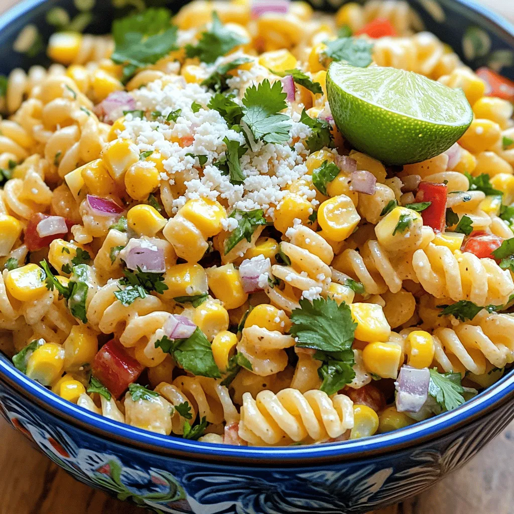 - 8 oz small pasta (elbow or rotini) - 2 cups corn kernels (fresh, frozen, or canned) - 1 red bell pepper, diced - 1/2 red onion, finely chopped - 1 jalapeño, finely diced (seeds optional) - 1/2 cup crumbled cotija cheese - 1/4 cup fresh cilantro, chopped - 1/4 cup mayonnaise - 2 tablespoons sour cream - 1 tablespoon fresh lime juice - 1 teaspoon chili powder - Salt and pepper, to taste This salad brings together fresh and vibrant flavors. The pasta serves as a great base. I like to use either elbow or rotini. Both shapes hold the dressing well. Corn adds sweetness and crunch. You can choose fresh corn for grilling, or use frozen or canned. I often grill fresh corn for a smoky taste that enhances the dish. The red bell pepper gives a pop of color and sweetness. The red onion adds a nice bite. If you want heat, add a jalapeño. You can leave the seeds in for more spice or remove them for less heat. Cotija cheese is a key ingredient, adding creaminess and saltiness. I love adding fresh cilantro for brightness. The creamy dressing combines mayonnaise and sour cream. Lime juice adds tang, while chili powder gives depth. Salt and pepper balance all the flavors. This salad is easy to make and perfect for gatherings. It serves 4 to 6, making it great for sharing. - Bring salted water to a boil. - Cook pasta according to package directions until al dente. - Drain and rinse under cold water. First, I boil the water in a large pot. The salt helps the pasta taste better. I cook the pasta until it’s firm but not hard, called al dente. After cooking, I drain it and rinse it under cold water. This stops the cooking and cools the pasta down. - Grilling fresh corn for smoky flavor. - Boiling frozen corn until tender. - Draining and rinsing canned corn. For fresh corn, I grill the ears to get a nice smoky taste. I brush them lightly with oil and grill until they are charred. Then, I cut the kernels off the cob. If I use frozen corn, I just boil it until it’s soft. Canned corn needs draining and rinsing, too. - Combining pasta, corn, and vegetables. - Incorporating crumbled cotija cheese. In a large bowl, I mix the cooled pasta with corn, diced red bell pepper, finely chopped red onion, and jalapeño. I also add crumbled cotija cheese for creaminess. I stir it all together to mix well. - Whisking together mayonnaise, sour cream, lime juice, and spices. For the dressing, I whisk mayonnaise, sour cream, lime juice, chili powder, and a pinch of salt and pepper in a bowl. I keep whisking until it’s nice and smooth. - Pouring dressing over the pasta mixture. - Gently mixing to coat ingredients evenly. Next, I pour the dressing over the pasta and corn mixture. I use a spatula to gently fold everything together. This ensures that all the ingredients are well coated. - Adding fresh cilantro before chilling. - Covering and refrigerating for flavor melding. I add chopped fresh cilantro for a burst of flavor and color. Then, I cover the bowl with plastic wrap or a lid. I chill it in the fridge for at least 30 minutes. This lets all the flavors mix together nicely. To cook perfect pasta, always salt your water. This step adds flavor during cooking. Use about one tablespoon of salt for every quart of water. Once your pasta is done, rinse it under cold water. This helps stop the cooking and cools it down quickly. Choosing corn is easy. Fresh corn is great for grilling. If using frozen, just boil it until tender. Canned corn works too; just drain and rinse well. For grilling, brush fresh corn with oil. Grill it until you see nice char marks. This adds a smoky flavor that enhances your salad. Want to adjust the heat? Add more jalapeño for spice. Remove the seeds for a milder taste. If you want a lighter dressing, swap out mayonnaise and sour cream for yogurt. This change keeps the creaminess but cuts the fat. {{image_4}} You can make this salad even heartier by adding protein. Grilled chicken works well and adds great flavor. Simply cube it and toss it in. You could also use shrimp if you want a seafood twist. If you prefer a vegetarian option, black beans or chickpeas are perfect. They add protein and a lovely texture. To make this salad creamier, try adding avocado. Chop it into small pieces and mix it in gently. It brings a rich taste that complements the corn. You can also add fresh herbs. Parsley adds a bright note, while sliced green onions give a nice crunch. Both can elevate the dish's overall flavor. If you need a gluten-free option, choose gluten-free pasta. Many brands now offer great choices that taste just as good. For those who want a vegan version, replace the cotija cheese with a nut-based cheese. You can also swap out the mayonnaise and sour cream for plant-based alternatives. These swaps allow everyone to enjoy this delicious salad! To keep your Mexican Street Corn Pasta Salad fresh, store it in an airtight container. This will help prevent moisture loss and keep flavors intact. Make sure your salad is completely cool before sealing it up. This step avoids condensation, which can make the salad soggy. If you have leftovers, try adding them to a wrap or a tortilla. You can also mix in some grilled chicken for a quick meal. If you want to reheat it, do so gently in the microwave. Heat just until warm, not hot, to keep the pasta from getting mushy. Your salad stays fresh in the fridge for about three days. After that, it may lose its taste and texture. Look for signs of spoilage like off smells, discoloration, or a slimy texture. If you notice any of these, it's best to toss it out. Enjoy your salad while it's fresh for the best flavors! You can try feta cheese. It has a similar crumbly texture. Goat cheese is another option. It offers a creamy taste. Parmesan cheese works too, but it is saltier. Choose based on your flavor preference. To add heat, use more jalapeño. You can keep some seeds for extra spice. Another option is to add diced serrano peppers. You can also sprinkle red pepper flakes or hot sauce on top. Adjust the spice to your liking! Yes, you can make this salad ahead of time. Prepare it up to a day before serving. Store it in an airtight container in the fridge. Just mix in the cilantro right before serving for freshness. To make this dish gluten-free, swap out regular pasta for gluten-free pasta. Options like quinoa or brown rice pasta are great. Always check the labels to ensure they are certified gluten-free. Absolutely! You can use any small pasta shape. Elbow macaroni or rotini works best for this dish. Penne or farfalle also make fun choices. Just make sure to adjust the cooking time as needed. This blog post covered a tasty pasta salad you can easily make. We discussed ingredients like corn, fresh veggies, and cotija cheese. I shared tips on making the perfect pasta and ways to adapt the recipe for different diets. Lastly, I offered storage tips and answered common questions. Now you have everything to create a delicious dish. Enjoy experimenting and savor every bite of your pasta salad!