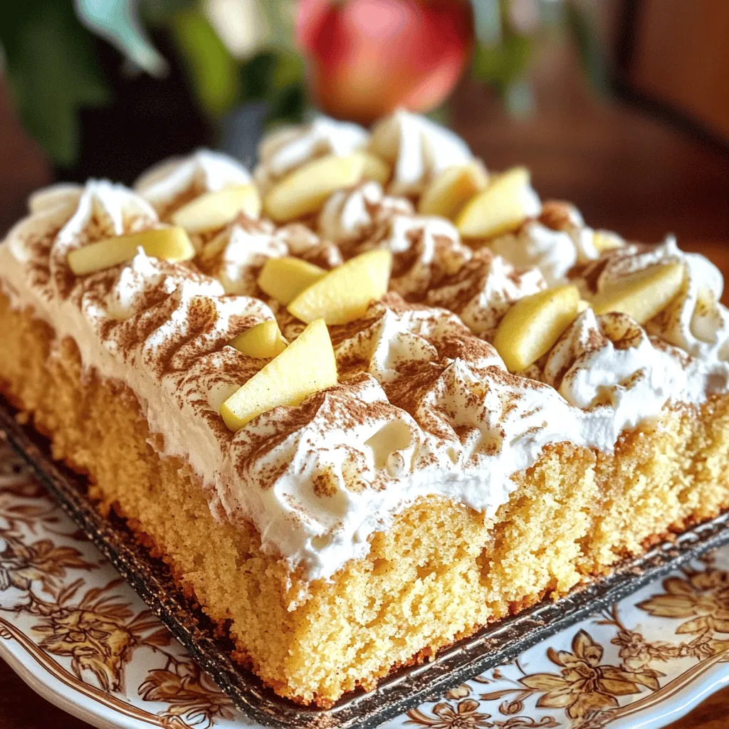 - 2 cups unsweetened applesauce - 1 ½ cups all-purpose flour - 1 cup granulated sugar - ½ cup brown sugar, packed - 1 teaspoon baking soda - 1 teaspoon baking powder - 1 teaspoon ground cinnamon - ½ teaspoon ground nutmeg - ½ teaspoon salt - ½ cup vegetable oil - 3 large eggs - 1 teaspoon vanilla extract - 8 oz cream cheese, softened to room temperature - ½ cup unsalted butter, softened to room temperature - 4 cups powdered sugar - 1 teaspoon vanilla extract - 1 teaspoon ground cinnamon This cake starts with simple ingredients that bring rich flavor. Unsweetened applesauce is the star. It keeps the cake moist and adds natural sweetness. The blend of sugars, granulated and brown, gives depth to the taste. For the dry mix, combine flour, baking soda, baking powder, and spices. Cinnamon adds warmth while nutmeg gives a hint of spice. The salt balances the sweetness. In the wet mix, vegetable oil keeps it tender. Eggs help with rise and structure. Vanilla extract enhances the cake's flavor. For the frosting, cream cheese and butter create a smooth base. Powdered sugar sweetens and thickens it. The vanilla and cinnamon make it special. This simple list of ingredients comes together for a delightful treat. Preheat the Oven Start by preheating your oven to 350°F (175°C). This step is key for a great bake. Grease and flour a 9x13-inch baking dish. This will help the cake release easily after baking. Prepare the Dry Ingredients In a large mixing bowl, whisk together the all-purpose flour, baking soda, baking powder, ground cinnamon, ground nutmeg, and salt. Mixing these dry ingredients well ensures the spices and leavening agents distribute evenly throughout the cake. Mix the Wet Ingredients In a separate bowl, combine the unsweetened applesauce, granulated sugar, packed brown sugar, vegetable oil, eggs, and vanilla extract. Use a whisk or electric mixer to blend until the mixture is smooth. This step adds moisture and sweetness to the cake. Combine Wet and Dry Mixtures Next, gradually fold the dry ingredients into the wet mixture. Stir gently until just combined. Be careful not to overmix. This helps keep your cake light and fluffy. Pour and Spread the Batter Pour the batter into the prepared baking dish. Use a spatula to spread it evenly across the surface. This ensures even baking and a nice rise. Bake the Cake Place the baking dish in the preheated oven. Bake for 30-35 minutes. Check for doneness by inserting a toothpick into the center. It should come out clean when the cake is fully baked. Cooling Instructions Let the cake cool in the pan for about 15 minutes. Then, carefully transfer it to a wire rack. Allow it to cool completely before frosting. This helps the frosting stay smooth and not melt. Beat the Frosting Ingredients In a large bowl, beat together the softened cream cheese and unsalted butter using an electric mixer. Mix until smooth and creamy, which should take about 2-3 minutes. Add Powdered Sugar Gradually add the powdered sugar to the cream cheese mixture. Start on low speed to avoid a cloud of sugar. Once combined, increase the speed to medium and mix until fluffy. Mix in Flavorings Stir in the vanilla extract and ground cinnamon. Ensure everything is well mixed and smooth. This adds a lovely flavor to your frosting. Apply the Frosting Once the cake has cooled completely, use a spatula to spread the cinnamon cream cheese frosting evenly over the top of the cake. Aim for a generous layer. This adds a delicious finish to your applesauce cake. Checking for Doneness To check if your cake is done, use a toothpick. Insert it into the center of the cake. If it comes out clean, the cake is ready. If it has wet batter on it, bake for a few more minutes. Remember, overbaking can dry out the cake, so check early. Ensuring a Fluffy Texture To keep your cake fluffy, mix your wet and dry ingredients gently. Overmixing can lead to a dense cake. Fold the dry mix into the wet mix until just combined. This preserves air bubbles, which create a light texture. Achieving a Smooth Frosting For a smooth frosting, start with room temperature cream cheese and butter. Beat them together until creamy. Add the powdered sugar slowly to avoid lumps. Mix on medium speed until fluffy. A spatula can help spread the frosting evenly. Storing Leftover Frosting If you have leftover frosting, store it in an airtight container. Refrigerate it for up to one week. When ready to use it again, let it sit at room temperature. Re-whip it if needed to regain that fluffy texture. {{image_4}} Gluten-Free Options You can easily make this cake gluten-free. Use a gluten-free flour blend instead of all-purpose flour. Look for blends that include xanthan gum. This helps create a nice texture. You may need to adjust the baking time slightly. Start checking for doneness a few minutes early. Vegan Adaptations To make this cake vegan, substitute eggs with flaxseed meal. Mix one tablespoon of flaxseed meal with three tablespoons of water. Let it sit for a few minutes to thicken. Use plant-based butter instead of regular butter for the frosting. You can also use nut milk in place of dairy. Adding Nuts or Fruits You can add a fun twist by putting in nuts or fruits. Chopped walnuts or pecans add crunch. Diced apples or raisins bring extra sweetness. Mix these into the batter before baking. This creates a cake with even more flavor and texture. Alternative Frosting Options Try different frostings for a unique taste. A simple vanilla buttercream is a great choice. You can also use a chocolate ganache for a rich flavor. Cream cheese frosting with a hint of orange zest adds a nice touch too. It’s fun to mix and match and find your favorite! - Room Temperature Storage: You can keep the cake at room temperature for up to three days. Make sure to cover it with plastic wrap or a cake dome. This keeps it fresh and moist. - Refrigeration Recommendations: If you want to store it longer, place it in the fridge. It can last up to a week there. Just wrap it well to prevent it from drying out. The cool air in the fridge helps keep the flavors fresh. - How to Freeze Slices: Cut the cake into slices. Wrap each slice tightly in plastic wrap. Then place them in a freezer bag. Label the bag with the date. It’s best to freeze the cake for up to three months. - Thawing and Reheating Tips: To enjoy, take a slice out and let it thaw in the fridge overnight. If you want it warm, you can microwave it for about 15-20 seconds. This brings back its soft texture. Enjoy your cake even after freezing! Yes, you can use sweetened applesauce. It will add extra sugar to the cake. You might want to reduce the granulated sugar by ¼ cup. This helps keep the cake balanced and delicious. Check the cake by inserting a toothpick into the center. If it comes out clean, the cake is ready. The edges should also pull away slightly from the pan. This shows the cake is fully baked. The cake lasts about 3-4 days at room temperature. If you store it in the fridge, it can last up to a week. Just keep it covered to keep it fresh. Yes, you can make the cake one day in advance. Just let it cool completely before covering it. Frost it on the day you plan to serve it for the best taste. Yes, this cake freezes well. Wrap it tightly in plastic wrap or foil. You can freeze it for up to three months. Thaw it in the fridge overnight before serving. You learned how to make a delicious applesauce cake with creamy frosting. We covered all the ingredients, step-by-step instructions, and helpful tips. Remember, baking is about having fun and experimenting. Feel free to try different flavors or dietary options. Enjoy your cake fresh or stored for later. The best part? You're now ready to impress with your baking skills!