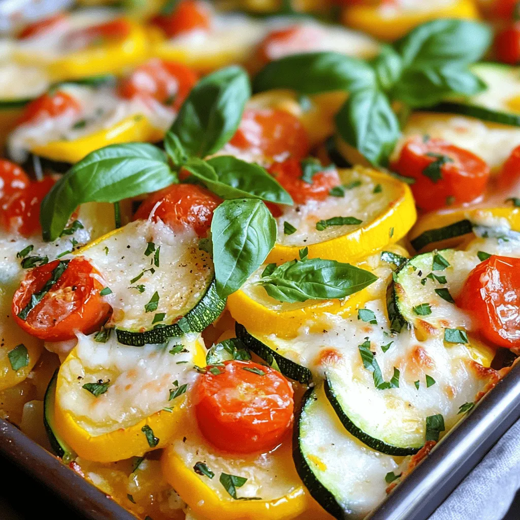 For this Summer Veggie Gratin, you will need a colorful mix of fresh veggies. Here’s what to gather: - 2 medium zucchini, sliced into thin rounds - 2 medium yellow squash, sliced into thin rounds - 1 red bell pepper, diced into small pieces - 1 cup cherry tomatoes, halved - 1 medium onion, thinly sliced - 2 cloves garlic, minced These vegetables create a lovely texture and flavor. Zucchini and squash add a mild taste. The red bell pepper brings sweetness, while the garlic and onion add depth. Cherry tomatoes add a burst of flavor and color. Cheese is key to a creamy and rich gratin. Here’s what you will need: - 1 cup ricotta cheese - 1 cup shredded mozzarella cheese - 1/2 cup grated Parmesan cheese Ricotta gives a creamy base. Mozzarella melts beautifully, creating a delicious layer. Parmesan adds a wonderful salty kick. Together, they create a lovely cheese blend that pulls this dish together. To enhance the flavors of your gratin, you’ll need some simple seasonings and oil. Gather these: - 1 teaspoon dried Italian herbs (a blend of oregano, thyme, and basil) - 1/4 teaspoon red pepper flakes (optional for heat) - Salt and pepper to taste - 2 tablespoons olive oil The Italian herbs bring a fresh taste of the garden. Red pepper flakes can add a nice touch of heat, but it’s optional. Olive oil helps sauté the vegetables, adding richness and flavor. This combination makes every bite a delight. Start by preheating your oven to 375°F (190°C). This step is key. It helps the gratin cook evenly. A hot oven gives you a perfect golden crust on top. Next, grab a large skillet and pour in 2 tablespoons of olive oil. Heat it over medium. When the oil shimmers, add 1 thinly sliced onion and 2 minced garlic cloves. Sauté these for 3-4 minutes. You want the onions to be soft and fragrant. Now, add 1 diced red bell pepper, 2 sliced zucchini, and 2 sliced yellow squash. Season them with salt, pepper, and 1 teaspoon of dried Italian herbs. If you like a bit of heat, sprinkle in 1/4 teaspoon of red pepper flakes. Cook this mix for 5-7 minutes. Stir occasionally until the veggies are tender but still a bit crisp. In a separate bowl, combine 1 cup of ricotta cheese, half of the shredded mozzarella, and half of the grated Parmesan cheese. Mix it well. Add a pinch of salt and pepper to this mixture to boost the flavors. Take a greased baking dish and layer half of the sautéed vegetables at the bottom. Spread the ricotta cheese mixture over these veggies. Then, add the remaining sautéed vegetables on top. Finish with the rest of the mozzarella and Parmesan cheeses. This creates a cheesy topping. Cover the baking dish tightly with aluminum foil. Place it in the oven and bake for 25 minutes. After that, carefully remove the foil. Return the dish to the oven for another 10-15 minutes. You want the top to be golden and bubbly. This process gives you a dish that looks and smells amazing. Enjoy the layers of flavors and textures! To get the best texture in your Summer Veggie Gratin, focus on the cooking time. You want your veggies tender but not mushy. Start by sautéing onions and garlic until they are soft. Then, add your zucchini and yellow squash. Cook them just until they soften, about 5-7 minutes. This keeps a nice bite. When you layer the veggies, avoid packing them too tightly. This helps the heat circulate and cooks them evenly. Herbs can make a big difference in flavor. I love using dried Italian herbs. They add a warm, savory taste. Sprinkle them in during cooking for a rich base. Fresh basil is also great. Add it as a garnish right before serving. This gives a fresh burst of flavor that brightens the dish. If you like heat, toss in red pepper flakes. Just a pinch can really elevate the taste. Presentation matters, even for a home-cooked meal! Serve your gratin warm for a cozy feel. You can leave it in the baking dish for a rustic look. If you want something fancier, dish it onto plates. This makes it look more special. Add a light salad or some crusty bread on the side. This not only adds color but makes for a complete meal. Don’t forget to garnish with fresh basil leaves on top. They make the dish pop visually and tastefully. {{image_4}} This Summer Veggie Gratin is already vegetarian-friendly. You can add more veggies for extra flavor. Try adding eggplant or mushrooms. These will fit right in with the zucchini and squash. You can also swap in some greens, like spinach or kale. Their bright colors add more appeal to the dish. Seasonal vegetables can bring new life to your gratin. In the spring, add in asparagus or peas. They offer a fresh taste that brightens the dish. In the fall, consider using butternut squash or sweet potatoes. These veggies add a sweet, hearty touch. You can also use fresh herbs from your garden, like thyme or rosemary, to enhance the flavor. The Summer Veggie Gratin is naturally gluten-free. This makes it perfect for those who avoid gluten. If you want a crunch, use gluten-free breadcrumbs on top. This adds a nice texture without the gluten. You can also ensure that your cheese and other ingredients are certified gluten-free. This way, everyone can enjoy this tasty dish. You can keep leftover Summer Veggie Gratin in the fridge. Place it in an airtight container. Make sure to cool it first. It will stay fresh for about 3 to 5 days. When you're ready to enjoy it again, check for any off smells or changes in texture. Freezing is a great option if you want to save some for later. First, let the gratin cool completely. Then, cut it into portions. Wrap each piece tightly in plastic wrap. Place the wrapped portions in a freezer-safe bag or container. This helps prevent freezer burn. You can freeze it for up to 2 to 3 months. Remember to label the bag with the date for easy tracking. To reheat, you can use the oven or microwave. If using the oven, preheat it to 350°F (175°C). Place the gratin in an oven-safe dish. Cover it with foil to keep it moist. Heat for about 20 to 25 minutes, or until warm. In the microwave, heat individual portions for 1 to 2 minutes. Check to make sure it's heated evenly. Enjoy your delicious Summer Veggie Gratin! You can use many fresh vegetables for a veggie gratin. I love zucchini and yellow squash for their mild taste. Red bell peppers add a nice sweetness. Cherry tomatoes bring color and juicy flavor. Onions and garlic enhance the overall taste. Feel free to mix in veggies like eggplant, spinach, or broccoli. Just make sure they are sliced thin to cook evenly. Yes, you can prepare this dish ahead of time. Make the gratin up to the baking step. Cover it well and store it in the fridge for up to 24 hours. When you are ready to bake, allow it to sit at room temperature for about 30 minutes. Then, bake as directed. This saves time and lets the flavors blend nicely. To spice things up, add more red pepper flakes. You can also use a spicy cheese, like pepper jack. Another great option is to mix in some diced jalapeños or crushed red peppers. Just be careful not to overpower the other flavors. Start with a little and taste as you go to find your perfect heat level. Absolutely! You can swap cheeses in your gratin. Try using goat cheese for a tangy twist. A sharp cheddar can add depth and richness. For a creamier texture, mix in some cream cheese. Just keep the total amount of cheese similar to the recipe. This way, you maintain that delicious cheesy goodness. This blog post shared how to make a delicious veggie gratin. We explored fresh vegetables, cheese choices, and the best seasonings. I walked you through each step, from preheating the oven to baking the gratin. You now have tips for texture, flavor, and presentation. Plus, I offered variations for different diets and storage advice. Remember, cooking is all about creativity. Enjoy customizing your dish with new flavors and ingredients. Your veggie gratin will impress everyone!