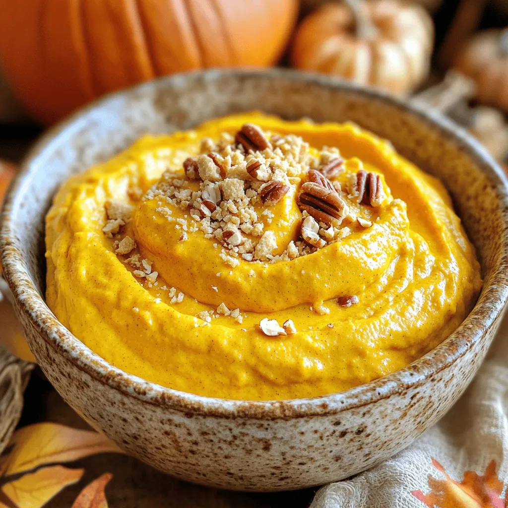 - 1 cup canned pumpkin puree - 1 cup chilled coconut cream (the thick part only) - 1/4 cup pure maple syrup - 1 teaspoon vanilla extract - 1 teaspoon pumpkin pie spice - 1/4 teaspoon sea salt - Crushed graham crackers - Chopped pecans For this Vegan Pumpkin Fluff Dip, you need simple and fresh ingredients. First, grab a can of pumpkin puree. This gives your dip a rich, smooth base. Next, the chilled coconut cream adds a creamy texture. Make sure to use only the thick part for the best fluffiness. You will also need pure maple syrup. It sweetens the dip naturally. The vanilla extract adds a hint of warmth. Pumpkin pie spice brings in those cozy fall flavors. Finally, a touch of sea salt balances all the sweetness. To make it extra special, think about adding some garnishes. Crushed graham crackers add a nice crunch. Chopped pecans also give a lovely nutty flavor. Both options make your dip look great too! Start by grabbing a large mixing bowl. Add 1 cup of canned pumpkin puree. Next, pour in 1/4 cup of pure maple syrup. Then, add 1 teaspoon of vanilla extract, 1 teaspoon of pumpkin pie spice, and 1/4 teaspoon of sea salt. Use a spatula or whisk to mix everything well. Keep mixing until the mixture is smooth and all the ingredients blend nicely. In a separate bowl, scoop out 1 cup of chilled coconut cream, leaving any liquid behind. Using an electric mixer or a whisk, whip the coconut cream for about 2-3 minutes. Aim for a light and fluffy texture. This step is crucial for achieving the dip's fluffiness. Now, gently fold the whipped cream into the pumpkin mixture. Use a spatula to do this. Be careful not to deflate the whipped cream. The air in the cream helps the dip stay light and fluffy. After combining, give the dip a taste. If you want it sweeter, add more maple syrup. Mix gently again to ensure everything is well combined. Pour the fluffy pumpkin dip into a serving bowl. Smooth out the top with a spatula for a nice look. If you want, sprinkle the top with crushed graham crackers or chopped pecans for extra texture. Then, refrigerate the dip for at least 30 minutes. This chilling time helps the flavors meld together beautifully. To keep your dip light and airy, whip the coconut cream slowly. Start by chilling the coconut cream. The thicker part works best. When you scoop it out, avoid the liquid. Use an electric mixer for best results. Whip until it is fluffy, about 2-3 minutes. Fold this whipped cream into the pumpkin mix gently. Use a spatula to combine without deflating it. This step is key for a fluffy dip. You can add more spices to change the flavor. Consider cinnamon or nutmeg for warmth. A pinch of ginger can add a zing. For a sweeter touch, try adding a bit of cocoa powder. Mix and match these spices to find your perfect balance. You can also use flavored extracts, like almond or hazelnut, to switch things up. This dip pairs well with many dippers. Try using fresh apple slices for crunch. Graham crackers offer a sweet touch. Carrot sticks can add a nice contrast. For a fun twist, use pretzels for a salty kick. Garnish with crushed graham crackers or pecans for added texture. These choices will make your dip even more enjoyable. {{image_4}} If you want to switch up the cream, try using other non-dairy creams. You can use cashew cream or almond cream. Both options add a nice flavor. Cashew cream is rich and smooth. Almond cream has a subtle nutty taste. Make sure to whip them well, just like the coconut cream. This keeps your dip light and fluffy. You can also try different sweeteners for your dip. Agave syrup is a great option. It has a mild taste and mixes well. You can also use date syrup for a richer flavor. Both are good choices if you want to avoid maple syrup. If you prefer a low-calorie option, try stevia or erythritol. Just remember to adjust the amount to match the sweetness you like. You can change this dip for different holidays! For Halloween, add some spooky sprinkles or colored whipped cream on top. For Christmas, mix in some crushed peppermint for a festive twist. In the spring, swap pumpkin for sweet potato to create a lighter, springtime version. Each change gives you a fun way to celebrate the seasons with tasty flavors! To store leftovers, place the dip in an airtight container. This keeps it fresh. Make sure the lid is tight to avoid air exposure. You can keep it in the fridge for up to five days. Before serving again, give it a good stir to restore its fluffiness. Yes, you can freeze the dip! Simply scoop it into a freezer-safe container. Leave some space at the top, as it may expand when frozen. Cover it tightly with plastic wrap and a lid. The dip will stay good in the freezer for about three months. When ready to enjoy, thaw it in the fridge overnight and stir again before serving. For the best taste and quality, consume the dip within five days if stored in the fridge. If you freeze it, use it within three months for the best flavor. Always check for any changes in smell or texture before eating. Enjoy your Vegan Pumpkin Fluff Dip while it’s fresh for the best experience! Yes, you can use fresh pumpkin. Fresh pumpkin has a different texture and taste. To use it, first, you need to cook and puree it. Cut the pumpkin, remove seeds, and bake it at 400°F until soft. This usually takes about 45 minutes. After baking, scoop out the flesh and blend it until smooth. Use this in place of canned pumpkin puree in the dip. Just remember, fresh pumpkin might be a bit more watery, so you may need to adjust other ingredients. Yes, this dip is vegan-friendly! The main ingredients are canned pumpkin, coconut cream, maple syrup, and spices. All these ingredients are plant-based, making this dip perfect for anyone on a vegan diet. Be sure to check the labels on your coconut cream and maple syrup to ensure they are indeed vegan. You can serve this dip with many tasty items. Some popular options are: - Apple slices - Graham crackers - Celery sticks - Carrot sticks - Pretzels Each of these adds a nice crunch and pairs well with the creamy dip. You can even use cookies or pita chips for a fun twist! Absolutely! This dip is great for making ahead. You can prepare it a day in advance. Just store it in an airtight container in the fridge. This allows the flavors to blend well. Be sure to give it a quick stir before serving. If you want the best taste, aim to eat it within 3 days. This blog post covered everything you need to know about making a delicious vegan pumpkin fluff dip. We discussed the main ingredients, step-by-step instructions, and some handy tips. You also learned about variations and storage options to keep your dip fresh. Enjoy experimenting with flavors and serving ideas for any occasion. With these guidelines, you’ll create a tasty treat that everyone will love. Dive in and have fun with your pumpkin dip!