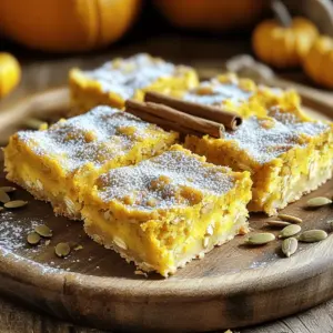 - 1 ½ cups rolled oats - 1 cup pumpkin puree - 1/2 cup almond milk or milk of choice - 1/4 cup pure maple syrup - 1/4 cup honey or agave syrup - 2 large eggs - 1 teaspoon pure vanilla extract - 1 teaspoon ground cinnamon - 1/2 teaspoon ground nutmeg - 1 teaspoon baking powder - 1/4 teaspoon salt - 1/2 cup chopped nuts (walnuts or pecans) - 1/4 cup dried cranberries or chocolate chips When I make Fluffy Pumpkin Oatmeal Bars, I start with the essential ingredients. First, I gather my rolled oats, pumpkin puree, and almond milk. Rolled oats give the bars a great texture. Pumpkin puree adds moisture and flavor. Almond milk keeps the mix creamy. Next, I choose my sweeteners and flavorings. I love using pure maple syrup and honey. They add a natural sweetness. The two large eggs help bind everything together. Pure vanilla extract makes the bars smell amazing and taste even better. The spices and leavening are key to flavor. Ground cinnamon and nutmeg always bring warmth. The baking powder helps the bars rise, making them fluffy. A pinch of salt balances the sweetness. Sometimes, I add extra fun with optional add-ins. Chopped nuts like walnuts or pecans give a nice crunch. Dried cranberries or chocolate chips can make these bars even more special. You can mix and match these ingredients to fit your taste. First, preheat your oven to 350°F (175°C). This step is key for even baking. Next, grease an 8x8-inch baking pan or line it with parchment paper. This makes it easy to remove the bars later. In a large bowl, combine 1 ½ cups of rolled oats, 1 teaspoon of baking powder, 1 teaspoon of ground cinnamon, ½ teaspoon of ground nutmeg, and ¼ teaspoon of salt. Stir these together well. Even distribution of spices ensures every bite is tasty. In another bowl, whisk 1 cup of pumpkin puree, ½ cup of almond milk, ¼ cup of pure maple syrup, ¼ cup of honey or agave syrup, 2 large eggs, and 1 teaspoon of pure vanilla extract. Mix until smooth. A well-blended mixture helps the bars rise nicely. Now, pour the wet mixture into the dry ingredients. Stir gently until just combined. Be careful not to over-mix. This keeps the bars fluffy and light. If you want, fold in ½ cup of chopped nuts and ¼ cup of dried cranberries or chocolate chips. This adds great flavor and texture. It’s a fun way to make your bars unique. Pour the batter into your prepared pan. Spread it out evenly with a spatula. Bake for 25-30 minutes. The bars are ready when the edges turn lightly golden and a toothpick comes out clean from the center. Let the bars cool in the pan for about 10 minutes. Then, transfer them to a wire rack to cool completely. Once cooled, slice the bars into squares or rectangles. Enjoy your fluffy pumpkin oatmeal bars! To get soft and fluffy bars, avoid over-mixing. Stir gently when combining the wet and dry ingredients. This keeps air in the batter. Air makes the bars rise well. If you mix too hard, they may turn out dense. Keep it light and simple. Want a twist on flavor? You can use different spices. Try ginger or allspice for a warm taste. You can also add a pinch of cloves for more depth. If you want to change up the mix, consider adding extras like shredded coconut or sunflower seeds. These add fun textures and flavors. For a cozy autumn look, serve your bars on a wooden platter. Dust with powdered sugar for a sweet touch. You can add a few cinnamon sticks or pumpkin seeds as a garnish. Pair these bars with warm apple cider or a scoop of vanilla ice cream to make it special. Enjoy each bite! {{image_4}} You can easily make these bars dairy-free. For eggs, use flaxseed meal. Mix 1 tablespoon of flaxseed with 3 tablespoons of water. Let it sit for 5 minutes. This makes a great egg substitute. For milk, use almond milk, coconut milk, or oat milk. These options keep your bars creamy and tasty. If you need gluten-free bars, choose gluten-free oats. These oats are safe for those with gluten allergies. You can also swap honey with maple syrup for a vegan-friendly option. Always check labels to ensure all ingredients are gluten-free to avoid cross-contamination. Feel free to add seasonal spices like ginger or cloves for a twist. These spices enhance the pumpkin flavor. You can also mix in chopped apples or pears for added sweetness and texture. Nuts like pecans and walnuts offer a nice crunch and flavor. To keep your fluffy pumpkin oatmeal bars fresh, store them in an airtight container. This helps to lock in moisture and flavor. You can keep them at room temperature for up to three days. If it’s warm or humid, the fridge is a better choice. Just make sure to seal them well. If you want to save some for later, freezing is a great option. To freeze, wrap each bar in plastic wrap, then place them in a freezer bag. This keeps them from sticking together. They can stay in the freezer for up to three months. When you’re ready to eat, simply take out a bar and let it thaw at room temperature. You can also warm it in the microwave for a few seconds for that fresh-baked taste. These oatmeal bars stay fresh for about a week in the fridge. Check for signs of spoilage, like a sour smell or visible mold. If you see any of these signs, it’s best to toss them. Enjoy these tasty treats while they're fresh! Yes, you can use quick oats. Quick oats will make the bars softer. Rolled oats give a chewier texture. If you want more bite, stick with rolled oats. You can add more maple syrup or honey. Brown sugar is another option. If you want a unique twist, try adding mashed bananas or applesauce for natural sweetness. You can use applesauce or mashed sweet potatoes instead. These will change the flavor slightly but still keep it tasty. Unsweetened yogurt can also work if you want a creamy texture. Yes, you can make these bars in advance. Store them in an airtight container. They will stay fresh for up to five days at room temperature. You can also freeze them for later enjoyment. Absolutely! These bars are packed with oats and pumpkin, both healthy choices. They offer fiber and protein to keep you full. Enjoy them with a glass of milk or a piece of fruit for a complete breakfast. In this post, we covered how to make delicious pumpkin oat bars. You learned about essential ingredients, like oats and pumpkin puree, and sweeteners like maple syrup. We walked through step-by-step instructions, tips for the best texture, and easy variations to suit your needs. Overall, these bars are simple to make and perfect for any meal. With a few quick modifications, you can personalize them to fit your taste. Enjoy your baking process and the tasty results!