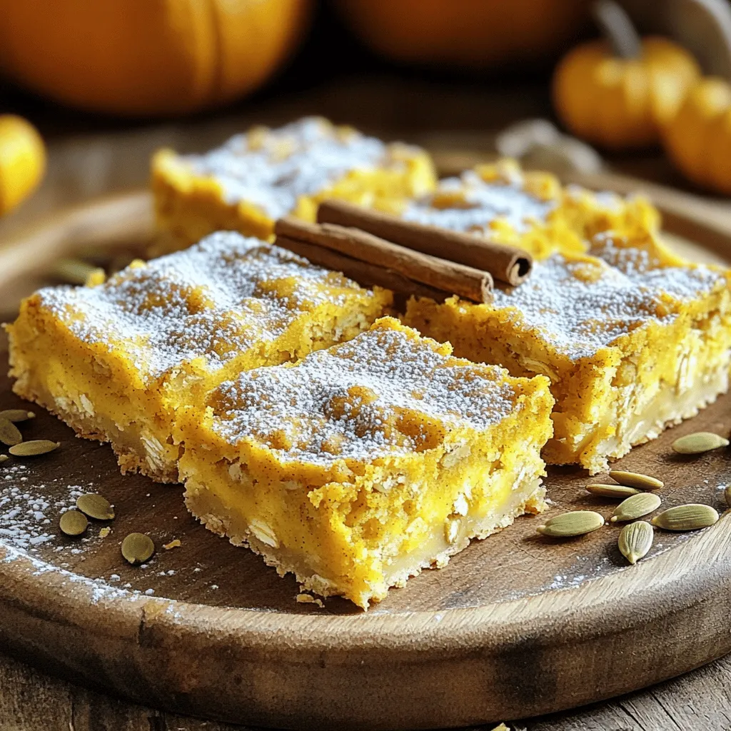 - 1 ½ cups rolled oats - 1 cup pumpkin puree - 1/2 cup almond milk or milk of choice - 1/4 cup pure maple syrup - 1/4 cup honey or agave syrup - 2 large eggs - 1 teaspoon pure vanilla extract - 1 teaspoon ground cinnamon - 1/2 teaspoon ground nutmeg - 1 teaspoon baking powder - 1/4 teaspoon salt - 1/2 cup chopped nuts (walnuts or pecans) - 1/4 cup dried cranberries or chocolate chips When I make Fluffy Pumpkin Oatmeal Bars, I start with the essential ingredients. First, I gather my rolled oats, pumpkin puree, and almond milk. Rolled oats give the bars a great texture. Pumpkin puree adds moisture and flavor. Almond milk keeps the mix creamy. Next, I choose my sweeteners and flavorings. I love using pure maple syrup and honey. They add a natural sweetness. The two large eggs help bind everything together. Pure vanilla extract makes the bars smell amazing and taste even better. The spices and leavening are key to flavor. Ground cinnamon and nutmeg always bring warmth. The baking powder helps the bars rise, making them fluffy. A pinch of salt balances the sweetness. Sometimes, I add extra fun with optional add-ins. Chopped nuts like walnuts or pecans give a nice crunch. Dried cranberries or chocolate chips can make these bars even more special. You can mix and match these ingredients to fit your taste. First, preheat your oven to 350°F (175°C). This step is key for even baking. Next, grease an 8x8-inch baking pan or line it with parchment paper. This makes it easy to remove the bars later. In a large bowl, combine 1 ½ cups of rolled oats, 1 teaspoon of baking powder, 1 teaspoon of ground cinnamon, ½ teaspoon of ground nutmeg, and ¼ teaspoon of salt. Stir these together well. Even distribution of spices ensures every bite is tasty. In another bowl, whisk 1 cup of pumpkin puree, ½ cup of almond milk, ¼ cup of pure maple syrup, ¼ cup of honey or agave syrup, 2 large eggs, and 1 teaspoon of pure vanilla extract. Mix until smooth. A well-blended mixture helps the bars rise nicely. Now, pour the wet mixture into the dry ingredients. Stir gently until just combined. Be careful not to over-mix. This keeps the bars fluffy and light. If you want, fold in ½ cup of chopped nuts and ¼ cup of dried cranberries or chocolate chips. This adds great flavor and texture. It’s a fun way to make your bars unique. Pour the batter into your prepared pan. Spread it out evenly with a spatula. Bake for 25-30 minutes. The bars are ready when the edges turn lightly golden and a toothpick comes out clean from the center. Let the bars cool in the pan for about 10 minutes. Then, transfer them to a wire rack to cool completely. Once cooled, slice the bars into squares or rectangles. Enjoy your fluffy pumpkin oatmeal bars! To get soft and fluffy bars, avoid over-mixing. Stir gently when combining the wet and dry ingredients. This keeps air in the batter. Air makes the bars rise well. If you mix too hard, they may turn out dense. Keep it light and simple. Want a twist on flavor? You can use different spices. Try ginger or allspice for a warm taste. You can also add a pinch of cloves for more depth. If you want to change up the mix, consider adding extras like shredded coconut or sunflower seeds. These add fun textures and flavors. For a cozy autumn look, serve your bars on a wooden platter. Dust with powdered sugar for a sweet touch. You can add a few cinnamon sticks or pumpkin seeds as a garnish. Pair these bars with warm apple cider or a scoop of vanilla ice cream to make it special. Enjoy each bite! {{image_4}} You can easily make these bars dairy-free. For eggs, use flaxseed meal. Mix 1 tablespoon of flaxseed with 3 tablespoons of water. Let it sit for 5 minutes. This makes a great egg substitute. For milk, use almond milk, coconut milk, or oat milk. These options keep your bars creamy and tasty. If you need gluten-free bars, choose gluten-free oats. These oats are safe for those with gluten allergies. You can also swap honey with maple syrup for a vegan-friendly option. Always check labels to ensure all ingredients are gluten-free to avoid cross-contamination. Feel free to add seasonal spices like ginger or cloves for a twist. These spices enhance the pumpkin flavor. You can also mix in chopped apples or pears for added sweetness and texture. Nuts like pecans and walnuts offer a nice crunch and flavor. To keep your fluffy pumpkin oatmeal bars fresh, store them in an airtight container. This helps to lock in moisture and flavor. You can keep them at room temperature for up to three days. If it’s warm or humid, the fridge is a better choice. Just make sure to seal them well. If you want to save some for later, freezing is a great option. To freeze, wrap each bar in plastic wrap, then place them in a freezer bag. This keeps them from sticking together. They can stay in the freezer for up to three months. When you’re ready to eat, simply take out a bar and let it thaw at room temperature. You can also warm it in the microwave for a few seconds for that fresh-baked taste. These oatmeal bars stay fresh for about a week in the fridge. Check for signs of spoilage, like a sour smell or visible mold. If you see any of these signs, it’s best to toss them. Enjoy these tasty treats while they're fresh! Yes, you can use quick oats. Quick oats will make the bars softer. Rolled oats give a chewier texture. If you want more bite, stick with rolled oats. You can add more maple syrup or honey. Brown sugar is another option. If you want a unique twist, try adding mashed bananas or applesauce for natural sweetness. You can use applesauce or mashed sweet potatoes instead. These will change the flavor slightly but still keep it tasty. Unsweetened yogurt can also work if you want a creamy texture. Yes, you can make these bars in advance. Store them in an airtight container. They will stay fresh for up to five days at room temperature. You can also freeze them for later enjoyment. Absolutely! These bars are packed with oats and pumpkin, both healthy choices. They offer fiber and protein to keep you full. Enjoy them with a glass of milk or a piece of fruit for a complete breakfast. In this post, we covered how to make delicious pumpkin oat bars. You learned about essential ingredients, like oats and pumpkin puree, and sweeteners like maple syrup. We walked through step-by-step instructions, tips for the best texture, and easy variations to suit your needs. Overall, these bars are simple to make and perfect for any meal. With a few quick modifications, you can personalize them to fit your taste. Enjoy your baking process and the tasty results!