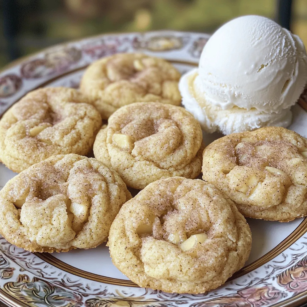 - 1 cup unsalted butter, softened - 1 cup granulated sugar - 1/2 cup packed brown sugar - 2 large eggs - 1 teaspoon pure vanilla extract - 3 cups all-purpose flour - 2 teaspoons cream of tartar - 1 teaspoon baking soda - 1/2 teaspoon fine salt - 1 teaspoon ground cinnamon - 1 cup finely chopped apples (preferably Granny Smith) - 1/2 teaspoon ground nutmeg - 1/4 cup granulated sugar (for rolling) - 1 tablespoon ground cinnamon (for rolling) Gather these ingredients before you start. You will want everything handy. The butter needs to be softened, so plan ahead. I like to chop my apples finely. Granny Smith apples add a nice tartness to balance the sweetness. - Electric mixer - Mixing bowls - Baking sheet - Parchment paper - Cookie scoop or tablespoon - Spatula These tools help make the process smooth. An electric mixer saves time when creaming the butter and sugars. Parchment paper keeps cookies from sticking. A cookie scoop gives you even-sized cookies. - Preheat your oven to 350°F (175°C). Line a baking sheet with parchment paper. - In a large bowl, cream 1 cup of unsalted butter, 1 cup of granulated sugar, and 1/2 cup of brown sugar. Use an electric mixer on medium speed for 2-3 minutes. The mix should be light and fluffy. - Add 2 large eggs, one at a time. Mix well after each egg. Pour in 1 teaspoon of pure vanilla extract and mix until smooth. - In another bowl, whisk together 3 cups of flour, 2 teaspoons of cream of tartar, 1 teaspoon of baking soda, 1/2 teaspoon of fine salt, 1 teaspoon of cinnamon, and 1/2 teaspoon of ground nutmeg. This mix gives the cookies their warm spice flavor. - Gradually add the dry mix to the wet mixture. Mix gently until combined. Be careful not to overmix; this keeps the cookies soft. - Use a spatula to fold in 1 cup of finely chopped apples. I like Granny Smith apples for their tartness. Ensure the apples are evenly distributed. - In a small bowl, combine 1/4 cup of granulated sugar and 1 tablespoon of cinnamon. This will coat the cookies. - Using a cookie scoop or tablespoon, take portions of dough and roll them into balls. Roll each ball in the cinnamon-sugar mix until fully coated. - Place the coated cookie balls on the prepared baking sheet, leaving about 2 inches of space between them. - Bake in the preheated oven for 10-12 minutes. Look for lightly golden edges and set centers. - Let the cookies cool on the baking sheet for about 5 minutes. Then, transfer them to a wire rack to cool completely. To get the right dough, start with soft butter. It helps mix in air. This step makes cookies light. Mix the butter with sugars until fluffy. You want a smooth, creamy texture. When adding apples, chop them small. Use about one medium Granny Smith apple. Gently fold them in the dough. This keeps the apples intact. You want bites of apple, not mush. Know when your cookies are done by looking at the edges. They should be lightly golden. The centers might look soft, but that’s okay. They will firm up as they cool. For a perfect golden edge, watch the time. Bake for 10-12 minutes. Rotate your baking sheet halfway. This ensures even baking. To serve cookies, use a pretty plate. Stack them high for a fun look. Dust some cinnamon-sugar on top for flair. Pair these cookies with ice cream for a treat. Vanilla works well, but feel free to get creative. A scoop of caramel or a drizzle of chocolate also adds joy. {{image_4}} You can change the taste of your Apple Pie Snickerdoodles by adding spices. Try ginger or clove for a warm kick. These spices bring a new twist to the classic flavors. You can also switch up the apples. Different apple types, like Fuji or Honeycrisp, give unique flavors and textures. Each variety adds its own charm to the cookies. If you need gluten-free cookies, use gluten-free flour instead of all-purpose flour. This swap keeps the cookies tasty and chewy. For vegan options, replace butter with coconut oil and use flax eggs instead of regular eggs. These changes let everyone enjoy the cookies, no matter their diet. Want to add more texture? Incorporate nut pieces like walnuts or pecans. They give a nice crunch and extra flavor. For a sweet twist, add a caramel drizzle or filling. It adds richness and makes each bite feel special. These enhancements make your cookies even more delightful and fun to eat. To keep your Apple Pie Snickerdoodles fresh, store them in an airtight container. This will help them stay soft and chewy. You can also add a slice of bread to the container. The bread keeps the cookies moist. If you want to freeze the cookies, follow these steps: - Allow cookies to cool completely. - Place cookies in a single layer on a baking sheet. - Freeze for 1-2 hours until firm. - Transfer cookies to a freezer bag and seal tightly. - Label the bag with the date for easy reference. At room temperature, these cookies last about 5 days. You can enjoy them fresh for several days. Look for signs of spoilage to know if they are still good: - An off smell indicates they may be bad. - A dry texture means they are past their prime. - If you see mold, throw them away immediately. Yes, you can make the dough ahead of time. Just cover it tightly in plastic wrap. Place it in the fridge for up to three days. When you are ready, shape and bake the cookies as usual. This is a great way to save time. Look for a light golden edge on the cookies. The center should look set, not raw. You can also gently press the cookie; it should spring back. If it leaves a fingerprint, bake a bit longer. I recommend using Granny Smith apples. Their tartness balances the sweetness of the cookies. You can also use Honeycrisp or Fuji apples for a sweeter option. Just make sure to chop them finely for even distribution. Yes, you can use pre-made cookie dough. However, adding chopped apples and spices will boost the flavor. Roll the dough in the cinnamon-sugar mixture before baking for that classic snickerdoodle twist. To make these cookies festive, add sprinkles to the cinnamon-sugar mix. You can also serve them on a colorful platter. For added flair, drizzle melted caramel over the top. These touches make the cookies pop for any celebration! You learned how to make Apple Pie Snickerdoodles by gathering ingredients and using the right tools. We walked through each step, ensuring you mix and roll the dough perfectly. With tips for storage and variations, this recipe is flexible and fun. You can play with flavors or adjust for dietary needs. These cookies are delicious, and they store well too. Enjoy baking and sharing these delightful treats with friends and family. Happy baking!