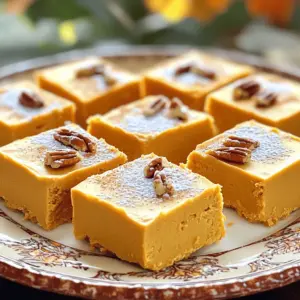 To make Peanut Butter Pumpkin Fudge, you need a few simple ingredients. Here’s the list for you: - 1 cup canned pure pumpkin - 1 cup creamy peanut butter - 1 cup powdered sugar - 1 teaspoon vanilla extract - 1/2 teaspoon pumpkin pie spice - 1/4 teaspoon salt - 1/4 cup chopped pecans or walnuts (optional) Each ingredient plays a key role in creating this rich and creamy treat. The canned pure pumpkin adds moisture and flavor. Creamy peanut butter gives it that smooth, nutty taste. Powdered sugar sweetens the fudge to perfection. Vanilla extract enhances the taste, while pumpkin pie spice adds warmth. A touch of salt balances the flavors. If you like, add chopped nuts for extra crunch. These ingredients come together to create a delightfully creamy fudge that is sure to please. You can find most of these items at your local grocery store. Always choose high-quality ingredients for the best flavor. - Line the dish with parchment paper - Ensure overhang for easy removal Start by preparing your baking dish. Grab an 8x8-inch dish and line it with parchment paper. Make sure the paper hangs over the edges. This helps you lift the fudge out later. - Combine pumpkin and peanut butter - Blend until smooth Next, mix the main ingredients. In a large bowl, combine 1 cup of canned pumpkin and 1 cup of creamy peanut butter. Use a spatula or an electric mixer to blend until smooth. This should be creamy and well-mixed. - Incorporate powdered sugar - Mix in vanilla extract and spices Now, add some sweetness! Slowly mix in 1 cup of powdered sugar. Keep stirring until the mixture is thick and creamy. Then, add 1 teaspoon of vanilla extract, 1/2 teaspoon of pumpkin pie spice, and 1/4 teaspoon of salt. Stir well to combine all the flavors. - Fold in optional nuts - Pour and spread mixture into dish If you want some crunch, fold in 1/4 cup of chopped pecans or walnuts now. This adds a nice texture. Carefully pour the fudge mixture into the lined baking dish. Use a spatula to spread it evenly in the dish. - Cover and refrigerate - Allow time to set Now it's time to chill! Cover the dish with plastic wrap or foil. Place it in the refrigerator and let it chill for at least 2 hours. This helps the fudge set nicely. - Lift from dish for cutting - Optional presentation tips Once set, lift the fudge out of the dish by grabbing the parchment paper edges. Place it on a cutting board and cut it into squares. For a fancy touch, arrange the squares on a nice plate. You can dust them with powdered sugar or sprinkle more pumpkin pie spice on top. Enjoy your tasty treat! To get the best fudge, you need to avoid lumps in the mixture. Start by mixing the pumpkin and peanut butter well. Use a spatula or mixer to ensure a smooth blend. Next, chill the fudge for the recommended time. This helps it set properly. If you skip this step, your fudge may not firm up as expected. You can adjust the pumpkin pie spice to your liking. If you love a strong spice flavor, add a bit more. It can change the whole taste! Also, consider trying different nut toppings. Chopped pecans or walnuts add a nice crunch. You can also use almonds or hazelnuts if you prefer. This fudge pairs wonderfully with warm drinks. A cup of hot cocoa or coffee complements the flavors. You can also use it as a dessert or snack. Enjoy it after dinner or as a treat during the day. Serve it on a nice plate and impress your friends! {{image_4}} You can easily switch the peanut butter for other nut butters. Almond butter offers a rich, nutty flavor. Cashew butter gives a creamier texture. Both options work great in this fudge. Try these swaps to match your taste or dietary needs. Want to make this fudge vegan? Substitute the powdered sugar with coconut sugar. This swap keeps it sweet while adding a hint of caramel flavor. Coconut sugar is also a great natural choice for those avoiding refined sugar. Looking for a fun twist? Add a chocolate swirl to the fudge before it sets. Just melt some chocolate and swirl it in with a knife. You could also mix in a bit of espresso powder for a coffee kick. Both options elevate the fudge and add depth to the flavor. To keep your peanut butter pumpkin fudge fresh, store it in an airtight container. This will prevent moisture and air from ruining its texture. Next, make sure to keep it in the refrigerator. This cool environment helps maintain its creamy goodness. How long does it last? When stored properly, the fudge can last about one week in the fridge. If you want to enjoy it longer, freezing is a great option. For freezing, cut the fudge into squares first. Then, wrap each piece in plastic wrap. Place the wrapped pieces in a freezer-safe bag or container. To thaw, take it out of the freezer and let it sit in the fridge for a few hours. This keeps the fudge nice and smooth. Yes, you can use fresh pumpkin. First, cook and puree the pumpkin until smooth. This homemade version may alter the texture and flavor slightly. Canned pumpkin simplifies the process and ensures a consistent taste. Yes, this recipe is gluten-free. All the ingredients, like peanut butter and powdered sugar, are naturally gluten-free. Always check labels to confirm that no gluten-containing additives are present. The fudge is set when it feels firm to the touch. It should not be sticky or soft. After chilling for at least two hours, test it by gently pressing the top. If it holds its shape, it's ready! Store leftovers in an airtight container in the fridge. This fudge can last up to a week. For longer storage, you can freeze it. Just wrap the fudge tightly in plastic wrap and place it in a freezer-safe bag. This blog post shared how to make pumpkin peanut butter fudge. We covered the ingredients, step-by-step instructions, tips for perfect texture, storage methods, and some tasty variations. Whether you choose nuts or different nut butters, this fudge is easy and fun to make. Remember to chill it well for the best texture. With these tips, you can enjoy a delicious treat anytime!
