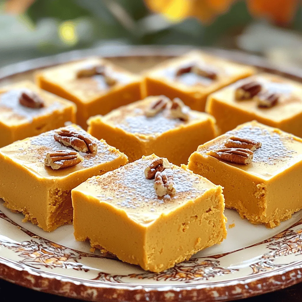To make Peanut Butter Pumpkin Fudge, you need a few simple ingredients. Here’s the list for you: - 1 cup canned pure pumpkin - 1 cup creamy peanut butter - 1 cup powdered sugar - 1 teaspoon vanilla extract - 1/2 teaspoon pumpkin pie spice - 1/4 teaspoon salt - 1/4 cup chopped pecans or walnuts (optional) Each ingredient plays a key role in creating this rich and creamy treat. The canned pure pumpkin adds moisture and flavor. Creamy peanut butter gives it that smooth, nutty taste. Powdered sugar sweetens the fudge to perfection. Vanilla extract enhances the taste, while pumpkin pie spice adds warmth. A touch of salt balances the flavors. If you like, add chopped nuts for extra crunch. These ingredients come together to create a delightfully creamy fudge that is sure to please. You can find most of these items at your local grocery store. Always choose high-quality ingredients for the best flavor. - Line the dish with parchment paper - Ensure overhang for easy removal Start by preparing your baking dish. Grab an 8x8-inch dish and line it with parchment paper. Make sure the paper hangs over the edges. This helps you lift the fudge out later. - Combine pumpkin and peanut butter - Blend until smooth Next, mix the main ingredients. In a large bowl, combine 1 cup of canned pumpkin and 1 cup of creamy peanut butter. Use a spatula or an electric mixer to blend until smooth. This should be creamy and well-mixed. - Incorporate powdered sugar - Mix in vanilla extract and spices Now, add some sweetness! Slowly mix in 1 cup of powdered sugar. Keep stirring until the mixture is thick and creamy. Then, add 1 teaspoon of vanilla extract, 1/2 teaspoon of pumpkin pie spice, and 1/4 teaspoon of salt. Stir well to combine all the flavors. - Fold in optional nuts - Pour and spread mixture into dish If you want some crunch, fold in 1/4 cup of chopped pecans or walnuts now. This adds a nice texture. Carefully pour the fudge mixture into the lined baking dish. Use a spatula to spread it evenly in the dish. - Cover and refrigerate - Allow time to set Now it's time to chill! Cover the dish with plastic wrap or foil. Place it in the refrigerator and let it chill for at least 2 hours. This helps the fudge set nicely. - Lift from dish for cutting - Optional presentation tips Once set, lift the fudge out of the dish by grabbing the parchment paper edges. Place it on a cutting board and cut it into squares. For a fancy touch, arrange the squares on a nice plate. You can dust them with powdered sugar or sprinkle more pumpkin pie spice on top. Enjoy your tasty treat! To get the best fudge, you need to avoid lumps in the mixture. Start by mixing the pumpkin and peanut butter well. Use a spatula or mixer to ensure a smooth blend. Next, chill the fudge for the recommended time. This helps it set properly. If you skip this step, your fudge may not firm up as expected. You can adjust the pumpkin pie spice to your liking. If you love a strong spice flavor, add a bit more. It can change the whole taste! Also, consider trying different nut toppings. Chopped pecans or walnuts add a nice crunch. You can also use almonds or hazelnuts if you prefer. This fudge pairs wonderfully with warm drinks. A cup of hot cocoa or coffee complements the flavors. You can also use it as a dessert or snack. Enjoy it after dinner or as a treat during the day. Serve it on a nice plate and impress your friends! {{image_4}} You can easily switch the peanut butter for other nut butters. Almond butter offers a rich, nutty flavor. Cashew butter gives a creamier texture. Both options work great in this fudge. Try these swaps to match your taste or dietary needs. Want to make this fudge vegan? Substitute the powdered sugar with coconut sugar. This swap keeps it sweet while adding a hint of caramel flavor. Coconut sugar is also a great natural choice for those avoiding refined sugar. Looking for a fun twist? Add a chocolate swirl to the fudge before it sets. Just melt some chocolate and swirl it in with a knife. You could also mix in a bit of espresso powder for a coffee kick. Both options elevate the fudge and add depth to the flavor. To keep your peanut butter pumpkin fudge fresh, store it in an airtight container. This will prevent moisture and air from ruining its texture. Next, make sure to keep it in the refrigerator. This cool environment helps maintain its creamy goodness. How long does it last? When stored properly, the fudge can last about one week in the fridge. If you want to enjoy it longer, freezing is a great option. For freezing, cut the fudge into squares first. Then, wrap each piece in plastic wrap. Place the wrapped pieces in a freezer-safe bag or container. To thaw, take it out of the freezer and let it sit in the fridge for a few hours. This keeps the fudge nice and smooth. Yes, you can use fresh pumpkin. First, cook and puree the pumpkin until smooth. This homemade version may alter the texture and flavor slightly. Canned pumpkin simplifies the process and ensures a consistent taste. Yes, this recipe is gluten-free. All the ingredients, like peanut butter and powdered sugar, are naturally gluten-free. Always check labels to confirm that no gluten-containing additives are present. The fudge is set when it feels firm to the touch. It should not be sticky or soft. After chilling for at least two hours, test it by gently pressing the top. If it holds its shape, it's ready! Store leftovers in an airtight container in the fridge. This fudge can last up to a week. For longer storage, you can freeze it. Just wrap the fudge tightly in plastic wrap and place it in a freezer-safe bag. This blog post shared how to make pumpkin peanut butter fudge. We covered the ingredients, step-by-step instructions, tips for perfect texture, storage methods, and some tasty variations. Whether you choose nuts or different nut butters, this fudge is easy and fun to make. Remember to chill it well for the best texture. With these tips, you can enjoy a delicious treat anytime!