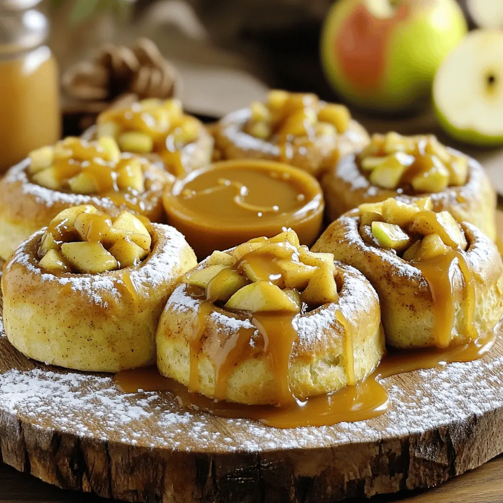 - 1 can (16 oz) of refrigerated crescent roll dough - 1/2 cup packed brown sugar - 1 teaspoon ground cinnamon - 1 large Granny Smith apple, peeled, cored, and diced - 1/2 cup caramel sauce - 1/4 cup chopped pecans (optional) - 1/4 cup powdered sugar (for icing) - 1-2 tablespoons milk (for icing) If you want a different taste, try using a Honeycrisp or Fuji apple. These apples are sweet and juicy, adding a nice twist. For caramel sauce, you can make your own using sugar, cream, and butter. This homemade version is fun and extra tasty. You can make your rolls even more exciting by adding dried fruits like raisins or cranberries. If you're a chocolate lover, sprinkle in some chocolate chips for a delicious surprise. Both options will make your rolls unique and flavorful. For the full recipe, check the complete details above. 1. Preheat your oven to 350°F (175°C). Lightly grease a baking dish with cooking spray. This will help the rolls not stick. 2. Unroll the refrigerated crescent roll dough on a clean surface. Press the seams together to make a solid rectangle. This step is key for a nice roll. 1. In a small bowl, mix the brown sugar and cinnamon well. This makes a yummy cinnamon sugar mixture. 2. Sprinkle the cinnamon sugar evenly over the dough. Cover every inch for the best flavor. 3. Next, spread the diced apples across the cinnamon sugar. If you like, add chopped pecans for crunch. 1. Starting at a long edge, roll the dough tightly into a log. Seal the edges to keep the filling inside. 2. Cut the log into 8 equal pieces. Each roll should have some delicious filling. Place the rolls cut side up in your greased baking dish. 3. Drizzle caramel sauce over the rolls. Let it seep into the spaces between them. 4. Bake the rolls for 20-25 minutes. Look for a golden brown color. They should be cooked through but not burnt. 5. While the rolls bake, make the icing. Whisk together powdered sugar and milk until smooth. Adjust the milk until it’s just right. 6. Once the rolls are done, let them cool for a few minutes. Drizzle the icing over the warm rolls, letting it melt into every nook. For the full recipe, check out the details above. Enjoy your baking! To make your caramel apple cinnamon rolls even better, try these tips: - Add vanilla extract to the icing. A splash of vanilla gives a warm, rich taste. Just mix it in while whisking the powdered sugar and milk. - Use fresh spices for a better taste. Freshly ground cinnamon or nutmeg can lift the flavor. It makes a big difference in how your rolls taste. Avoid these common pitfalls to ensure your rolls turn out great: - Not sealing the dough properly. Make sure to press the seams together when rolling up the dough. This keeps the filling inside and prevents leaks. - Overbaking tips for perfect results. Keep an eye on the rolls during the last few minutes of baking. They should be golden brown but not too dark. If they look done, take them out! Here are some fun ideas for serving your rolls: - Pairing with ice cream or whipped cream. A scoop of vanilla ice cream or a dollop of whipped cream adds creaminess. It balances the sweet rolls perfectly. - Best ways to present the dish. Serve warm on a wooden platter. Drizzle extra caramel sauce over the top for a pretty look. Thinly sliced apples on the side add freshness and color. For the full recipe, check out the [Full Recipe]. {{image_4}} You can have fun with different flavors in these rolls. Try a pumpkin spice version in the fall. Just add pumpkin pie spice to the cinnamon sugar mix. It gives a warm taste that's perfect for the season. Another twist is a chocolate caramel version. Add mini chocolate chips to the filling. Mix them with the apples and brown sugar. This flavor is rich and sweet, making it a favorite for chocolate lovers. If you need gluten-free options, use gluten-free crescent roll dough. Many stores sell this now. It works just as well in the recipe. For vegan substitutions, swap the butter in the caramel for coconut oil. Use plant-based milk in the icing. You can also find vegan caramel sauce at some stores. These changes make the rolls suitable for everyone. You can make mini rolls or stick to traditional sizes. Mini rolls are great for parties. They are easy to grab and enjoy. For gatherings, try bite-sized portions. Slice the rolls smaller to serve more people. Everyone will love having a tasty treat in a small size. To keep your caramel apple cinnamon rolls fresh, store them in an airtight container. Place parchment paper between the rolls to prevent sticking. Refrigerate them for up to three days. If you want to save them longer, freeze them. Wrap each roll tightly in plastic wrap, then place them in a freezer bag. This helps keep the rolls fresh for about three months. To enjoy your rolls again, you can reheat them easily. The best method is using an oven. Preheat it to 350°F (175°C). Place the rolls on a baking sheet and cover them with foil. Heat for about 10-15 minutes until warm. If you're in a hurry, use the microwave. Place one roll on a microwave-safe plate and heat for 20-30 seconds. This method is quick, but it may make the rolls a bit softer. In the refrigerator, your caramel apple cinnamon rolls last for about three days. If you freeze them, they can stay good for up to three months. Just remember, the longer they sit, the more the taste may change. Always check for any signs of spoilage before eating. Enjoy your delicious treats while they are fresh! Yes, you can prepare these rolls ahead of time. Make the rolls up to the point of baking. Once you cut the rolls and place them in the baking dish, cover them with plastic wrap. You can store them in the fridge overnight. When you’re ready, bake them straight from the fridge. Just add a few extra minutes to the baking time. This way, you’ll have fresh rolls in the morning with no hassle. Both store-bought and homemade caramel sauce work great. Store-bought sauce is quick and easy. Look for a brand that uses simple ingredients. If you have time, making homemade caramel is fun and adds a personal touch. Homemade caramel gives you control over the flavor and sweetness. Use it to customize your rolls just how you like them. You can make simple swaps to reduce sugar and fat. Try using less brown sugar in the filling. Instead of white sugar, use natural sweeteners like honey or maple syrup. You can also replace some butter with applesauce. This will keep moisture without adding too much fat. Choose a low-fat milk for your icing, or skip it altogether. If you don’t have pecans, don’t worry! You can use other nuts like walnuts or almonds for a crunch. If nuts are not an option, leave them out. The rolls will still taste amazing. You can also use seeds like sunflower seeds for a nut-free option. They add a nice crunch and flavor too. This blog post covered how to make delicious cinnamon caramel apple rolls. We explored key ingredients and offered ideas for substitutions and add-ins. You learned step-by-step instructions from prep to baking, along with tips to enhance flavor and avoid common mistakes. We discussed variations to suit different tastes and dietary needs, plus storage and reheating tips. Now, you can confidently whip up these tasty rolls any time. Enjoy sharing them with friends and family, creating great memories together.