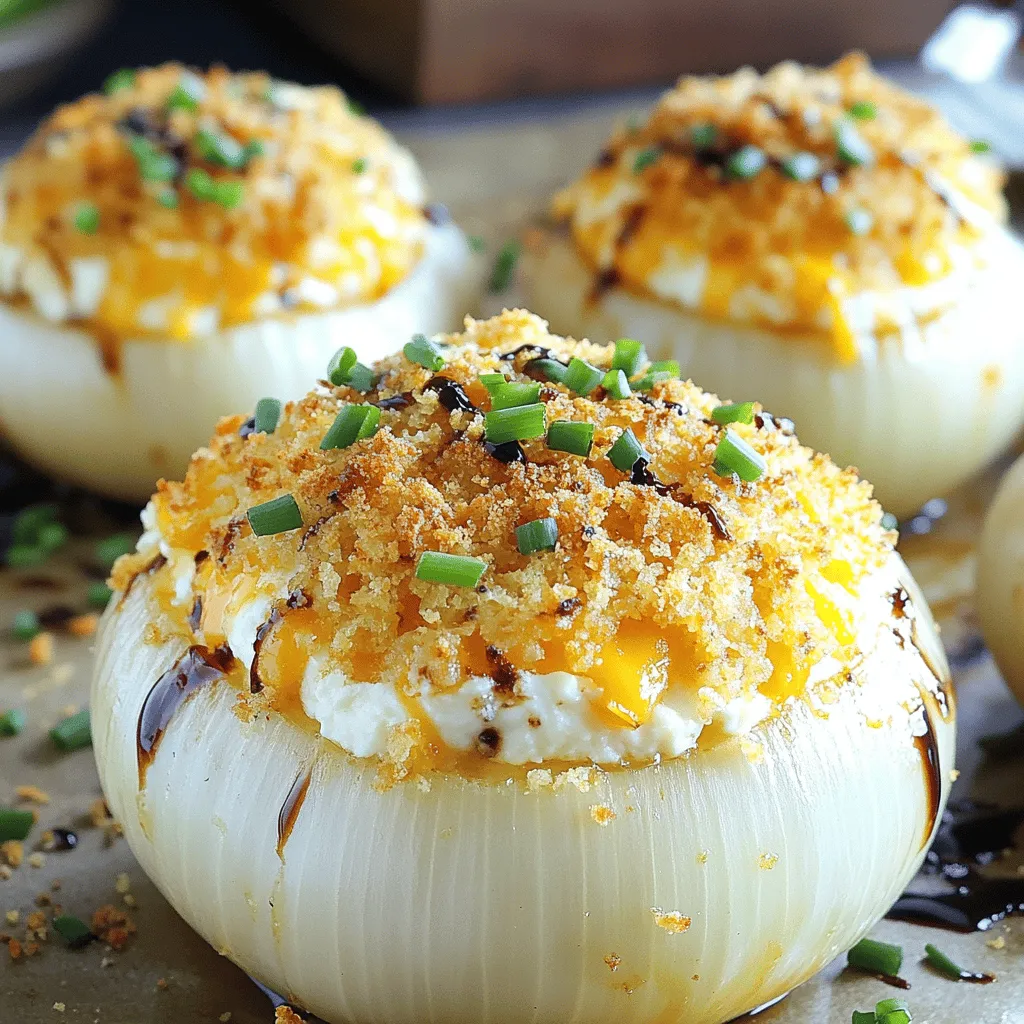To make Cheesy Baked Vidalia Onions, gather these ingredients: - 4 large Vidalia onions - 1 cup shredded sharp cheddar cheese - 1/2 cup cream cheese, softened - 1/4 cup grated Parmesan cheese - 1/4 cup plain breadcrumbs - 2 tablespoons fresh chives, chopped - 1 tablespoon olive oil (plus extra for greasing) - 1 teaspoon garlic powder - Salt and pepper to taste - 1/4 teaspoon paprika (for garnish) If you need substitutions, here are smart swaps: - Use yellow onions if Vidalia onions are not available. - Swap cheddar cheese with mozzarella or gouda for a different flavor. - Cream cheese can be replaced with ricotta for a lighter option. - For breadcrumbs, try crushed crackers or panko. - Fresh herbs like parsley can stand in for chives. To prepare this dish, you will need: - A sharp knife for cutting onions - A melon baller or teaspoon for scooping - A mixing bowl for combining the filling - A baking dish to hold the onions - Aluminum foil to cover the dish while baking - A fork to check the doneness of onions These tools make the process easier and more enjoyable. Happy cooking! First, preheat your oven to 375°F (190°C). Grab a baking dish and lightly grease it with olive oil. Next, take your large Vidalia onions. Cut off the tops and scoop out the insides. Leave about 1/2 inch of onion to form a sturdy shell. Set the scooped-out onion apart for later use. In a mixing bowl, add the shredded sharp cheddar cheese, softened cream cheese, and grated Parmesan cheese. Then, mix in the reserved onion flesh, finely chopped chives, and garlic powder. Add salt and pepper to taste. Stir the mix until it is smooth and well combined. Now, take each hollowed onion and fill it with the cheese mixture. Press down lightly to pack the filling firmly inside. Place the stuffed onions upright in the greased baking dish. Cover the dish with aluminum foil. This keeps the onions moist. Bake them in the oven for 25 minutes. After that, remove the foil and bake for another 10 to 15 minutes. The tops should turn golden brown and the onions should be soft when pierced with a fork. Enjoy the delicious aroma as they bake! When you pick Vidalia onions, look for large, firm ones. They should feel heavy for their size. Check for smooth skin without any blemishes. A sweet smell is a good sign too. Always choose onions that have a little green stem on top. This shows they are fresh. To make your filling creamy, use softened cream cheese. This helps it mix smoothly with the other cheeses. Shredded cheddar adds flavor and richness. You can also add a splash of milk if it seems too thick. Mix everything well to avoid lumps. Serve each stuffed onion on a small plate for a nice look. Sprinkle fresh chives on top for color. A drizzle of balsamic reduction adds a touch of elegance. For a fun twist, pair them with a green salad or crusty bread. This makes a great side for grilled meats too. {{image_4}} You can switch up the cheese in this dish. Try using mozzarella for a gooey texture. Gouda adds a smoky flavor that blends well with Vidalia onions. You can use feta for a salty kick. Mixing different types of cheese gives you unique tastes every time. Just keep the total amount of cheese about the same. If you want a vegetarian version, skip the cream cheese, and use ricotta instead. For a vegan option, swap the cream cheese for cashew cream or tofu. Nutritional yeast can give that cheesy flavor without dairy. Use plant-based cheese shreds for a cheesy finish. Just make sure they melt well! Herbs and spices can boost the taste of your onions. Fresh thyme or rosemary adds a lovely aroma. A pinch of cayenne pepper gives a nice kick. For a sweet touch, try adding a bit of brown sugar to the filling. You can also mix in some sautéed mushrooms for extra depth. These tweaks will make your dish even more special! After you bake your cheesy Vidalia onions, let them cool completely. Place them in an airtight container. Store in the fridge for up to 3 days. Make sure to keep them covered to avoid drying out. If you have leftovers, you can freeze the stuffed onions. Wrap each onion tightly in plastic wrap. Place them in a freezer bag or airtight container. They can last up to 2 months in the freezer. Just remember to label them with the date! To reheat, first thaw the onions in the fridge overnight. Preheat your oven to 350°F (175°C). Place the onions in a baking dish and cover with foil. Bake for about 20 minutes, or until heated through. If you want a crispy topping, remove the foil for the last 5 minutes of baking. Enjoy your cheesy goodness! Yes, you can use regular onions. However, Vidalia onions are sweet and mild. They add a unique flavor that regular onions may lack. If you use regular onions, choose sweet ones for the best taste. The onions are done when they are tender. You can check by piercing them with a fork. If it goes in easily, they are ready. Also, the top should be golden brown. This shows that the cheese mixture is baked perfectly. Yes, you can prepare these onions ahead of time. You can hollow them out and make the filling. Just store them separately in the fridge. When you are ready, stuff the onions and bake. This makes meal prep easy and saves time on busy days. This blog post covered all you need to know about making stuffed Vidalia onions. We listed the main ingredients and useful substitutes, plus the tools you’ll need. The steps for preparation, filling, and baking were detailed for easy following. You learned tips for choosing onions and ways to make a creamy filling. Variations let you explore different flavors or diets. Finally, we shared storage and reheating methods to keep your dish fresh. Try these ideas, and enjoy tasty stuffed Vidalia onions that you can share with friends!