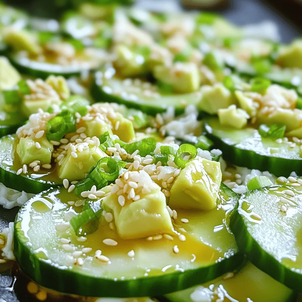 - 2 large cucumbers, thinly sliced - 1 ripe avocado, diced - 1 cup imitation crab meat, shredded - 1/4 cup cream cheese, softened - 2 tablespoons rice vinegar - 1 tablespoon soy sauce (or tamari for gluten-free) - 1 teaspoon sesame oil - 1 tablespoon toasted sesame seeds - 2 green onions, finely chopped - Sea salt and freshly ground black pepper, to taste The ingredients for this salad create a bright and fresh dish. Start with the cucumbers. Thinly slicing them helps them soak up flavor. A ripe avocado adds creaminess and healthy fats. I love using imitation crab meat for that classic California roll taste. Next, the cream cheese brings a rich texture. It blends well with the vinegar and soy sauce. This dressing adds a tangy kick to the salad. Don't forget the sesame oil; it gives a nutty flavor that ties it all together. For garnishes, I use toasted sesame seeds and green onions. They add crunch and color. The sea salt and black pepper balance all the flavors. This mix of ingredients makes the salad not only tasty but also visually appealing. - Begin salting cucumbers and letting them rest. - Sprinkle sea salt on thin slices of cucumber. - Let them sit in a colander for about 15 minutes. - This draws out moisture and makes them crunchy. - Rinse the cucumbers under cold water to remove salt. - Gently pat dry the cucumbers with a paper towel. - In a medium bowl, combine crab meat, avocado, and cream cheese. - Use a fork to mix until smooth and creamy. - In another bowl, whisk rice vinegar, soy sauce, and sesame oil together. - Drizzle the dressing over the crab mixture. - Toss the dressing with the crab mixture until coated. - Fold in the prepared cucumber slices gently. - Top with chopped green onions and toasted sesame seeds. - Taste and add more salt or pepper if needed. - Chill the salad for at least 30 minutes before serving. To get that perfect crunch, salting the cucumbers is key. Salting draws out extra water from the cucumbers. This makes them crispier. First, slice the cucumbers thinly. Then, sprinkle them with sea salt. Let them sit in a colander for about 15 minutes. After that, rinse them well under cold water. Pat them dry with paper towels. This helps keep your salad fresh and crunchy. Adjusting the seasoning can boost the taste of your salad. Start with the basic recipe. Taste it and see if it needs more salt or pepper. You can also try adding a splash of lime juice for a zesty twist. If you want to mix things up, consider different dressings. A light sesame dressing or spicy mayo can add depth. Experiment and find what you like! For a beautiful presentation, serve the salad in chilled bowls. This keeps it cool and refreshing. You can garnish with more sesame seeds or green onions. This adds color and a nice touch. For the best flavor, chill the salad for at least 30 minutes before serving. This time lets all the flavors blend together perfectly, making every bite a delight. {{image_4}} You can switch up the protein in this salad for fun. If you prefer real crab meat, go for it! It adds a sweet, fresh taste. Shrimp is another great choice. Just boil or sauté the shrimp until cooked and chop them up. For a vegetarian option, use avocado or chickpeas. These can replace imitation crab and still give you a great texture. Feel free to get creative with the veggies! Carrots add a nice crunch and sweetness. Thinly sliced radishes can add a peppery kick. You can also swap cream cheese for a dairy-free option. Try using cashew cream or a plant-based cream cheese for a similar texture and taste. The dressing can change the whole flavor of your salad. Experiment with different types of vinegar like apple cider or white wine vinegar. Each brings a unique flavor. If you like heat, add spicy mayo. Mixing it in gives a creamy, zesty kick that pairs well with all the ingredients. To keep your salad fresh, use an airtight container. This prevents moisture loss and keeps flavors intact. Store it in the fridge for up to two days. After that, the cucumbers may lose their crunch. Can you freeze the salad? I don't recommend it. The cucumbers will become mushy when thawed. If you must freeze it, pack it tightly in a freezer-safe container. Use it within one month for the best taste. Serve this salad cold or at room temperature. Cold enhances its refreshing taste. Freshness matters for flavor. Enjoy it straight from the fridge for the best experience. Yes, you can prepare this salad a day in advance. Just follow these tips: - Salt the cucumbers and let them rest to enhance crunch. - Mix the crab, avocado, and cream cheese as directed. - Store the cucumber separately to keep it fresh. - Combine everything just before serving for the best taste. Serve this salad chilled for a refreshing bite. Here are some ideas: - Use chilled bowls for an extra cool effect. - Garnish with sesame seeds and green onions for a pop of color. - Pair it with sushi or grilled chicken for a complete meal. Making the salad vegetarian is easy. Here are some options: - Replace imitation crab meat with diced tofu or chickpeas. - Use dairy-free cream cheese or avocado for creaminess. - Add more veggies like carrots or bell peppers for extra crunch. This California Roll Cucumber Salad combines fresh cucumbers, creamy avocado, and imitation crab meat. You learned how to prepare the salad with easy steps, seasoning tips, and presentation ideas. Remember, salting the cucumbers helps maintain their crunch. You can also swap ingredients to fit your taste. Whether you serve this salad cold or at room temperature, freshness boosts flavor. Enjoy experimenting with variations! This dish is versatile, tasty, and perfect for many occasions.