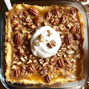 For the Pecan Pie Dump Cake, you need some key ingredients to make it shine: - 1 cup pecans, roughly chopped. You can use fresh or toasted pecans. Toasted pecans add a nice crunch and deeper flavor. - 1 cup brown sugar, packed. This gives the dish a rich, caramel-like taste. - 1 cup granulated sugar. It balances the sweetness and texture. - 1 cup unsalted butter, melted. Unsalted butter keeps the flavors clean and allows you to control salt levels. - 1 cup sweetened condensed milk. This keeps the cake moist and adds sweetness. - 1 teaspoon pure vanilla extract. It enhances all the flavors in the cake. - 1 box (15.25 oz) yellow cake mix. This forms the cake layer that makes this dessert special. - 2 cups water. This helps create a moist cake layer. You can get creative with your Pecan Pie Dump Cake. Here are some fun add-ins: - 1 cup toffee bits for added crunch. They bring a sweet, buttery flavor that pairs well with pecans. - Other topping options include chocolate chips or even caramel sauce. These can elevate the dessert and cater to your taste. If you have dietary needs, you can make some easy swaps: - For a dairy-free option, use coconut milk or almond milk instead of sweetened condensed milk. They will still give a creamy texture. - You can also try different cake mix flavors. Vanilla, chocolate, or even spice cake can change the taste of the dessert while still being delicious. To start, preheat your oven to 350°F (175°C). This helps the cake bake evenly. Next, you need a 9x13 inch baking dish. Grease it well with butter or non-stick spray. This makes sure the cake comes out easily after baking. Now, let’s mix the pecan layer. In a large bowl, combine these ingredients: - 1 cup pecans, roughly chopped - 1 cup brown sugar, packed - 1 cup granulated sugar - 1 cup unsalted butter, melted - 1 cup sweetened condensed milk - 1 teaspoon pure vanilla extract Stir them well until the mixture is smooth. Make sure everything blends together nicely. Once your pecan layer is ready, pour it into the greased baking dish. Spread it evenly across the bottom. Now, you will sprinkle the yellow cake mix on top. This is important: do not mix the cake mix into the pecan layer. Just let it sit on top. Next, pour 2 cups of water over the cake mix. It should cover the surface evenly. Again, do not stir this layer. The magic happens when it bakes. Bake the dish in your preheated oven for about 45-50 minutes. Look for a golden brown top. The edges should pull away from the sides of the dish. This shows it is done. After baking, take it out and let it cool for about 10 minutes. This cooling time helps the flavors settle. When you cut the cake, use a sharp knife. This helps get clean slices without tearing. To serve, you can add a dollop of whipped cream on top. This creamy texture complements the sweetness of the cake well. Consider adding some chopped pecans as a garnish for extra crunch. Enjoy your delicious Pecan Pie Dump Cake! To get the best texture in your pecan pie dump cake, start with room temperature ingredients. It helps the butters and sugars mix well. Cold butter or eggs can lead to uneven textures. Avoid a dry cake by not overbaking. Keep an eye on the timer. Check for a golden top and a slight pull from the edges. If it looks too brown, it may be overdone. You can add spices for extra flavor. A dash of cinnamon or nutmeg works great. Vanilla extract is a must, but almond extract can add a nice twist. Using quality ingredients makes a big difference. Fresh pecans and good butter can elevate your dish. Don't skimp—your taste buds will thank you! Store leftovers in an airtight container. It keeps the cake moist and fresh. You can keep it in the fridge for up to a week. When reheating, use the oven for best results. Preheat to 350°F (175°C) and warm for about 10 minutes. This keeps the texture right and the flavors intact. Enjoy your delicious dessert! {{image_4}} You can change up the nuts in your Pecan Pie Dump Cake. Instead of pecans, try walnuts or almonds. Both nuts bring a unique taste to the dish. You can also play with seasonal flavors. For fall, add pumpkin spice for a cozy touch. In winter, mix in some chocolate for a rich twist. These small changes can make the cake feel fresh and exciting. If you're looking to make this cake gluten-free, you can use a gluten-free cake mix. Many brands offer options that work well. You can also adapt the recipe for vegan diets. Swap out the butter for a plant-based alternative. Use coconut milk or almond milk instead of sweetened condensed milk. These changes make the cake accessible to more people without losing flavor. Pair your Pecan Pie Dump Cake with delicious sides. A scoop of ice cream adds creaminess that contrasts with the cake's sweetness. Fresh fruit can also brighten up the dish. For a fun twist, serve the cake in cups or create parfaits. Layer the cake with whipped cream and chopped nuts for an eye-catching dessert. Each of these serving ideas can elevate your experience and impress your guests. To keep your Pecan Pie Dump Cake fresh, use an airtight container. Glass or plastic containers work well. You can store it in the fridge. It stays good for about 4 to 5 days. Make sure it’s cool before sealing it up. You can freeze this cake, too! If you want to freeze it before baking, wrap it tightly in plastic wrap. Then, place it in a freezer-safe bag. If freezing after baking, let it cool first. Cut it into pieces for easy thawing. To thaw, move it to the fridge overnight. You can also thaw it at room temperature for a few hours. Check your cake for any off smells or mold. If it smells sour or looks different, toss it out. To maintain freshness, always store it in an airtight container. Keep it away from heat and moisture. This way, you can enjoy your delicious dessert for days! Pecan Pie Dump Cake is a simple dessert that blends cake and pie. The dessert has roots in Southern cooking. It combines sweet pecans with a rich cake. You will find it easy to make and hard to resist. The warm, gooey filling contrasts with a soft cake top. It is a favorite at gatherings and holiday dinners. Yes, you can use other cake mix flavors. Chocolate cake mix adds a rich, sweet twist. Spice cake mix gives a warm, cozy feel. Each flavor changes the taste and texture. Just remember, the original flavor works best with pecans. To make this dessert gluten-free, choose a gluten-free cake mix. Many brands offer great options. Look for mixes made with almond or coconut flour. Always check for gluten-free labeling. This ensures your dessert is safe for those with gluten allergies. You can prepare this dessert ahead of time. Mix the pecan layer and place it in the dish. Cover it and store it in the fridge. Bake it just before serving. This keeps the cake fresh and warm. If you bake it earlier, cool it and store it. Reheat it in the oven for a few minutes. This way, it stays tasty and inviting. In this post, we explored how to make a delicious pecan pie dump cake. We discussed key ingredients like pecans, sugar, and butter. I shared steps for preparing, baking, and serving this dessert. You learned tips to enhance flavor and texture while adjusting for dietary needs. Finally, we covered storage methods and signs of spoilage. Enjoy making this treat, and feel free to get creative with flavors and styles. Your perfect pecan pie dump cake awaits!