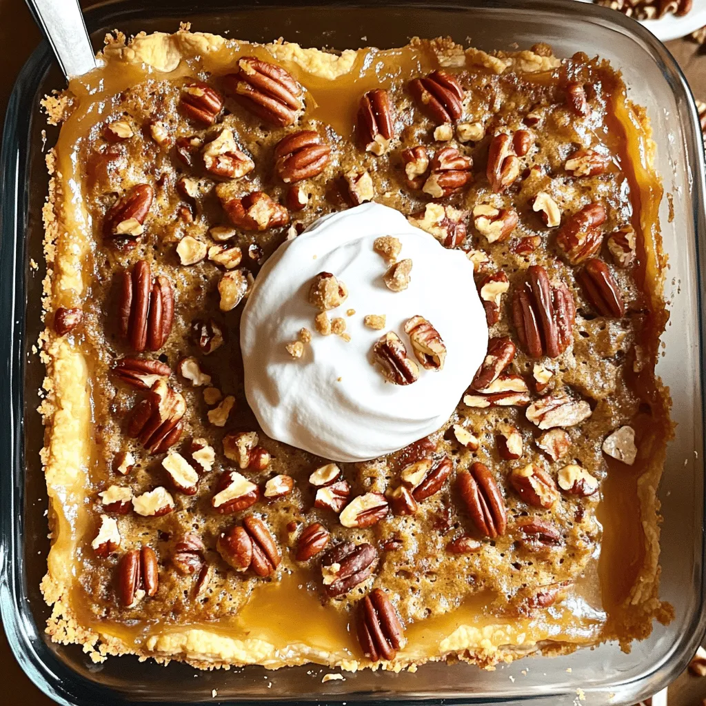 For the Pecan Pie Dump Cake, you need some key ingredients to make it shine: - 1 cup pecans, roughly chopped. You can use fresh or toasted pecans. Toasted pecans add a nice crunch and deeper flavor. - 1 cup brown sugar, packed. This gives the dish a rich, caramel-like taste. - 1 cup granulated sugar. It balances the sweetness and texture. - 1 cup unsalted butter, melted. Unsalted butter keeps the flavors clean and allows you to control salt levels. - 1 cup sweetened condensed milk. This keeps the cake moist and adds sweetness. - 1 teaspoon pure vanilla extract. It enhances all the flavors in the cake. - 1 box (15.25 oz) yellow cake mix. This forms the cake layer that makes this dessert special. - 2 cups water. This helps create a moist cake layer. You can get creative with your Pecan Pie Dump Cake. Here are some fun add-ins: - 1 cup toffee bits for added crunch. They bring a sweet, buttery flavor that pairs well with pecans. - Other topping options include chocolate chips or even caramel sauce. These can elevate the dessert and cater to your taste. If you have dietary needs, you can make some easy swaps: - For a dairy-free option, use coconut milk or almond milk instead of sweetened condensed milk. They will still give a creamy texture. - You can also try different cake mix flavors. Vanilla, chocolate, or even spice cake can change the taste of the dessert while still being delicious. To start, preheat your oven to 350°F (175°C). This helps the cake bake evenly. Next, you need a 9x13 inch baking dish. Grease it well with butter or non-stick spray. This makes sure the cake comes out easily after baking. Now, let’s mix the pecan layer. In a large bowl, combine these ingredients: - 1 cup pecans, roughly chopped - 1 cup brown sugar, packed - 1 cup granulated sugar - 1 cup unsalted butter, melted - 1 cup sweetened condensed milk - 1 teaspoon pure vanilla extract Stir them well until the mixture is smooth. Make sure everything blends together nicely. Once your pecan layer is ready, pour it into the greased baking dish. Spread it evenly across the bottom. Now, you will sprinkle the yellow cake mix on top. This is important: do not mix the cake mix into the pecan layer. Just let it sit on top. Next, pour 2 cups of water over the cake mix. It should cover the surface evenly. Again, do not stir this layer. The magic happens when it bakes. Bake the dish in your preheated oven for about 45-50 minutes. Look for a golden brown top. The edges should pull away from the sides of the dish. This shows it is done. After baking, take it out and let it cool for about 10 minutes. This cooling time helps the flavors settle. When you cut the cake, use a sharp knife. This helps get clean slices without tearing. To serve, you can add a dollop of whipped cream on top. This creamy texture complements the sweetness of the cake well. Consider adding some chopped pecans as a garnish for extra crunch. Enjoy your delicious Pecan Pie Dump Cake! To get the best texture in your pecan pie dump cake, start with room temperature ingredients. It helps the butters and sugars mix well. Cold butter or eggs can lead to uneven textures. Avoid a dry cake by not overbaking. Keep an eye on the timer. Check for a golden top and a slight pull from the edges. If it looks too brown, it may be overdone. You can add spices for extra flavor. A dash of cinnamon or nutmeg works great. Vanilla extract is a must, but almond extract can add a nice twist. Using quality ingredients makes a big difference. Fresh pecans and good butter can elevate your dish. Don't skimp—your taste buds will thank you! Store leftovers in an airtight container. It keeps the cake moist and fresh. You can keep it in the fridge for up to a week. When reheating, use the oven for best results. Preheat to 350°F (175°C) and warm for about 10 minutes. This keeps the texture right and the flavors intact. Enjoy your delicious dessert! {{image_4}} You can change up the nuts in your Pecan Pie Dump Cake. Instead of pecans, try walnuts or almonds. Both nuts bring a unique taste to the dish. You can also play with seasonal flavors. For fall, add pumpkin spice for a cozy touch. In winter, mix in some chocolate for a rich twist. These small changes can make the cake feel fresh and exciting. If you're looking to make this cake gluten-free, you can use a gluten-free cake mix. Many brands offer options that work well. You can also adapt the recipe for vegan diets. Swap out the butter for a plant-based alternative. Use coconut milk or almond milk instead of sweetened condensed milk. These changes make the cake accessible to more people without losing flavor. Pair your Pecan Pie Dump Cake with delicious sides. A scoop of ice cream adds creaminess that contrasts with the cake's sweetness. Fresh fruit can also brighten up the dish. For a fun twist, serve the cake in cups or create parfaits. Layer the cake with whipped cream and chopped nuts for an eye-catching dessert. Each of these serving ideas can elevate your experience and impress your guests. To keep your Pecan Pie Dump Cake fresh, use an airtight container. Glass or plastic containers work well. You can store it in the fridge. It stays good for about 4 to 5 days. Make sure it’s cool before sealing it up. You can freeze this cake, too! If you want to freeze it before baking, wrap it tightly in plastic wrap. Then, place it in a freezer-safe bag. If freezing after baking, let it cool first. Cut it into pieces for easy thawing. To thaw, move it to the fridge overnight. You can also thaw it at room temperature for a few hours. Check your cake for any off smells or mold. If it smells sour or looks different, toss it out. To maintain freshness, always store it in an airtight container. Keep it away from heat and moisture. This way, you can enjoy your delicious dessert for days! Pecan Pie Dump Cake is a simple dessert that blends cake and pie. The dessert has roots in Southern cooking. It combines sweet pecans with a rich cake. You will find it easy to make and hard to resist. The warm, gooey filling contrasts with a soft cake top. It is a favorite at gatherings and holiday dinners. Yes, you can use other cake mix flavors. Chocolate cake mix adds a rich, sweet twist. Spice cake mix gives a warm, cozy feel. Each flavor changes the taste and texture. Just remember, the original flavor works best with pecans. To make this dessert gluten-free, choose a gluten-free cake mix. Many brands offer great options. Look for mixes made with almond or coconut flour. Always check for gluten-free labeling. This ensures your dessert is safe for those with gluten allergies. You can prepare this dessert ahead of time. Mix the pecan layer and place it in the dish. Cover it and store it in the fridge. Bake it just before serving. This keeps the cake fresh and warm. If you bake it earlier, cool it and store it. Reheat it in the oven for a few minutes. This way, it stays tasty and inviting. In this post, we explored how to make a delicious pecan pie dump cake. We discussed key ingredients like pecans, sugar, and butter. I shared steps for preparing, baking, and serving this dessert. You learned tips to enhance flavor and texture while adjusting for dietary needs. Finally, we covered storage methods and signs of spoilage. Enjoy making this treat, and feel free to get creative with flavors and styles. Your perfect pecan pie dump cake awaits!
