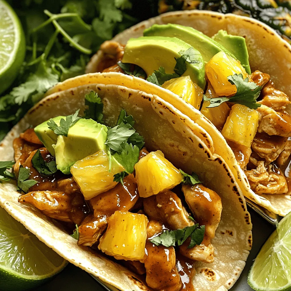 - 1 lb chicken breast, diced into bite-sized pieces - 1 cup fresh pineapple, diced - 2 tablespoons chipotle sauce (adjust according to your spice preference) - 1 tablespoon olive oil - 1 teaspoon ground cumin - 1 teaspoon smoked paprika - 1/2 teaspoon garlic powder - Salt and pepper to taste The main components of these tacos create a perfect balance. The chicken breast adds protein, while fresh pineapple brings sweetness. Chipotle sauce adds heat and depth, making the dish exciting. Olive oil helps the spices stick and adds richness. Cumin and smoked paprika boost flavor, while garlic powder enhances the taste. Finally, seasoning with salt and pepper rounds everything out. - 1 ripe avocado, sliced - 1/4 cup fresh cilantro, roughly chopped - Lime wedges for serving Toppings can elevate your tacos. Creamy avocado adds smoothness. Fresh cilantro provides a burst of freshness. Lime wedges bring a zesty kick when squeezed on top. Feel free to use these toppings to enhance your meal. - 8 small corn tortillas - Alternative tortilla choices Corn tortillas are the traditional choice for tacos. They have a nice flavor and texture. If you prefer, you can try other options, like flour tortillas or even lettuce wraps for a low-carb meal. The key is to choose tortillas that hold the filling well and complement the dish. In a large bowl, combine the diced chicken breast with: - 2 tablespoons chipotle sauce - 1 tablespoon olive oil - 1 teaspoon ground cumin - 1 teaspoon smoked paprika - 1/2 teaspoon garlic powder - Salt and pepper to taste Mix well. Make sure each chicken piece is coated. Let it marinate for at least 15 minutes. This helps the chicken soak up flavors. For best results, marinate it longer if you have time. Heat a skillet over medium-high heat. Once it's hot, add the marinated chicken. Cook for 6-8 minutes. Stir occasionally. You want the chicken to turn golden brown. A slight char adds great flavor. Ensure it’s cooked through before moving on. After the chicken is cooked, add 1 cup diced pineapple to the skillet. Stir gently. Cook for an additional 2-3 minutes. This warms the pineapple and brings out its sweetness. While that cooks, warm 8 small corn tortillas. You can use a pan or microwave. Warm tortillas make folding easier. To assemble, place each tortilla on a plate. Add a scoop of the chicken and pineapple mix in the center. Top with slices of avocado and chopped cilantro. Serve with lime wedges for a zesty kick! To make your Chipotle Pineapple Chicken Tacos burst with flavor, you can adjust the spice levels. Start with two tablespoons of chipotle sauce. If you like heat, add more. If you prefer milder tacos, use less. Taste as you go. This way, you can find the perfect balance for your palate. Seasoning is key. Always add salt and pepper to the chicken mix. It enhances the natural flavors of the chicken and pineapple. Don’t be shy with spices like cumin and paprika. They give depth and warmth. Cook the chicken carefully to avoid dryness. Heat your skillet over medium-high heat. When the pan is hot, add the marinated chicken. Cook for six to eight minutes. Stir often, and let it get a nice char. This adds flavor and keeps the meat juicy. Warming tortillas is just as important. You can use a pan or microwave. Heat them until they are soft and flexible. This makes folding easier and adds to the taco's texture. For serving, stack your tacos on a large platter. This makes them look inviting. You can drizzle extra chipotle sauce on top for a pop of color. Garnish with fresh cilantro. It adds a nice green touch and flavor. Lime wedges are a must. Squeeze fresh lime juice over the tacos right before eating. This adds a bright, zesty kick that takes the dish to the next level. {{image_4}} You can swap chicken for other meats like pork or beef. Each meat brings its flavor. Try grilled shrimp for a seafood twist. For a vegetarian option, use grilled tofu or tempeh. These options are hearty and tasty. For a vegan choice, consider black beans or lentils. They give great texture and protein. You can change the spice level easily. If you prefer sweet, add more pineapple or honey. For extra heat, increase the chipotle sauce. You can also use fruits like mango or peach for a different sweet taste. Mixing in different sauces can change the flavor too. Try barbecue sauce for a smoky kick. Serve these tacos with simple sides like rice or beans. A fresh salad pairs well too. For a fun twist, make corn salsa or guacamole. For drinks, try a light beer or a fruity soda. These drinks balance the spice and enhance the meal. To keep your Chipotle Pineapple Chicken Tacos fresh, store any leftovers properly. Place the chicken and pineapple mix in an airtight container. Store the corn tortillas separately to avoid sogginess. This method helps maintain flavor and texture. When reheating your tacos, use a skillet for the best results. Heat the skillet over medium heat, add the chicken and pineapple mix, and warm it for 4-5 minutes. Keep the tortillas soft by microwaving them for about 15 seconds. This method helps preserve that delicious crunch. In the fridge, the tacos last about 3-4 days. For longer storage, freeze the chicken and pineapple mix in a freezer-safe bag. It can stay good for about 3 months. Just remember to thaw it in the fridge before reheating for the best taste! Yes, you can use frozen chicken. Just be sure to thaw it fully before cooking. This helps the chicken cook evenly and absorb the flavors better. I recommend planning ahead and letting the chicken thaw overnight in the fridge. To make these tacos gluten-free, use corn tortillas. They are naturally gluten-free and work well with the chicken and pineapple. Always check the labels on your chipotle sauce to ensure there’s no gluten. If you need a substitute for chipotle sauce, use a mix of smoked paprika and a little hot sauce. This combo gives a smoky flavor without being too spicy. You can also try BBQ sauce for a different twist. Yes! You can find low-carb tortillas made from almond flour or cauliflower. These options are great for anyone watching carbs. They still hold up well and taste good with the chicken and pineapple filling. The spiciness of these tacos depends on the chipotle sauce you use. I suggest starting with a small amount. You can always add more if you want extra heat. The sweetness of the pineapple balances the spice nicely! You can easily create tasty tacos with chicken and pineapple. Start by marinating the chicken in spices and chipotle sauce. Cook it to keep it juicy and tender. Add grilled pineapple for a sweet twist and serve on warmed tortillas. Explore different toppings like avocado and cilantro for extra flavor. Feel free to swap chicken for other proteins or go plant-based. When stored correctly, your leftovers will last for days. Enjoy your cooking and make those tacos shine!