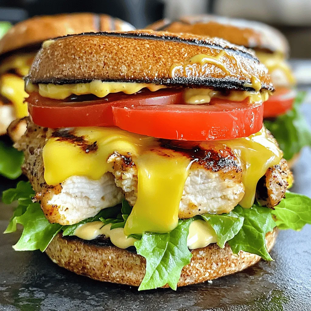 To make this tasty sandwich, you need a few key ingredients. Here’s what you will need: - 2 boneless, skinless chicken breasts - 1 tablespoon extra virgin olive oil - 1 teaspoon smoked paprika - 1 teaspoon garlic powder - 1 teaspoon onion powder - Sea salt and freshly cracked black pepper, to taste - 4 whole wheat burger buns - 4 slices of Swiss cheese - 4 slices of ripe tomato - 4 large leaves of romaine lettuce - 4 tablespoons honey mustard dressing Each ingredient serves a purpose. The chicken provides protein, while the spices add flavor. The Swiss cheese gives that creamy texture we all love. Whole wheat buns offer a healthier choice, and the fresh veggies add crunch. Each serving of this sandwich is not just tasty but also nutritious. Here’s a brief look at the nutrition per serving: - Calories: 440 - Protein: 30g - Carbohydrates: 40g - Fat: 18g - Fiber: 4g This sandwich meets your hunger while keeping it balanced. The chicken is lean, and the veggies add vitamins. What goes well with your Chick-fil-A Grilled Chicken Club Sandwich? Here are some great side options: - Sweet potato fries - Fresh fruit salad - Coleslaw - Vegetable chips - A simple green salad These sides will complement your sandwich well. They add color and flavor to your meal. For the full recipe, check out the sections above. Enjoy your cooking! To start, you want to marinate the chicken well. In a bowl, mix together: - 1 tablespoon extra virgin olive oil - 1 teaspoon smoked paprika - 1 teaspoon garlic powder - 1 teaspoon onion powder - Sea salt and freshly cracked black pepper Once you mix these, add the two boneless, skinless chicken breasts. Make sure they are fully coated. Cover the bowl with plastic wrap. Let it sit in the fridge for at least 30 minutes. This helps the chicken soak up all the flavors. Grilling chicken can be simple if you follow a few steps. First, preheat your grill or grill pan to medium heat, around 375°F (190°C). Remove the chicken from the marinade, letting any extra drip off. Place the chicken on the grill. Cook for 6-7 minutes on each side. You want the chicken to reach an internal temperature of 165°F (74°C). This ensures it is safe to eat and juicy. In the last minute of grilling, add a slice of Swiss cheese on top of each chicken breast. Close the grill lid. This helps the cheese melt perfectly. Now it’s time to build your sandwich. Start with the bottom half of a toasted whole wheat bun. Spread 1 tablespoon of honey mustard dressing evenly on it. Next, add a large leaf of romaine lettuce. Place the grilled chicken breast with melted Swiss cheese on top. Finally, add a slice of ripe tomato. Cap it off with the top half of the bun. Press down gently on each sandwich to keep it together. For easy serving, slice each sandwich in half diagonally. Enjoy your Chick-fil-A Grilled Chicken Club Sandwich Delight! To get juicy, tasty chicken, start with good marination. Mix olive oil, smoked paprika, garlic powder, onion powder, sea salt, and black pepper. Coat the chicken well, then chill it for at least 30 minutes. This helps flavors soak in. When grilling, make sure your grill is hot, around 375°F. Cook each side for about 6-7 minutes. Use a meat thermometer to check that the center reaches 165°F. This ensures your chicken is safe and tender. Melt cheese perfectly by adding it during the last minute of grilling. Place a slice of Swiss cheese on top of the chicken. Close the grill lid to trap heat. The steam will help the cheese melt into a gooey layer. This simple step adds a creamy texture that makes your sandwich more delicious. To make the sandwich look great, serve it on a wooden board or a nice plate. Add a small bowl of honey mustard dressing for dipping. This adds a fun touch. For color, garnish with fresh herbs like parsley or basil. Slice the sandwich diagonally for easy eating and a nice look. This way, each bite is not only tasty but also pleasing to the eye. {{image_4}} If you want to mix things up, try different cheeses. Cheddar gives a sharp taste. Pepper jack adds a spicy kick. Provolone melts well and has a mild flavor. You can also use gouda for a rich, creamy texture. Each choice changes the sandwich in a fun way. The bread you pick can change the whole sandwich vibe. Whole wheat buns are great for health. Brioche buns add a sweet touch and softness. If you want something crunchy, try a ciabatta roll. Gluten-free buns are also an option if you need them. Don’t be afraid to explore! You can easily make this sandwich your own. For a vegetarian twist, swap chicken for grilled portobello mushrooms or a veggie patty. If you love heat, add jalapeños or spicy sauce. Want more flavor? Toss in avocado or pickles. Each twist adds your special touch to the classic grilled chicken club. For the full recipe and detailed steps, check out the Full Recipe! To keep your leftover sandwiches fresh, wrap them tightly in plastic wrap. You can also use aluminum foil. This prevents air from getting in and keeps them tasty. Place the wrapped sandwiches in a container or a zip-top bag. Store them in the fridge for up to three days. If you want to keep them longer, freeze them. Just remember to separate the layers with parchment paper to avoid sticking. When it's time to eat your leftover sandwich, take it out of the fridge. If frozen, let it thaw in the fridge overnight. To reheat, you can use a microwave or an oven. If you choose the microwave, heat it for about 1-2 minutes. Check if it's warm inside. If using an oven, preheat it to 350°F (175°C). Wrap the sandwich in foil and heat for about 10-15 minutes. This way, it stays crispy and delicious. For storing your sandwiches, use airtight containers. Glass or plastic containers work great. Choose ones that fit your sandwiches snugly. This helps keep them fresh. If you’re freezing, use heavy-duty freezer bags. They protect against freezer burn. With proper storage, your Chick-fil-A Grilled Chicken Club Sandwich will taste just as good later! Check out the Full Recipe to make this delightful sandwich. The Chick-fil-A Grilled Chicken Club Sandwich costs around $5.79. Prices may vary by location. You can check your local Chick-fil-A for exact pricing on their menu. You can find Chick-fil-A locations through their website or mobile app. Most Chick-fil-A restaurants serve the Grilled Chicken Club Sandwich. Just enter your zip code to see the nearest spots. Yes, you can make this sandwich gluten-free. Use gluten-free buns instead of whole wheat buns. Check labels for the honey mustard dressing to ensure it's gluten-free. You can still enjoy the same great taste! In this post, we explored the Chick-fil-A Grilled Chicken Club Sandwich. We covered key ingredients, nutritional facts, and great side dishes. You learned how to marinate and grill chicken perfectly. I also shared tips for sandwich assembly, cheese melting, and creative variations. Finally, we discussed storage and reheating methods. Enjoy making this sandwich your own with tasty tweaks. With these steps, you can create a delicious meal at home. Trust your skills and impress your family and friends!