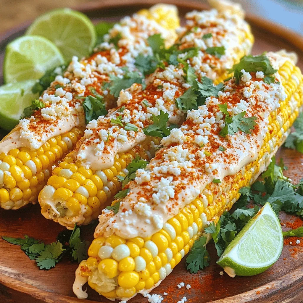 To create this tasty dish, you need just a few key items. Here’s the list: - 4 fresh ears of corn, husked - 1/2 cup creamy mayonnaise - 1/2 cup crumbled cotija cheese (or feta cheese for a milder option) - 1 teaspoon chili powder - 1 lime, zested and juiced - 1/4 cup freshly chopped cilantro - Salt, to taste - Optional: 1/4 teaspoon smoked paprika for an extra depth of flavor These ingredients work together to bring out bright, bold flavors. The corn shines with its natural sweetness. The creamy mayonnaise adds richness, while cheese and spices boost the taste. You can personalize your street corn with some fun extras. Consider these options: - Add a sprinkle of garlic powder for more flavor. - Use jalapeños or hot sauce for heat. - Try different cheeses like queso fresco or parmesan. - Swap lime for lemon for a different twist. These variations let you adjust the dish to your taste. Have fun experimenting! Gather these tools to make your cooking easier: - Large pot for boiling corn - Mixing bowl for the sauce - Basting brush or spoon for coating - Serving plate for presentation Having the right tools helps make the process smooth. It’s all about enjoying the cooking experience! First, fill a large pot with water. Bring it to a rolling boil. Once boiling, carefully add the husked corn. Cook the corn for 5 to 7 minutes. You want it tender but still crisp. After cooking, take the corn out and let it cool. This makes it safe to handle. While the corn cools, grab a mixing bowl. In this bowl, add creamy mayonnaise. Then, squeeze in the lime juice and add the zest. Next, mix in the chili powder and chopped cilantro. If you like smoky flavor, add smoked paprika. Stir everything until it is smooth and creamy. Now, take the cooled corn. Use a basting brush or a spoon. Generously coat the corn with the mayo sauce. Make sure every part is covered. Next, sprinkle crumbled cotija cheese over each ear. Press lightly to help it stick. Finally, add salt to taste. For extra spice, sprinkle more chili powder. Serve the corn on sticks or on a plate. Garnish with extra cilantro and lime wedges. Enjoy! For the full recipe, check out the details above. To make great Mexican street corn, start with fresh corn. Look for ears with bright green husks. The silk should be light brown and sticky. Press the kernels with your thumb; they should feel firm and juicy. Fresh corn tastes sweeter and gives you the best flavor. Always pick corn that feels heavy for its size. Many people overcook the corn. Cook it for just 5-7 minutes. This keeps it crisp and sweet. Another mistake is not seasoning enough. Salt enhances flavor, so don’t skip it. Also, remember to coat every side with the mayo mix. This ensures a burst of flavor in every bite. Lastly, don't rush when adding cheese. Press it gently for a better stick. To make your corn even tastier, try these ideas: - Add lime zest: This gives a bright flavor. - Use smoked paprika: It adds a nice depth. - Spice it up: Add more chili powder for heat. - Try different cheeses: You can use feta for a milder taste. - Extra toppings: Consider adding diced jalapeños or hot sauce for a kick. These simple tweaks can turn your Mexican street corn into a gourmet treat. For the full recipe, refer to the earlier section. {{image_4}} You can switch up the cheese for Mexican street corn. Cotija cheese is the classic choice. It adds a nice salty bite. If you want something milder, feta cheese works well too. You can even try queso fresco for a lighter texture. Each cheese gives a unique flavor. Get creative and find your favorite! Love heat? Add some spice to your corn! A dash of cayenne pepper can kick it up. You can also mix in some chopped jalapeños for a fresh taste. Another great option is to drizzle hot sauce over the mayo mix. It adds both heat and flavor. Don't forget to sprinkle additional chili powder for that extra zing! While boiling corn is easy, there are other fun ways to cook it. Grilling gives the corn a smoky flavor. Simply husk and soak the corn before grilling for the best results. You can also roast it in the oven. Just wrap the corn in foil and bake for about 20 minutes. Both methods add a unique twist to your dish. Try them out for a new experience! For the full recipe, check out the complete guide on making Mexican Street Corn on the Cob. To keep leftover corn fresh, wrap it tightly in plastic wrap or foil. You can also place it in an airtight container. Make sure to store it in the fridge. Properly stored, it lasts for about 3 to 4 days. Reheating corn is simple. You can use a microwave for quick warmth. Place the corn on a plate, cover it with a damp paper towel, and heat for 30 to 60 seconds. If you prefer a grilled taste, place it on a grill for a few minutes. This adds a nice char and flavor. If you want to save your corn for later, freezing is a great option. First, let the corn cool completely. Wrap each ear in plastic wrap. Then, place them in a freezer-safe bag. Be sure to label the bag with the date. Frozen corn can last for about 6 months. When you're ready to use it, thaw it in the fridge overnight before reheating or cooking. Enjoy your Mexican street corn on the cob anytime with this method! For the full recipe, check out the details. Mexican street corn, or elote, comes from Mexico. Vendors sell it on street corners. The corn is grilled and covered in tasty toppings. People love it for its rich flavors. It has roots in ancient Aztec culture, where corn was a vital food. Today, you can find it at fairs and markets. Yes, you can make Mexican street corn vegetarian. The main ingredients are already plant-based. Use mayonnaise, cheese, lime, and spices. If you want a vegan version, try making a sauce with avocado or cashew cream. This keeps the flavor rich without using dairy. Mexican street corn pairs well with many dishes. Here are some ideas: - Grilled chicken or steak - Tacos with your favorite filling - A fresh green salad - Rice and beans for a filling meal - Spicy salsa to kick it up a notch Feel free to explore these options to create a fun and tasty meal. For more details on how to prepare this dish, check out the Full Recipe. Mexican street corn is a delightful dish rich in flavor and culture. We covered the key ingredients needed, how to prepare the corn, and made a tasty sauce. I shared tips for choosing the best corn and avoiding common mistakes. Explore variations, like different cheeses or spicy toppings, to customize it. Finally, I explained how to store leftovers and answered common questions. Enjoying this treat is simple and fun, perfect for any gathering. Try it, and let your taste buds savor the bold flavors!