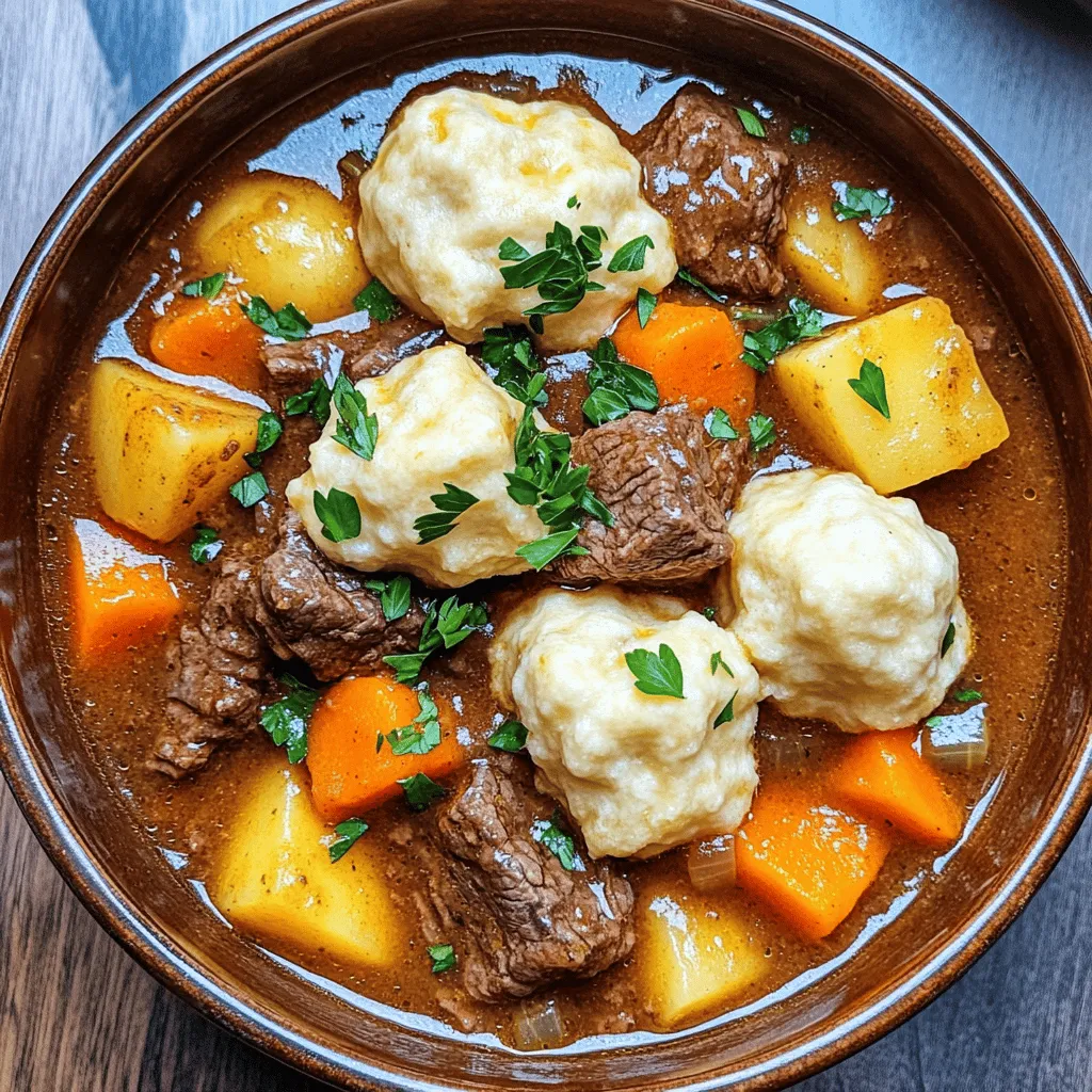 - 2 lbs beef chuck, cut into 1-inch cubes - 4 medium carrots, chopped - 3 medium potatoes, peeled and diced - 1 large onion, chopped - 3 cloves garlic, minced - 4 cups beef broth - 2 tablespoons tomato paste - 1 tablespoon Worcestershire sauce - 2 teaspoons dried thyme - 2 teaspoons salt - 1 teaspoon freshly ground black pepper - 1 cup frozen peas - 1 tablespoon cornstarch (optional for thickening) - 2 cups all-purpose flour - 1 tablespoon baking powder - 1/2 teaspoon salt - 1 tablespoon dried parsley - 3/4 cup milk - 1/4 cup melted butter When making this stew, each ingredient plays a special role. The beef chuck gives a rich flavor. The carrots and potatoes add sweetness and heartiness. Onions and garlic bring depth to the dish. Beef broth forms a savory base that ties everything together. I love using Worcestershire sauce. It boosts the umami taste in the stew. Dried thyme adds a fragrant touch. The peas bring a pop of color and texture at the end. For the dumplings, all-purpose flour forms the base. Baking powder makes them rise and stay fluffy. Dried parsley adds a hint of freshness. Milk and melted butter keep the dumplings tender. These ingredients work together to create a warm, cozy meal. Each bite of beef and fluffy dumpling feels like a hug. 1. Combine beef and vegetables in the slow cooker First, take 2 lbs of beef chuck. Cut it into 1-inch cubes. Add the beef to your slow cooker. Next, chop 4 medium carrots and 3 medium potatoes. Peel and dice the potatoes. Then, chop 1 large onion and mince 3 cloves of garlic. Add these vegetables to the slow cooker. 2. Add broth and seasoning ingredients Pour in 4 cups of beef broth. This will add flavor and moisture. Next, add 2 tablespoons of tomato paste and 1 tablespoon of Worcestershire sauce. Sprinkle in 2 teaspoons of dried thyme, 2 teaspoons of salt, and 1 teaspoon of black pepper. 3. Stir gently to mix Use a large spoon to stir the ingredients. Ensure everything mixes well. This will spread the flavors evenly. 1. Set slow cooker to low or high depending on time availability Cover the slow cooker with its lid. If you have time, set it to low for 6-8 hours. If you need it sooner, set it to high for 4-5 hours. 2. Monitor cooking time for fork-tender beef Check the stew as it cooks. You want the beef to become fork-tender. This means it should break apart easily when you poke it with a fork. 1. Prepare dry ingredients in a mixing bowl In a large mixing bowl, combine 2 cups of all-purpose flour, 1 tablespoon of baking powder, 1/2 teaspoon of salt, and 1 tablespoon of dried parsley. Whisk these dry ingredients together. 2. Mix wet ingredients to create dumpling batter Make a well in the center of the dry mixture. Pour in 3/4 cup of milk and 1/4 cup of melted butter. Stir everything together until just mixed. Be careful not to overmix. This keeps the dumplings light and fluffy. 3. Drop dumpling batter into the stew When the stew is ready, use a spoon to drop the dumpling batter on top. Cover the slow cooker again. Cook for an extra 15-20 minutes on high heat. The dumplings should rise and cook through. To make the beef tender, cooking time is key. Cook the stew on low heat for 6-8 hours. This slow cook breaks down the beef fibers. If you’re short on time, use high heat for 4-5 hours. The right cut of beef matters too. I recommend using beef chuck. It has enough fat to keep the meat juicy and tender. Dumplings need care while mixing. Overmixing makes them tough. Stir until the batter just comes together. This keeps them light and fluffy. For cooking, drop the batter on top of the stew. Cover the slow cooker while they cook for 15-20 minutes on high. They will rise and become soft. To boost flavor, consider extra herbs. Try rosemary or bay leaves for depth. A pinch of red pepper flakes adds warmth. For garnishing, use freshly chopped parsley. It adds color and a fresh taste. You can also drizzle a bit of olive oil for shine. These tweaks make your stew even more delicious. {{image_4}} You can add many extra vegetables to your beef stew. Try including: - 1 cup of sliced mushrooms - 1 cup of chopped celery - 1 bell pepper, diced - 1 cup of green beans, trimmed Seasonal vegetables work great too! In fall, add squash or pumpkin. In spring, use asparagus or fresh peas. These veggies boost nutrition and flavor. If you want a change from beef, use chicken or pork. Chicken thighs work best for tenderness. For pork, use a shoulder cut. Both meats cook well in the slow cooker. For a vegetarian twist, try using chickpeas or lentils. This keeps your dumplings fluffy and light. You can also use vegetable broth for added flavor. You can switch up the flavor of your stew easily. For an Asian twist, add soy sauce, ginger, and sesame oil. Use bok choy or shiitake mushrooms for extra flair. If you prefer classic tastes, stick with thyme and bay leaves. You can also explore modern herbs like rosemary or tarragon. These choices give your stew a fresh feel. To store leftover beef stew, let it cool first. Place it in an airtight container. You can keep it in the fridge for up to three days. If you made dumplings, store them separately. This keeps them from getting soggy. You can keep dumplings in the same container or in their own. Just cover them well. For freezing, put the beef stew in a freezer-safe container. Leave some space at the top, as the stew will expand. You can freeze it for up to three months. For dumplings, flash freeze them first. Place them on a baking sheet and freeze until solid. Then, transfer them to a freezer bag. This helps keep their shape. When you want to eat them, thaw the stew and dumplings in the fridge overnight. This keeps the flavor and texture nice. To reheat beef stew, use the stovetop or microwave. For the stovetop, pour the stew into a pot. Heat it on low, stirring often. In the microwave, use a microwave-safe bowl. Heat in short bursts, stirring in between. For dumplings, you want to keep them fluffy. Reheat them in the microwave with a damp paper towel over them. This helps keep them moist. You can also add them back to the stew to warm them through. This keeps the dumplings soft and tasty. You can store your slow cooker beef stew in the fridge for about 3 to 4 days. Make sure to let it cool first before putting it in an airtight container. This helps keep it fresh and safe to eat. If you won't eat it in that time, consider freezing it instead. Yes, you can prepare the stew the night before. Just chop the veggies and meat, then put them in your slow cooker. Cover it and store it in the fridge. In the morning, add broth and seasonings, then set it to cook. This saves time and makes dinner easy. To thicken your beef stew, use a cornstarch slurry. Mix 1 tablespoon of cornstarch with a few tablespoons of cold water. Stir this into your stew in the last 30 minutes of cooking. You can also use flour or mashed potatoes for thickening if you prefer. To make larger dumplings, use a bigger spoonful of batter. For smaller dumplings, use a smaller spoon. Just remember, cooking time may change a bit. Larger dumplings might need a few extra minutes to cook through. Keep an eye on them to ensure they’re fluffy and fully cooked. This article covered the ingredients and steps for making beef stew and fluffy dumplings. You learned how to prepare, cook, and store each part while offering tips to enhance flavors. Whether you're adding veggies or exploring different proteins, the possibilities are endless. Finally, remember that with practice, you can make this dish perfect for your family. Enjoy creating a warm and hearty meal!