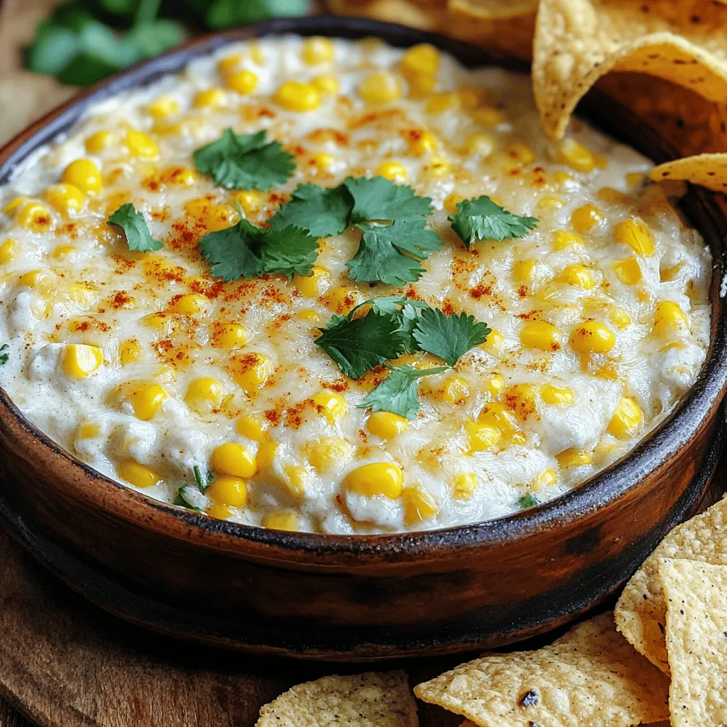 - 2 cups corn (fresh, frozen, or canned) - 1 cup cream cheese, softened - 1/2 cup sour cream - 1/2 cup mayonnaise - 1 cup shredded Monterey Jack cheese - 1 cup crumbled feta cheese - 2 tablespoons fresh lime juice - 2 teaspoons chili powder - 1/2 teaspoon smoked paprika - 1/4 cup fresh cilantro, chopped - Salt and black pepper, to taste Baked Elote Dip shines with its creamy texture and bold flavors. You can use corn that is fresh, frozen, or canned. Each option brings its own charm. I often go with fresh corn for a crunchy bite, but frozen or canned works too. Cream cheese sets a great base for the dip. It adds richness and creaminess. Sour cream and mayonnaise keep the dip smooth and tangy. Together, they create a delightful blend. The combination of Monterey Jack and feta cheese gives the dip a unique flavor. Monterey Jack melts beautifully, while feta adds a salty punch. Fresh lime juice brightens up the dip, enhancing all the flavors. Chili powder and smoked paprika bring warmth and depth. They make every bite exciting. Chop fresh cilantro to add a burst of freshness. It’s key for garnishing too! Don't forget to season with salt and black pepper to taste. These ingredients come together to create a dish that is both tasty and satisfying. Enjoy assembling them for a party or a cozy night in! 1. Preheat the oven to 375°F (190°C). This step heats your oven for the dip. 2. In a large bowl, mix the cream cheese, sour cream, and mayonnaise. Use a hand mixer or a spatula. Blend until smooth with no lumps. 3. Add fresh lime juice, chili powder, smoked paprika, and a pinch of salt and pepper. Stir well to combine all the flavors. 1. Gently fold in the corn, Monterey Jack cheese, feta cheese, and cilantro. Be careful not to overmix; just combine everything nicely. 2. Transfer the dip mixture into a greased baking dish. Spread it evenly with a spatula. 3. Bake in the preheated oven for 25-30 minutes. Look for a golden top and bubbly sides. 1. Let the dip cool for about 5 minutes before garnishing it with extra cilantro. This adds color and flavor. 2. Serve warm with tortilla chips, crisp sliced vegetables, or crunchy crackers. Enjoy the delicious dip with your favorite dippers! To make your dip smooth and creamy, mix your ingredients well. Start by blending the cream cheese, sour cream, and mayonnaise until they are creamy. This mix should feel light and airy, not thick. Add lime juice and spices next, stirring until everything is even. Finally, gently fold in the corn and cheeses. Be careful here; you want to keep that creamy texture. You can spice up your dip with different seasonings. Try adding cumin for a warm taste. If you love heat, consider mixing in chopped jalapeños. For a twist, add taco seasoning instead of chili powder. Before baking, sprinkle some extra cheese on top or add crushed tortilla chips for a crunchy layer. How you serve your dip can make a big difference. Use a colorful bowl to add fun to your table. A wooden board makes a nice backdrop for your dip. Surround the bowl with tortilla chips and veggies for dipping. Don’t forget to squeeze fresh lime on top! Garnish with cilantro for a fresh pop of color. This not only looks good but also brightens the flavor of the dip. {{image_4}} You can make this dip spicy by adding jalapeños or hot sauce. For jalapeños, chop them finely and mix them in with the other ingredients. Start with one or two, then taste and adjust. If you prefer hot sauce, a few dashes will add great flavor. This spice level is fun and makes the dip exciting! If you want a vegetarian dip, try different cheeses or plant-based alternatives. You can use a mix of mozzarella and cheddar for a milder taste. For a vegan option, use cashew cream or tofu instead of cream cheese. Nutritional yeast can add a cheesy flavor without dairy. These swaps keep the dip creamy and tasty. You can easily change the serving size. If you have a small group, you can halve the recipe. Just cut all the ingredients in half. If you need more, double the recipe for larger gatherings. This flexibility lets you enjoy the dip anytime, whether it’s a party or a cozy night in! To keep your Baked Elote Dip fresh, store it in an airtight container. Place it in the fridge. It should stay good for about 3 to 4 days. Make sure the dip cools down first before sealing it. This helps maintain its creamy texture. If you want to keep the flavor intact, add a layer of plastic wrap on top before sealing. You can freeze this dip for longer storage. First, let it cool completely. Then, scoop it into a freezer-safe container. Leave some space at the top for expansion. Cover it tightly with plastic wrap, then seal with a lid. It can stay in the freezer for up to 2 months. To thaw, place it in the fridge overnight. For reheating, you have two great options. - Oven Method: Preheat your oven to 350°F (175°C). Place the dip in an oven-safe dish. Cover with foil to keep it moist. Heat for about 20 minutes or until warm. - Microwave Method: Place the dip in a microwave-safe bowl. Heat in 30-second intervals, stirring in between. This helps it heat evenly. Both methods will bring back that creamy goodness. Enjoy your leftovers just as much as the first time! Yes, you can use frozen corn. It works great in this dip. Just make sure to thaw and drain it well before mixing. Frozen corn is often sweeter than canned corn. It brings a nice crunch and flavor to the dip. If fresh corn is in season, feel free to use that. Fresh corn gives a more vibrant taste. Both options are excellent! The dip can last about 3 to 4 days in the fridge. Make sure to keep it in an airtight container. This helps keep it fresh and tasty. Before serving leftovers, check for any signs of spoilage. If it still looks good, just reheat it in the oven or microwave. You can enjoy it warm or at room temperature. Yes, you can make this dip ahead of time. Simply prepare it and place it in a baking dish. Cover it tightly and store it in the fridge. You can bake it the next day. This dip tastes just as good after a night in the fridge. For best results, add fresh cilantro right before serving. Enjoy the convenience of having it ready to go! This blog showed how to create a tasty Baked Elote Dip. You learned the ingredients and steps to make it. I shared tips for perfecting flavor and presentation. You can customize this dip to your liking. Storing leftovers and making variations will keep it fun. Try out this easy recipe with friends or family. Enjoy your delicious dip, and make it your own!