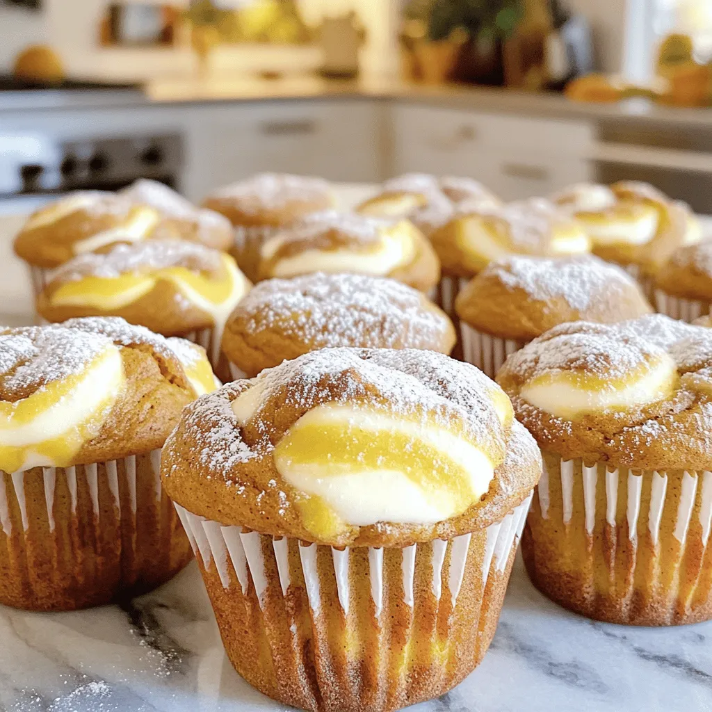 The right ingredients make these muffins shine. Let’s break them down into dry, wet, and cream cheese swirl ingredients. - 1 ½ cups all-purpose flour - ½ cup granulated sugar - ½ cup packed brown sugar - 1 teaspoon baking soda - 1 teaspoon baking powder - ½ teaspoon salt - 1 teaspoon ground cinnamon - ½ teaspoon ground nutmeg - ½ teaspoon ground ginger These dry ingredients form the base of your muffins. The flour gives structure, while sugars add sweetness. Baking soda and baking powder are your leavening agents, helping the muffins rise. Cinnamon, nutmeg, and ginger add warmth and spice, making your kitchen smell amazing. - 1 cup canned pumpkin puree - 2 large eggs, at room temperature - ½ cup vegetable oil - 1 teaspoon vanilla extract Pumpkin puree is the star of the show, giving moisture and flavor. The eggs help bind everything together. Vegetable oil keeps the muffins soft, and vanilla adds a lovely aroma. - 8 oz cream cheese, softened to room temperature - ¼ cup powdered sugar - 1 teaspoon vanilla extract This swirl adds richness and creaminess. Mixing in powdered sugar sweetens the cream cheese, making it a delightful contrast to the spiced muffin batter. The vanilla enhances the overall flavor, creating a perfect harmony. These ingredients blend to create a cozy treat you’ll want to share. - Preheat the oven to 350°F (175°C). This step is key for even baking. - Line your muffin tin with paper liners. This helps with easy removal and cleanup. - In a large mixing bowl, combine 1 ½ cups all-purpose flour, ½ cup granulated sugar, ½ cup brown sugar, 1 teaspoon baking soda, 1 teaspoon baking powder, ½ teaspoon salt, 1 teaspoon cinnamon, ½ teaspoon nutmeg, and ½ teaspoon ginger. - Whisk these dry ingredients thoroughly. This ensures that your spices and leavening agents mix well. - In a separate bowl, blend 1 cup pumpkin puree, 2 large eggs, ½ cup vegetable oil, and 1 teaspoon vanilla extract. Mix until smooth. - Pour the wet mixture into the dry ingredients. Mix gently with a spatula or wooden spoon. - Avoid overmixing! A few lumps are okay, as this keeps your muffins light. - In another bowl, beat 8 oz softened cream cheese with ¼ cup powdered sugar and 1 teaspoon vanilla extract. Mix until it's smooth and creamy. - Spoon about 2 tablespoons of muffin batter into each lined muffin cup. - Add 1 tablespoon of cream cheese mixture on top, then finish with another tablespoon of muffin batter. - Use a toothpick to gently swirl the cream cheese into the muffin batter. This creates a nice marbled look. - Bake the muffins for 18-20 minutes. - Check for doneness by inserting a toothpick into the center. It should come out clean or with a few moist crumbs. - Let the muffins cool in the pan for about 5 minutes. Then, transfer them to a wire rack to cool completely. This helps set their texture nicely. Using room temperature ingredients is key. It helps the batter mix well. Cold eggs and cream cheese can cause lumps. Let these sit out for about 30 minutes before you start. Avoid overmixing your batter. When you mix too much, muffins can turn dense. Stir just until the dry and wet ingredients combine. A few lumps are okay; they will bake out. You can add spices for an extra flavor boost. Try a pinch of cloves or allspice. You could also mix in chopped nuts or chocolate chips for a fun twist. For toppings, consider a light glaze. A simple mix of powdered sugar and milk works well. You can also sprinkle some cinnamon sugar on top before baking. Once cooled, dust the muffins lightly with powdered sugar. This adds a nice touch and looks great. Serve them on a pretty platter. Pair these muffins with hot coffee or tea for a cozy treat. You could even add a side of cream cheese frosting for extra yum! {{image_4}} You can make these muffins even better for you. Try using whole wheat flour instead of all-purpose flour. Whole wheat flour adds fiber and nutrients. It gives the muffins a hearty taste. For sweeteners, consider using honey or maple syrup. These natural sweeteners give a unique flavor. They also can be less processed than regular sugar. Want to change things up? Add chocolate chips or nuts to the batter. Chocolate chips bring a sweet surprise. Nuts add crunch and a nutty flavor. You can also switch your spices. Use pumpkin spice for a classic taste. Or try other spices like cloves for a new twist. Incorporating seasonal fruits makes the muffins special. Add cranberries for a tart burst. Apples add sweetness and a nice texture. You can adjust these muffins for holidays too. For Halloween, add spooky sprinkles. For Thanksgiving, use nutmeg and cinnamon for more fall flavors. To keep your muffins fresh, store them in an airtight container. This helps to prevent them from drying out. You can use a plastic container or a resealable bag. If they sit out, eat them within two days. For longer storage, consider freezing. Freezing muffins is simple. First, let them cool completely. Then, wrap each muffin tightly in plastic wrap and place them in a freezer bag. This keeps them fresh for up to three months. When you want to enjoy them, just take one out and let it thaw at room temperature or microwave it for a few seconds. To reheat muffins, use your oven or microwave. For the oven, set it to 350°F (175°C) and place the muffin inside for about 5-10 minutes. This helps keep the texture soft. If using a microwave, heat each muffin for 10-15 seconds. Be careful not to overheat, as this can dry them out. Yes, you can use fresh pumpkin. Just cook and puree the pumpkin first. Make sure it’s smooth, like canned puree. This will give your muffins a fresh taste. If you need a substitute, try Greek yogurt or ricotta cheese. Both will add creaminess. You can also use vegan cream cheese for a dairy-free option. These muffins stay fresh for about three days at room temperature. Store them in an airtight container. You can also keep them in the fridge for up to a week. Yes, you can make these muffins gluten-free. Use a gluten-free flour blend. Ensure it has a good binding agent, like xanthan gum, to keep the muffins fluffy. For dairy-free muffins, use a plant-based cream cheese. Substitute regular milk with almond milk or oat milk. These swaps will keep the muffins moist and tasty. To check if the muffins are done, insert a toothpick in the center. It should come out clean or have a few moist crumbs. If it’s wet, bake for another minute or two. These pumpkin muffins are a tasty treat, packed with flavor and comfort. You learned about the ingredients, how to mix them, and bake them to perfection. I shared tips for texture and flavor, plus fun variations to try. Don’t forget to store or freeze your muffins properly to keep them fresh. Enjoy making these muffins for yourself or to share with others! Happy baking!