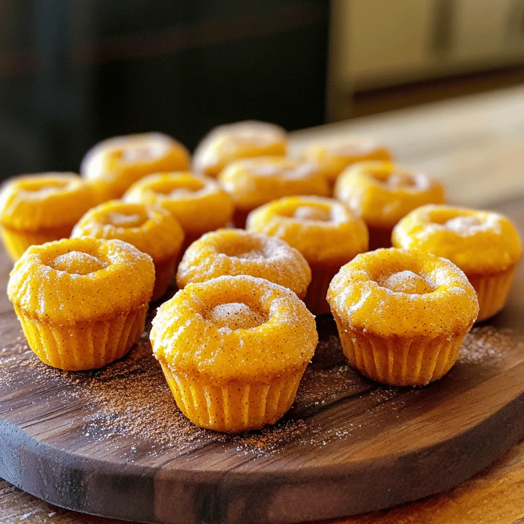 - 1 cup all-purpose flour - 1/2 cup granulated sugar - 1/2 teaspoon baking powder - 1/2 teaspoon baking soda - 1/2 teaspoon ground cinnamon - 1/4 teaspoon fine salt - 1/2 cup canned pumpkin puree - 1/4 cup vegetable oil - 1 large egg, at room temperature - 1 teaspoon vanilla extract - 1/4 teaspoon ground nutmeg - 1/4 cup unsalted butter, melted (for coating) - 1/4 cup granulated sugar (for coating) - 1 teaspoon ground cinnamon (for coating) When you make pumpkin churro mini muffins, precise measurements matter. Here are some tips: - For the flour, you can use whole wheat flour if you want more fiber. - Swap granulated sugar for brown sugar for a deeper flavor. - You can replace vegetable oil with melted coconut oil for a unique taste. - Use a flax egg instead of a regular egg for a vegan option. - If you don’t have nutmeg, just skip it or use allspice instead. These muffins pack a punch of flavor. - Pumpkin gives them moisture and a warm taste. - Cinnamon enhances the sweet notes, making each bite comforting. - Nutmeg adds a subtle spice that makes them special. - The sugar coating creates a sweet crunch that balances the soft muffin. - Together, these elements create a cozy, fall-inspired treat. Each bite feels like a hug, perfect for sharing or enjoying alone! To start, preheat your oven to 350°F (175°C). This step is key for even baking. Next, grab a mini muffin tin and grease it well. You can also use mini muffin liners for easy removal. Then, let’s mix the dry ingredients. In a large bowl, whisk together 1 cup of all-purpose flour, 1/2 cup of sugar, 1/2 teaspoon of baking powder, 1/2 teaspoon of baking soda, 1/2 teaspoon of ground cinnamon, 1/4 teaspoon of fine salt, and 1/4 teaspoon of ground nutmeg. This blend adds great flavor. Now, let’s move on to the wet ingredients. In a separate bowl, mix 1/2 cup of canned pumpkin puree, 1/4 cup of vegetable oil, 1 large egg (at room temperature), and 1 teaspoon of vanilla extract. Stir until everything is smooth and well combined. Next, pour the pumpkin mixture into the bowl with the dry ingredients. Use a spatula to fold them together gently. Be careful not to overmix. This keeps our muffins soft. Now it’s time to fill the muffin tin. Spoon the batter into each cup, filling them about two-thirds full. This allows space for rising. Once filled, place the muffin tin in your preheated oven. Bake the muffins for 12-15 minutes. Check if they are done by inserting a toothpick into a muffin. If it comes out clean, they are ready! While the muffins cool, prepare the cinnamon sugar coating. In a small bowl, mix together 1/4 cup of sugar and 1 teaspoon of ground cinnamon. This will give your muffins that churro flair. After removing the muffin tin from the oven, let the muffins cool for about 5 minutes. Then, transfer them to a wire rack. While they are still warm, brush each muffin with melted butter. Roll them in the cinnamon sugar mixture until well coated. Let them cool slightly before serving. This enhances their flavor and texture. Enjoy your delicious pumpkin churro mini muffins! To get the best muffin texture, use room temperature ingredients. Room temperature eggs and pumpkin mix well, leading to a smooth batter. This helps create soft, fluffy muffins. Also, make sure not to pack the flour. Lightly spoon it into the measuring cup, then level it off. Too much flour can make muffins dry. Overmixing can ruin your muffins. Mix the wet and dry ingredients just until you see no more flour. Lumps are okay; they help keep muffins tender and fluffy. Stir in a gentle motion with a spatula. The less you mix, the lighter your muffins will be. For the perfect cinnamon sugar coating, brush warm muffins with melted butter. This helps the sugar stick well. Mix the sugar and cinnamon together in a bowl before coating. Roll each muffin for even coverage. If you want extra flavor, add a pinch of nutmeg to the sugar mix. Enjoy your tasty treats! {{image_4}} You can add fun flavors to your pumpkin churro mini muffins. Here are some ideas: - Chocolate chips: Fold in a half cup of chocolate chips for a sweet twist. - Walnuts or pecans: Chopped nuts add a nice crunch. Use about a quarter cup. - Dried cranberries: They give a tart bite. Mix in half a cup for a fruity touch. These add-ins will change the taste and make your muffins even more exciting! If you need a gluten-free version, you can use a gluten-free flour blend. Look for one that works in a 1:1 ratio. This choice keeps the muffins soft and fluffy. Make sure all other ingredients are also gluten-free. Pumpkin churro mini muffins are great for seasonal fun! Here are some creative ideas: - Peppermint extract: Add a teaspoon for a festive winter flavor. - Cinnamon chips: Use a half cup for an extra cinnamon kick. - Caramel drizzle: Drizzle warm caramel on top for a sweet finish. These twists will make your muffins special for any season! To keep your pumpkin churro mini muffins fresh, place them in an airtight container. This helps keep moisture inside while preventing them from drying out. You can also use plastic wrap for extra protection. Store them at room temperature for easy access. These muffins stay fresh for about 2 to 3 days at room temperature. If you want to keep them longer, consider freezing them. This way, you can enjoy these tasty treats whenever you crave them! To freeze your muffins, first let them cool completely. Then, wrap each muffin in plastic wrap. Place the wrapped muffins in a freezer bag or a freezer-safe container. They can last for up to 3 months in the freezer. When you want one, just take it out and let it thaw at room temperature. You can also warm it in the microwave for a few seconds. Enjoy your delicious pumpkin churro mini muffins even after a few months! Yes, you can use fresh pumpkin. Simply roast or steam the pumpkin until soft. Then, blend it into a smooth puree. This gives a fresh taste and a slightly different texture. The key is to measure it correctly, so use the same amount as canned pumpkin, which is 1/2 cup. To check if your muffins are done, use a toothpick. Insert it into the center of a muffin. If it comes out clean, your muffins are ready. They should also look golden brown and spring back when touched lightly. Avoid opening the oven too soon, as this can affect baking. These muffins pair well with many items. You can serve them warm with a side of cream cheese or whipped cream. A hot cup of coffee or apple cider complements the flavors, too. For a fun twist, try a scoop of vanilla ice cream on the side! In this blog post, we explored the key steps to make delicious Pumpkin Churro Mini Muffins. We covered ingredients, measurements, flavors, and baking methods. I shared tips to achieve the best muffin texture and avoid overmixing. Don’t forget the variations to add unique flavors. Proper storage can keep your muffins fresh longer. Remember, each step plays a role in your muffin’s success. Enjoy baking, and don’t hesitate to try new twists on this tasty treat!