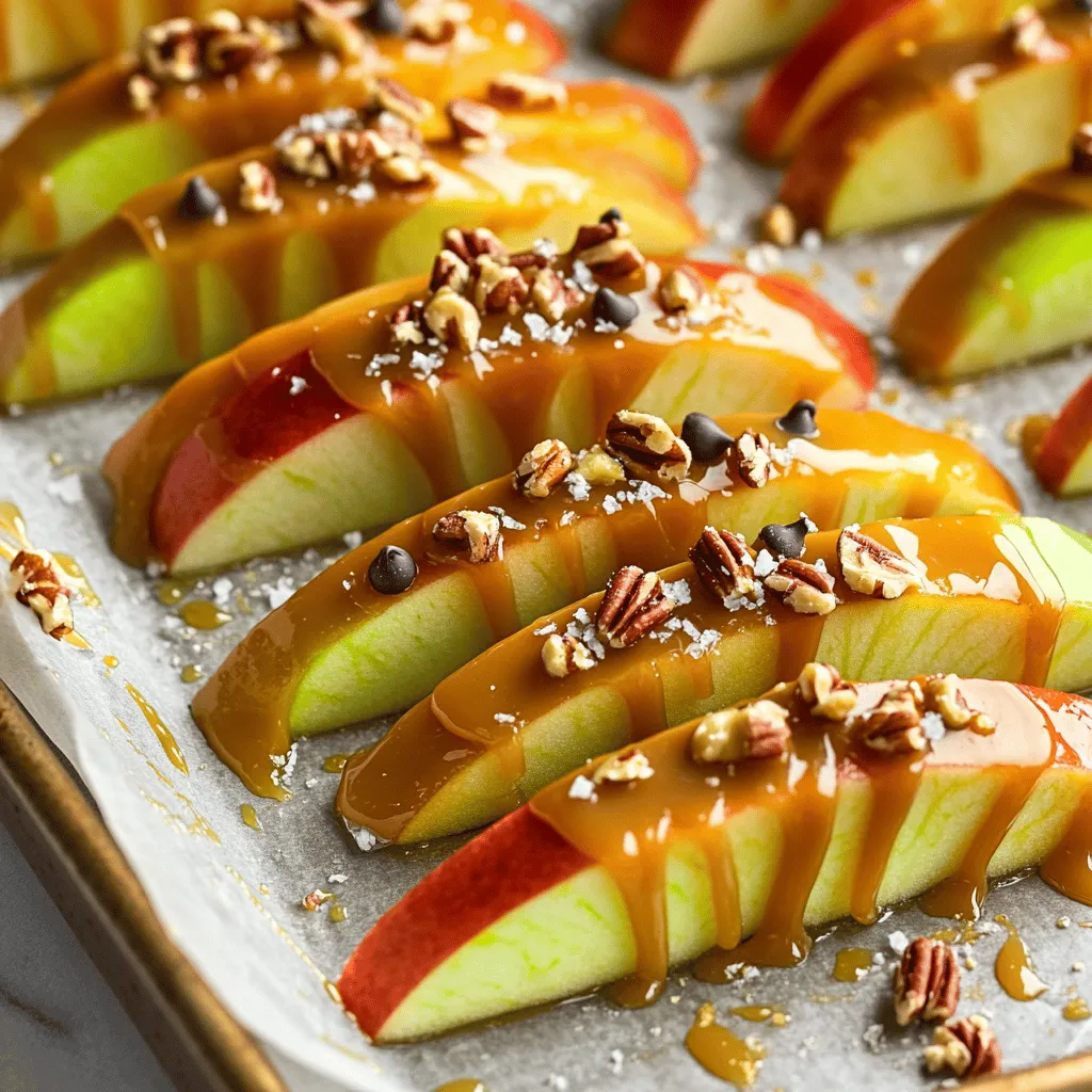 To make easy caramel apple slices, you'll need just a few key items. Here’s what you should get: - 2 medium apples (Granny Smith or Honeycrisp are best) - 1 cup caramel sauce (store-bought or homemade) - 1 tablespoon unsalted butter - 1/2 teaspoon ground cinnamon (optional) - 1/2 cup mini chocolate chips (optional) - 1/4 cup finely chopped nuts (like pecans or walnuts, optional) - Sea salt for garnish (optional) When picking apples, choose ones that are crisp and firm. Granny Smith apples bring a tart taste that pairs well with sweet caramel. Honeycrisp apples add a nice crunch and sweetness. Both types hold up well when cut, giving you great slices! You can get creative with toppings! Mini chocolate chips add a sweet crunch. Chopped nuts give a nice texture and flavor. A sprinkle of sea salt can enhance the sweetness of the caramel. If you want more warmth, add ground cinnamon to the caramel sauce for a cozy touch. These options let you make your caramel apple slices unique! For the full recipe, check out the detailed instructions to create these tasty treats. First, wash the apples under cool water. This step is key to removing any dirt. Dry each apple with a clean kitchen towel. Core the apples to remove the seeds. Then, slice them into wedges about 1/4-inch thick. Keep the skins on for added flavor and texture. In a small saucepan, mix the caramel sauce with unsalted butter. Heat this mixture over low heat. Stir gently until it melts and becomes creamy. Avoid letting it boil, as this can change the texture. If you like, add ground cinnamon to the caramel for a warm flavor. Remove the pan from heat before it thickens too much. Take each apple slice and dip it into the warm caramel. Make sure it is fully coated. Let any extra caramel drip back into the pan. Place the coated slice on a parchment-lined sheet. While the caramel is still warm, add mini chocolate chips or chopped nuts for extra crunch. You can also sprinkle a little sea salt for a sweet and salty touch. Repeat this for all apple slices until they are all coated. Once finished, chill the baking sheet in the refrigerator for about 30 minutes. This helps the caramel set firmly on the apple slices. After chilling, arrange the slices on a platter or individual plates. Enjoy your deliciously easy caramel apple slices as a fun treat! For the complete recipe, check out the Full Recipe. Selecting the right apples is key to great caramel apple slices. I love using Granny Smith or Honeycrisp apples. They offer a nice balance of sweet and tart flavors. Granny Smith apples are crisp and tart, while Honeycrisp adds a sweet crunch. Choose apples that are firm and fresh for the best taste. To get the perfect caramel, you need to melt it gently. Heat your caramel sauce and butter over low heat. Stir it slowly until it becomes creamy. Avoid boiling it, as that can make it too thick. If you want a hint of spice, mix in ground cinnamon after removing it from heat. This keeps your caramel smooth and easy to dip. Serving your caramel apple slices can be fun! Use toothpicks for easy eating. Arrange the slices on a colorful platter for a festive look. You can also sprinkle extra nuts or chocolate chips on top for a stunning finish. A dusting of sea salt adds a nice touch, too. For the full recipe, check out the complete guide. {{image_4}} You can try different caramel recipes for variety. If you want a richer flavor, use brown sugar instead of white sugar. You can also add cream to make a smooth and creamy caramel. Another option is to use coconut milk for a dairy-free version. This gives the caramel a unique taste that pairs well with apples. To make caramel more exciting, you can add flavors. A pinch of sea salt will make the sweet taste pop. You can also mix in vanilla extract for a warm, sweet note. For a fun twist, try adding citrus zest, like orange or lemon, to brighten the flavor. Each option gives a new twist to your caramel apple slices. Toppings can take your caramel apple slices to the next level. Here are some ideas: - Mini chocolate chips for a sweet crunch - Finely chopped nuts for a nice texture - Crushed cookies for extra flavor - Sprinkles for a fun, colorful look - Dried fruit bits for a chewy surprise Feel free to mix and match these toppings. The choices are endless, making each bite a new adventure. You can explore these ideas in the Full Recipe to discover your favorites! To store leftover caramel apple slices, place them in an airtight container. Layer parchment paper between the slices. This helps keep them from sticking together. You can store them in the fridge for up to three days. If you plan to eat them later, avoid leaving them out too long. The caramel can become too soft and messy. To keep the apples fresh longer, choose firm apples. Wash them well before cutting. If you cut apples ahead of time, use lemon juice. This helps stop browning. Store the slices in a sealed bag with a bit of air removed. Keep them in the fridge to maintain crispness. You can also cover them with plastic wrap to keep moisture in. If you want to reheat the caramel, use a microwave or stove. For the microwave, place the caramel in a bowl. Heat it in short bursts, stirring in between. This keeps the caramel smooth. If using the stove, warm it slowly in a saucepan. Stir gently until it’s runny again. Be careful not to overheat, as this can make it too thick. Enjoy your tasty treat! For the full recipe, check out the deliciously easy caramel apple slices. Yes, you can use store-bought caramel sauce. It saves time and is super convenient. Just heat it gently in a saucepan with a bit of butter. This makes it smooth and easy to dip your apple slices. If you want to make your own, it's simple. Just melt sugar until it turns golden, then add cream. Both options work well for this recipe. To keep apple slices from browning, use lemon juice. Just squeeze a bit over the cut slices. This helps stop oxidation and keeps them fresh. You can also soak the slices in a mix of water and lemon juice for a few minutes. Rinse them in cool water after soaking. This way, they stay nice and crisp. Caramel pairs well with many fruits! Try pears, bananas, or strawberries for a sweet twist. Pineapple and peaches also add a fun flavor. You can even dip pretzels or crackers in caramel for a salty-sweet treat. Experiment with different fruits to find your favorite combo! Making caramel apple slices is simple and fun. You learned about the best apples, essential ingredients, and tasty toppings. I shared easy steps for preparation and provided tips for perfect caramel. You can try different flavor options and toppings to make it yours. Remember to store extras properly to keep them fresh. Enjoy this sweet treat with friends and family. It’s a delightful way to mix flavors and have fun in the kitchen!