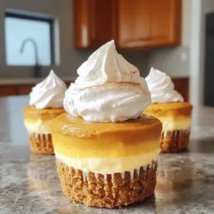 - Grahams & Cream Cheese: Key Components - 1 cup graham cracker crumbs - 1/4 cup unsalted butter, melted - 8 oz cream cheese, softened at room temperature These ingredients create a rich base for the cupcakes. The graham crackers add crunch while the cream cheese gives creaminess. The melted butter helps hold the crust together. - Spices & Flavors: What You Need - 2 tablespoons granulated sugar - 1/2 cup granulated sugar - 1/4 cup pumpkin puree - 1 teaspoon pure vanilla extract - 1/2 teaspoon ground cinnamon - 1/4 teaspoon ground nutmeg - 1/4 teaspoon ground ginger - 2 large eggs, at room temperature - 1/2 cup sour cream, at room temperature These spices bring warmth and depth to the flavor. Pumpkin puree adds moisture and that classic fall taste. The eggs and sour cream create a smooth, rich texture. - Optional Toppings - Whipped cream for topping - Ground cinnamon for garnish Whipped cream makes these cupcakes feel special. A sprinkle of cinnamon on top adds a nice touch. You can have fun with toppings to match your mood! Preheating and Combining Ingredients Start by preheating your oven to 325°F (160°C). In a mixing bowl, mix 1 cup of graham cracker crumbs, 1/4 cup melted unsalted butter, and 2 tablespoons of granulated sugar. Stir until it looks like wet sand. Baking the Crust to Perfection Line a muffin tin with cupcake liners. Take about 1 tablespoon of the crumb mix and put it into each liner. Press down firmly to make a compact base. Bake for 5-7 minutes until golden brown. Let the crust cool in the muffin tin. Mixing Cream Cheese and Sugar In a large bowl, beat 8 ounces of softened cream cheese with 1/2 cup of sugar. Use an electric mixer on medium speed for 2-3 minutes. Scrape the bowl sides to mix well. Incorporating Pumpkin and Spices Add 1/4 cup pumpkin puree, 1 teaspoon vanilla extract, 1/2 teaspoon ground cinnamon, 1/4 teaspoon ground nutmeg, and 1/4 teaspoon ground ginger. Blend on medium speed until everything is smooth. Filling the Cupcake Liners Set your mixer to low speed. Add 2 large eggs one at a time, mixing well after each. Fold in 1/2 cup sour cream gently with a spatula. Use a spoon or small ice cream scoop to fill each cupcake liner about 3/4 full. Baking and Cooling Times Place the muffin tin in the oven. Bake for 20-25 minutes. The centers should be set but still jiggle a bit. After baking, cool in the tin for 15 minutes. Then, transfer the cupcakes to the fridge for at least 2 hours to chill and set. Ensuring Perfect Texture To get the best texture, always use room temperature ingredients. This includes cream cheese, eggs, and sour cream. When these ingredients blend, they create a smooth mix. If they’re cold, your batter can become lumpy. Mix until smooth but avoid overmixing. Overmixing can make your cupcakes too dense. Avoiding Common Mistakes One common mistake is not chilling the cupcakes properly. After baking, let them cool in the muffin tin for about 15 minutes. Then, move them to the refrigerator for at least two hours. This helps them set and makes them easier to serve. Another mistake is overfilling the cupcake liners. Fill them only 3/4 full to allow for puffing during baking. Presentation Ideas For a lovely presentation, serve your cupcakes on a pretty platter. Add a dollop of whipped cream on top of each cupcake. You can sprinkle a bit of ground cinnamon over the whipped cream for a nice touch. You could also place a small cinnamon stick next to each cupcake. This adds a charming fall vibe. Pairings for the Best Experience Pair these cupcakes with a warm cup of spiced chai or apple cider. The warm drinks balance the sweet and creamy flavors of the cupcakes. You can also serve them with a scoop of vanilla ice cream for a fun dessert twist. {{image_4}} Adding Chocolate or Caramel You can make your pumpkin cheesecake cupcakes even better. Try adding chocolate or caramel. Melted chocolate can swirl into the filling. This adds a rich taste. Caramel drizzled on top gives a sweet touch. Both options blend well with pumpkin flavors. Using Different Spices Feel free to mix up the spices. Instead of just cinnamon, try adding allspice or clove. Each spice brings a unique flavor. You can even add a pinch of cardamom for a twist. Experimenting with spices allows you to find your perfect blend. Gluten-Free Options If you need a gluten-free treat, swap the graham crackers. Use gluten-free graham cracker crumbs or almond flour. This keeps the crust tasty and safe for everyone. You can also check for gluten-free butter to use in the crust. Dairy-Free Substitutes For dairy-free options, replace cream cheese with a dairy-free cream cheese. Use coconut cream or cashew cream for richness. Substitute sour cream with dairy-free yogurt. These swaps keep your cupcakes creamy and delicious, without the dairy. - Refrigerating Cupcakes: Once your pumpkin cheesecake cupcakes cool, store them in the fridge. Use an airtight container to keep them fresh. They will stay good for about five days. This keeps the flavors bright and the texture creamy. - Freezing for Later Use: If you want to save some for later, freezing works well. Wrap each cupcake tightly in plastic wrap. Then, place them in a freezer-safe bag. They can freeze for up to three months. To eat, thaw them in the fridge overnight and enjoy. - How Long They Last: These tasty cupcakes stay fresh in the fridge for about five days. If frozen, they can last up to three months. - Signs of Spoilage: Check for changes in texture or smell. If they feel dry or smell off, it’s best to throw them away. Always trust your senses. If in doubt, don't eat them. Can I make these in advance? Yes, you can make pumpkin cheesecake cupcakes ahead of time. Prepare them up to two days in advance. After they cool, store them in the fridge. This helps the flavors blend better. Just add whipped cream before serving for a fresh touch. How do I know when they're done baking? Check for a slight jiggle in the center. The edges should look set. When you gently shake the pan, the middle should move just a bit. This means they are done. Remember, they will firm up as they cool. What to do if they crack or sink? If your cupcakes crack, don’t worry. This can happen if they bake too long or the oven is too hot. Next time, lower the oven temperature by 25 degrees. If they sink, it may be due to overmixing the batter. Mix gently to avoid this. Adjustments for high-altitude baking At high altitudes, cupcakes may rise too quickly. To fix this, reduce the sugar by 1-2 tablespoons. You can also add a bit more flour. This helps the cupcakes hold their shape better during baking. This blog shared a simple guide to making delicious cupcakes. We discussed key ingredients like graham crackers and cream cheese. You learned to prepare the crust, mix the filling, and bake the cupcakes. I included tips for perfect texture and creative serving ideas. Plus, we explored tasty variations and important storage info. Baking can be fun and rewarding. Now you have the tools to enjoy your cupcake journey. So, roll up your sleeves and start experimenting!