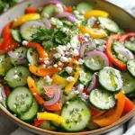 - 2 cups cucumbers, thinly sliced - 1 cup assorted sweet bell peppers (red, yellow, orange), finely sliced - 1/2 red onion, cut into thin slices - 1/4 cup fresh parsley, finely chopped - 1/4 cup feta cheese, crumbled (optional) - 3 tablespoons extra virgin olive oil - 2 tablespoons apple cider vinegar - 1 teaspoon honey - Salt and freshly ground black pepper, to taste When measuring ingredients, be precise for the best taste. Use fresh vegetables for crunch and flavor. Wash the cucumbers and sweet peppers well to remove dirt. Slice the cucumbers evenly so they mix well with other ingredients. Thin slices of sweet peppers add a nice texture and vibrant look. You can add feta cheese for a creamy taste. Try adding sliced olives or cherry tomatoes for more color. A pinch of red pepper flakes can give your salad a bit of heat. Fresh herbs like basil or mint can also boost flavor. These extras make your salad even more exciting! Start by washing the cucumbers and sweet peppers under cold water. This step is key for removing dirt and residues. Next, slice the cucumbers into thin, even rounds. Aim for about a quarter inch in thickness. This helps all the pieces blend well. For the sweet peppers, cut them into delicate strips. Use red, yellow, and orange peppers for a colorful touch. Make sure all pieces are similar in size; this ensures a uniform look and taste. Now, slice half a red onion into thin pieces, keeping them consistent in size with the other veggies. Place all the sliced veggies in a big mixing bowl. In a separate small bowl, whisk together three tablespoons of extra virgin olive oil and two tablespoons of apple cider vinegar. The olive oil adds richness, while the vinegar gives a zesty kick. Then, stir in one teaspoon of honey for a hint of sweetness. Add salt and freshly ground black pepper to taste. Mix the dressing until it is well blended and slightly thickened. This will enhance the flavors in your salad. Now, it's time to bring everything together. Drizzle the prepared dressing over the bowl of veggies. Toss gently to coat all the ingredients evenly. Be careful not to mash the vegetables; you want them to stay crisp. Next, add a quarter cup of finely chopped parsley and, if you like, a quarter cup of crumbled feta cheese. Toss everything again gently, mixing in the parsley and feta without breaking them apart. For the best taste, let the salad sit for about ten minutes in the fridge. This resting time helps the flavors blend perfectly. Serve it up in a large, shallow bowl for a beautiful presentation. Enjoy your fresh and crunchy delight! When picking cucumbers, look for firm ones. They should be dark green and shiny. Avoid soft spots or blemishes. For sweet peppers, choose those with bright colors. Red, yellow, and orange peppers add great taste and color. They should feel heavy for their size. This means they are juicy and fresh. To get the best flavor, always wash your veggies well. This keeps dirt and pesticides away. Slice cucumbers thin for a nice crunch. Make sure the sweet peppers are cut into similar sizes. This helps them mix well. Use fresh parsley for a bright touch. If you like cheese, add feta for creaminess. Let the salad rest for 10 minutes. This time helps the flavors blend perfectly. For a lovely display, serve your salad in a shallow bowl. This makes it easy to see all the colors. You can sprinkle extra parsley on top to make it pop. Consider adding edible flowers for a fun touch. They will brighten your dish and impress your guests. Remember, we eat with our eyes first! {{image_4}} Want to make your cucumber and sweet pepper salad more filling? Adding protein is a great idea. Here are some tasty options: - Grilled Chicken: Slice grilled chicken breast and mix it in. The savory taste pairs well with the fresh veggies. - Chickpeas: For a plant-based choice, add canned chickpeas. They add texture and protein without meat. - Shrimp: Cooked shrimp gives a light seafood flavor. Toss in some shrimp for a delightful twist. - Tofu: Cubed tofu is a great vegan protein option. Marinate it first for extra flavor. Changing the dressing can give your salad a new life. Here are some ideas: - Lemon Vinaigrette: Replace apple cider vinegar with fresh lemon juice. This adds a bright and zesty flavor. - Creamy Dressing: Mix yogurt with herbs for a creamy option. It adds richness to the salad. - Balsamic Glaze: Drizzle balsamic glaze for a sweet and tangy kick. It works great with the veggies. - Spicy Dressing: Add a dash of hot sauce for some heat. This will spice up your salad nicely. This salad is already friendly for many diets, but here’s how you can make it gluten-free and vegan: - Gluten-Free: The ingredients are naturally gluten-free. Just check your dressing for any hidden gluten. - Vegan: Skip the feta cheese for a fully vegan dish. The salad is still delicious without it. - Whole Grains: Add quinoa or brown rice for a hearty, gluten-free addition. This makes the salad even more nutritious. Experiment with these variations to find your favorite mix. Each change can bring a new twist to the classic cucumber and sweet pepper salad! To keep your salad fresh, place it in an airtight container. Ensure the lid is tight to keep air out. Store it in the fridge for up to three days. If you have extra dressing, keep it separate. This helps prevent sogginess. When storing, avoid mixing in ingredients like feta cheese right away. Add it just before serving. This keeps the flavors bright and the texture crisp. For best results, eat the salad within the first day. Fresh is always best! Freezing this salad is not recommended. The cucumbers and peppers lose their crunch when thawed. If you want to enjoy it later, consider freezing the dressing separately. This way, you can whip up a fresh salad quickly when you need it. Yes, you can. Making this salad ahead is easy. Just prepare all the veggies and dressing. Keep them separate until you are ready to serve. This keeps the salad fresh and crunchy. If you mix it too early, the cucumbers may get soggy. If you do not have feta, try using goat cheese. Goat cheese gives a nice flavor too. You can also use cubed avocado for creaminess. For a nutty twist, sprinkle in some toasted sunflower seeds or pumpkin seeds. These options keep the salad tasty and fresh. To add heat, try slicing in some fresh jalapeños. They give a nice kick. You can also add red pepper flakes to the dressing. If you like a smoky flavor, use smoked paprika. These simple changes can turn up the spice level quickly. This blog post covered key ingredients and how to prepare a tasty salad. I shared tips on selecting fresh veggies and creating a rich dressing. You learned easy assembly steps for the perfect salad mix. I also explored fun variations to add protein or different dressings. Finally, I discussed how to store your salad for later enjoyment. Remember, simple choices lead to great meals. Enjoy making your salad your way!