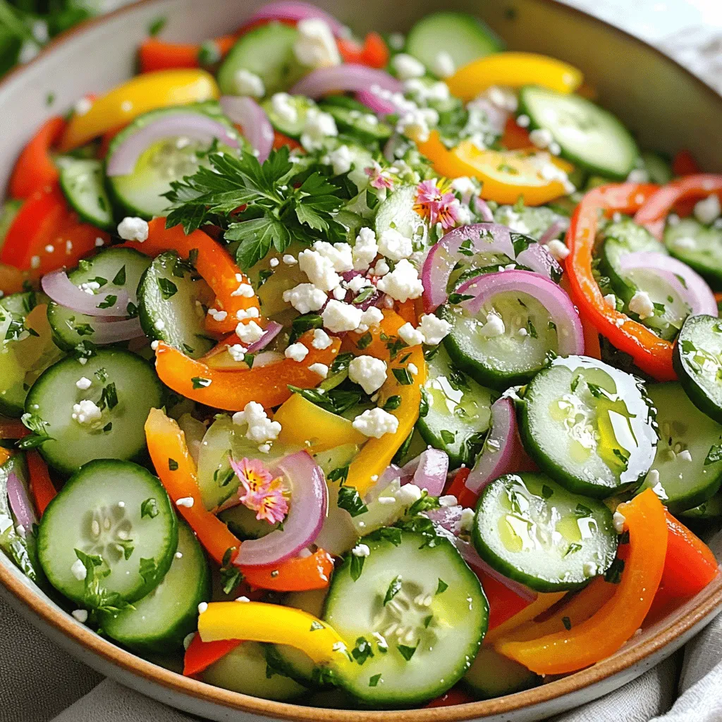 - 2 cups cucumbers, thinly sliced - 1 cup assorted sweet bell peppers (red, yellow, orange), finely sliced - 1/2 red onion, cut into thin slices - 1/4 cup fresh parsley, finely chopped - 1/4 cup feta cheese, crumbled (optional) - 3 tablespoons extra virgin olive oil - 2 tablespoons apple cider vinegar - 1 teaspoon honey - Salt and freshly ground black pepper, to taste When measuring ingredients, be precise for the best taste. Use fresh vegetables for crunch and flavor. Wash the cucumbers and sweet peppers well to remove dirt. Slice the cucumbers evenly so they mix well with other ingredients. Thin slices of sweet peppers add a nice texture and vibrant look. You can add feta cheese for a creamy taste. Try adding sliced olives or cherry tomatoes for more color. A pinch of red pepper flakes can give your salad a bit of heat. Fresh herbs like basil or mint can also boost flavor. These extras make your salad even more exciting! Start by washing the cucumbers and sweet peppers under cold water. This step is key for removing dirt and residues. Next, slice the cucumbers into thin, even rounds. Aim for about a quarter inch in thickness. This helps all the pieces blend well. For the sweet peppers, cut them into delicate strips. Use red, yellow, and orange peppers for a colorful touch. Make sure all pieces are similar in size; this ensures a uniform look and taste. Now, slice half a red onion into thin pieces, keeping them consistent in size with the other veggies. Place all the sliced veggies in a big mixing bowl. In a separate small bowl, whisk together three tablespoons of extra virgin olive oil and two tablespoons of apple cider vinegar. The olive oil adds richness, while the vinegar gives a zesty kick. Then, stir in one teaspoon of honey for a hint of sweetness. Add salt and freshly ground black pepper to taste. Mix the dressing until it is well blended and slightly thickened. This will enhance the flavors in your salad. Now, it's time to bring everything together. Drizzle the prepared dressing over the bowl of veggies. Toss gently to coat all the ingredients evenly. Be careful not to mash the vegetables; you want them to stay crisp. Next, add a quarter cup of finely chopped parsley and, if you like, a quarter cup of crumbled feta cheese. Toss everything again gently, mixing in the parsley and feta without breaking them apart. For the best taste, let the salad sit for about ten minutes in the fridge. This resting time helps the flavors blend perfectly. Serve it up in a large, shallow bowl for a beautiful presentation. Enjoy your fresh and crunchy delight! When picking cucumbers, look for firm ones. They should be dark green and shiny. Avoid soft spots or blemishes. For sweet peppers, choose those with bright colors. Red, yellow, and orange peppers add great taste and color. They should feel heavy for their size. This means they are juicy and fresh. To get the best flavor, always wash your veggies well. This keeps dirt and pesticides away. Slice cucumbers thin for a nice crunch. Make sure the sweet peppers are cut into similar sizes. This helps them mix well. Use fresh parsley for a bright touch. If you like cheese, add feta for creaminess. Let the salad rest for 10 minutes. This time helps the flavors blend perfectly. For a lovely display, serve your salad in a shallow bowl. This makes it easy to see all the colors. You can sprinkle extra parsley on top to make it pop. Consider adding edible flowers for a fun touch. They will brighten your dish and impress your guests. Remember, we eat with our eyes first! {{image_4}} Want to make your cucumber and sweet pepper salad more filling? Adding protein is a great idea. Here are some tasty options: - Grilled Chicken: Slice grilled chicken breast and mix it in. The savory taste pairs well with the fresh veggies. - Chickpeas: For a plant-based choice, add canned chickpeas. They add texture and protein without meat. - Shrimp: Cooked shrimp gives a light seafood flavor. Toss in some shrimp for a delightful twist. - Tofu: Cubed tofu is a great vegan protein option. Marinate it first for extra flavor. Changing the dressing can give your salad a new life. Here are some ideas: - Lemon Vinaigrette: Replace apple cider vinegar with fresh lemon juice. This adds a bright and zesty flavor. - Creamy Dressing: Mix yogurt with herbs for a creamy option. It adds richness to the salad. - Balsamic Glaze: Drizzle balsamic glaze for a sweet and tangy kick. It works great with the veggies. - Spicy Dressing: Add a dash of hot sauce for some heat. This will spice up your salad nicely. This salad is already friendly for many diets, but here’s how you can make it gluten-free and vegan: - Gluten-Free: The ingredients are naturally gluten-free. Just check your dressing for any hidden gluten. - Vegan: Skip the feta cheese for a fully vegan dish. The salad is still delicious without it. - Whole Grains: Add quinoa or brown rice for a hearty, gluten-free addition. This makes the salad even more nutritious. Experiment with these variations to find your favorite mix. Each change can bring a new twist to the classic cucumber and sweet pepper salad! To keep your salad fresh, place it in an airtight container. Ensure the lid is tight to keep air out. Store it in the fridge for up to three days. If you have extra dressing, keep it separate. This helps prevent sogginess. When storing, avoid mixing in ingredients like feta cheese right away. Add it just before serving. This keeps the flavors bright and the texture crisp. For best results, eat the salad within the first day. Fresh is always best! Freezing this salad is not recommended. The cucumbers and peppers lose their crunch when thawed. If you want to enjoy it later, consider freezing the dressing separately. This way, you can whip up a fresh salad quickly when you need it. Yes, you can. Making this salad ahead is easy. Just prepare all the veggies and dressing. Keep them separate until you are ready to serve. This keeps the salad fresh and crunchy. If you mix it too early, the cucumbers may get soggy. If you do not have feta, try using goat cheese. Goat cheese gives a nice flavor too. You can also use cubed avocado for creaminess. For a nutty twist, sprinkle in some toasted sunflower seeds or pumpkin seeds. These options keep the salad tasty and fresh. To add heat, try slicing in some fresh jalapeños. They give a nice kick. You can also add red pepper flakes to the dressing. If you like a smoky flavor, use smoked paprika. These simple changes can turn up the spice level quickly. This blog post covered key ingredients and how to prepare a tasty salad. I shared tips on selecting fresh veggies and creating a rich dressing. You learned easy assembly steps for the perfect salad mix. I also explored fun variations to add protein or different dressings. Finally, I discussed how to store your salad for later enjoyment. Remember, simple choices lead to great meals. Enjoy making your salad your way!