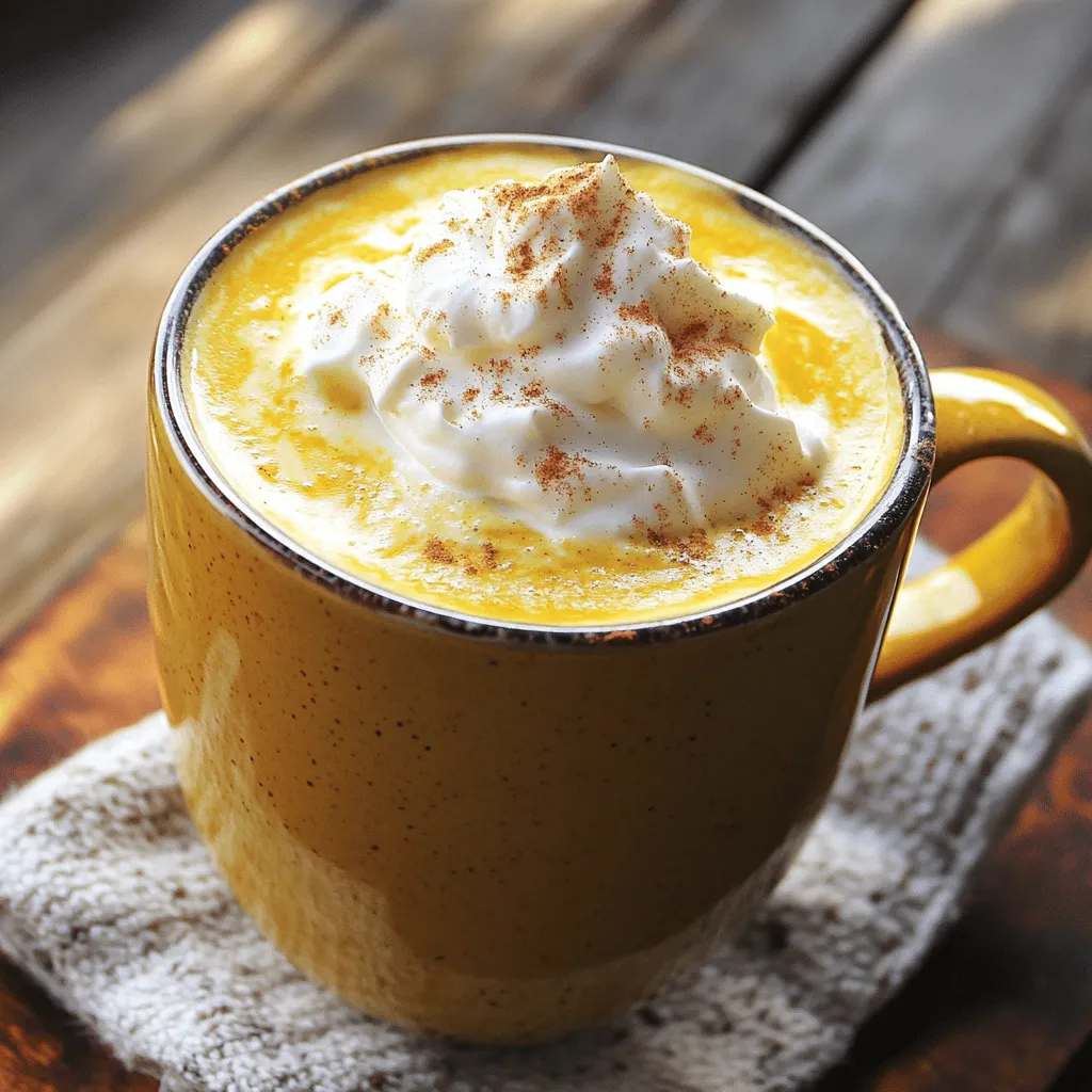 To make a Healthy Pumpkin Spiced Latte, you need: - 1 cup unsweetened almond milk (or any milk of your choice) - 1/2 cup freshly brewed coffee (a strong brew is best) - 1/4 cup pure pumpkin puree (canned or homemade) - 1 tablespoon maple syrup (adjust to your taste) - 1/2 teaspoon pumpkin pie spice These ingredients create a warm and cozy drink. The almond milk gives it a creamy texture. Fresh coffee adds a rich flavor. Pumpkin puree makes it festive, while maple syrup sweetens it naturally. The pumpkin pie spice brings that classic fall taste. You may also want to try these optional ingredients: - Whipped coconut cream for topping - Additional sweeteners like honey or agave Whipped coconut cream can add a fun twist. It makes the drink feel extra special. If you like it sweeter, you can add more maple syrup or try other sweeteners. This latte is not just tasty; it's also good for you. One serving contains about: - Calories: Approximately 150 - Fat: 4g - Carbohydrates: 24g - Protein: 3g Using almond milk helps cut calories and fat. Almond milk is low in calories and dairy-free. Pumpkin is rich in vitamins. It has vitamin A, which is great for your eyes. Plus, it's high in fiber, which helps digestion. So, sip on this latte and feel good about it! For the full recipe, check the Cozy Pumpkin Spiced Latte section. To start, gather your ingredients. In a small saucepan, combine the following: - 1 cup unsweetened almond milk (or any milk of your choice) - 1/4 cup pure pumpkin puree - 1 tablespoon maple syrup - 1/2 teaspoon pumpkin pie spice - 1/4 teaspoon vanilla extract - A pinch of salt Place the saucepan over medium heat. Stir the mixture gently as it warms. Keep whisking until all the ingredients blend well. You want a smooth, creamy texture. This step is key for a great latte base. Now, let's brew the coffee. You can use a coffee maker, French press, or pour-over method. I suggest a strong brew for best flavor. Aim for 1/2 cup of freshly brewed coffee. The stronger the coffee, the better it will mix with the pumpkin mixture. Once you have both components ready, it’s time to assemble the latte. Pour the warm pumpkin mixture over the brewed coffee in your favorite mug. Stir gently to blend the flavors. If you want to impress, top your latte with whipped coconut cream. Finish it off with a sprinkle of pumpkin pie spice. This adds a nice touch for a cozy fall vibe. Serve your pumpkin spiced latte right away and enjoy the warmth of this fall-inspired beverage! For the full recipe, refer to the earlier section. You can easily make this latte dairy-free. I recommend using unsweetened almond milk, but you can try oat milk or coconut milk too. Each type will give a unique taste. If you want a creamy topping, use whipped coconut cream. It adds richness and keeps the drink vegan. To lower calories, adjust the maple syrup. Start with less than a tablespoon. You can always add more later. Use a sugar-free syrup or a touch of honey for a healthier option. Remember, a lower calorie latte can still taste great with the right flavors! Adjust the spice levels to suit your taste. If you love spices, add more pumpkin pie spice. For a milder flavor, reduce it. Sweetness is key too. Taste your latte after mixing in the syrup. Add more if you want it sweeter. You control the taste, so make it yours! {{image_4}} You can switch up the sweeteners in your pumpkin spiced latte. Stevia, monk fruit, and honey are great options. Each one brings a unique taste. - Stevia: This sweetener has no calories. It can make your drink much sweeter than sugar. - Monk Fruit: This offers a fruity taste and is also calorie-free. It pairs well with pumpkin flavors. - Honey: This adds a rich taste and some health benefits. It does have calories, so use it in moderation. Using different sweeteners can change the flavor profile. Experiment to find your favorite mix! You can add more flavors to your latte. Vanilla and nutmeg can enhance the taste. - Vanilla: Just a splash can add warmth. It complements the pumpkin well. - Nutmeg: A sprinkle will give your drink a cozy vibe. It adds depth to the spices. Consider seasonal flavors too! In winter, try adding peppermint or ginger. These spices can make your beverage feel festive! If you prefer a chilled drink, you can easily make an iced version. Here’s how: 1. Brew your coffee and let it cool. 2. Mix your pumpkin spice mixture as usual. 3. Fill a glass with ice. 4. Pour the cooled coffee over the ice. 5. Carefully add the pumpkin mixture on top. For an extra touch, top it with whipped coconut cream! This cold version is refreshing and perfect for warm fall days. To store leftover pumpkin spiced latte, pour it in a clean jar. Seal it tightly and put it in the fridge. This way, you keep it fresh. It lasts about three days. If you want the best flavor, drink it sooner. When reheating, use a saucepan or microwave. Heat it slowly on low to keep the texture. Stir it often to blend the flavors well. If it needs more sweetness, add a bit of maple syrup. Taste it after reheating to see if you want a stronger flavor. Making pumpkin puree at home is easy. Cook fresh pumpkin until soft, then blend it smooth. Store it in an airtight container in the fridge. Homemade puree lasts for about a week. Canned pumpkin is great for quick use. It’s ready to go and saves time. Both options work well for your latte. You can find the full recipe for the cozy pumpkin spiced latte here. To make a sugar-free pumpkin spiced latte, consider using natural sweeteners. Stevia and monk fruit are great choices. They add sweetness without the calories of sugar. You can also use sugar-free syrups. These syrups often come in many flavors, making them fun to try. When making your latte, start with a small amount of sweetener. Taste as you go to find the right level for you. Yes, children can enjoy this drink! To make it kid-friendly, use less coffee or replace coffee with hot chocolate. This keeps the flavor without the caffeine. You can also reduce the spice levels. Kids may like a milder taste. Top it off with whipped cream for a fun treat. Adding a sprinkle of cinnamon can make it look special! If you cannot use almond milk, several options are available. Oat milk is creamy and has a mild taste. Coconut milk adds a tropical twist. Soy milk is a good choice and is high in protein. You can also try cashew milk for a nutty flavor. Each milk has its own taste, so pick what you enjoy most. Adjusting your milk choice can change the flavor of your latte, making it unique! This blog post covered all you need to make a great pumpkin spiced latte. We discussed key ingredients, step-by-step instructions, and tips for customization. You learned about health benefits and flavor options for everyone. Enjoy experimenting with variations, and remember that this latte can fit your dietary needs. Whether you want it hot or cold, it’s a fun drink for fall or any time. Now, grab your ingredients and start brewing your perfect cup!
