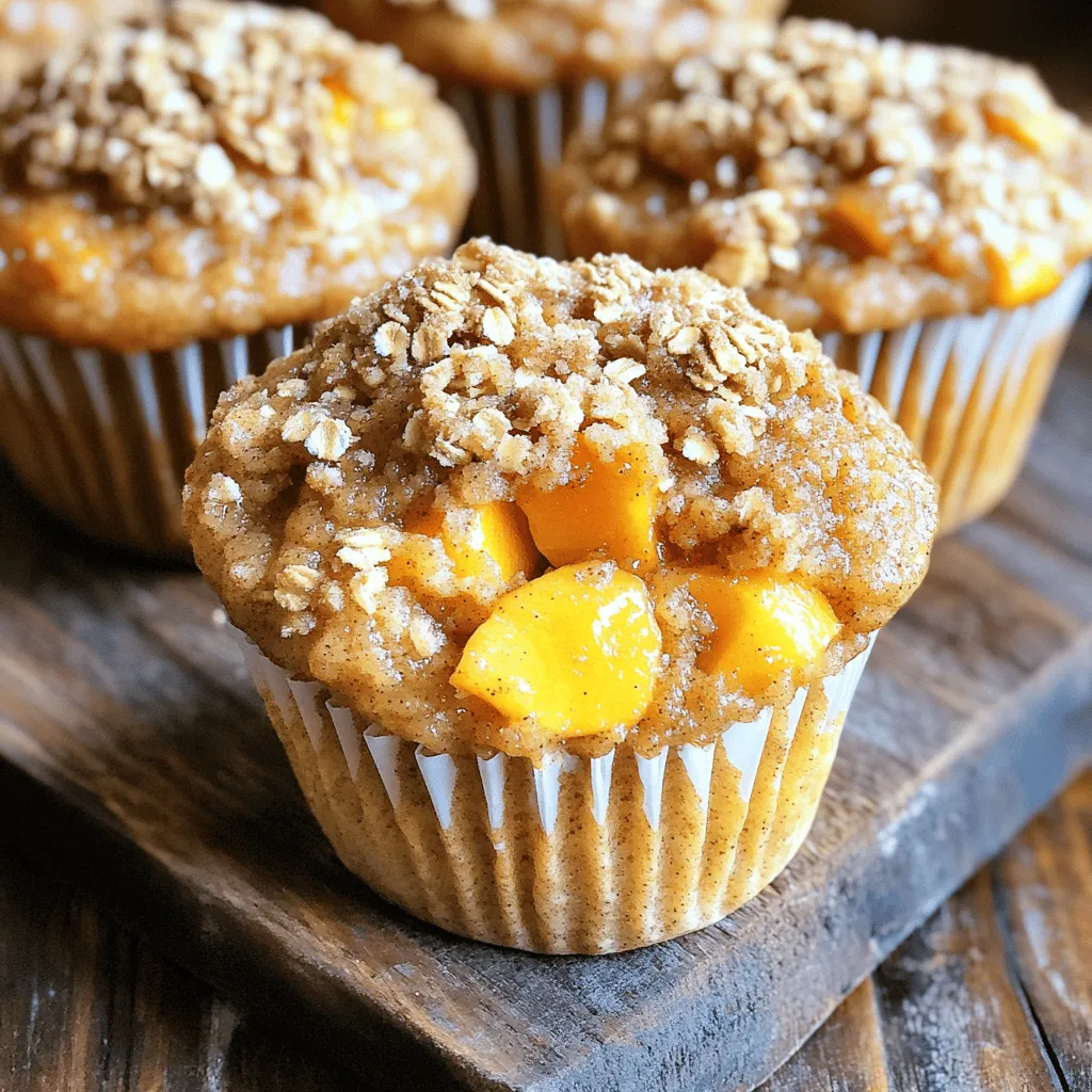 To make peach cobbler muffins, gather these simple ingredients: - 1 ½ cups all-purpose flour - ½ cup granulated sugar - ½ teaspoon baking powder - ½ teaspoon baking soda - ¼ teaspoon salt - 1 teaspoon ground cinnamon - 1 large egg, at room temperature - ½ cup buttermilk, at room temperature - ¼ cup unsalted butter, melted and cooled - 1 teaspoon pure vanilla extract - 1 cup fresh peaches, peeled and diced - ¼ cup brown sugar, packed (for topping) - 1 tablespoon rolled oats (for topping) - ½ teaspoon cinnamon (for topping) If you lack an ingredient, here are some easy swaps: - For all-purpose flour, use whole wheat flour. - Replace granulated sugar with coconut sugar or honey. - If you don’t have buttermilk, mix milk with a splash of vinegar. - For a dairy-free option, use coconut oil instead of butter. - You can swap fresh peaches for canned or frozen peaches, if needed. Each muffin has about: - Calories: 180 - Protein: 3g - Fat: 7g - Carbohydrates: 27g - Fiber: 1g - Sugar: 10g These muffins are a tasty treat. The peaches add natural sweetness, while the spices give warmth. Enjoy them fresh or warm for a delightful snack! First, set your oven to 375°F (190°C). Get your muffin tin ready. Line it with paper liners or spray it lightly with non-stick spray. This helps the muffins come out easily. In a large bowl, add 1 ½ cups of all-purpose flour, ½ cup of granulated sugar, ½ teaspoon of baking powder, ½ teaspoon of baking soda, ¼ teaspoon of salt, and 1 teaspoon of ground cinnamon. Whisk them together well. In another bowl, beat 1 large egg. Then, stir in ½ cup of buttermilk, ¼ cup of melted butter, and 1 teaspoon of vanilla extract. Mix until smooth. Pour the wet mix into the dry mix. Use a spatula to fold them together gently. Don't overmix; some lumps are okay. Now, add 1 cup of diced peaches. Fold them in softly to keep them intact. Fill each muffin cup about ¾ full with the batter. In a small bowl, mix ¼ cup of brown sugar, 1 tablespoon of rolled oats, and ½ teaspoon of cinnamon for the topping. Sprinkle this mix on top of each muffin. Place the muffin tin in the oven. Bake for 18-20 minutes. Check if they are done by inserting a toothpick. It should come out clean when they are ready. Let the muffins cool in the tin for about 5 minutes. Then, move them to a wire rack. This helps them stay soft and fluffy. Enjoy your peach cobbler muffins warm! To get a great muffin texture, start with room temperature ingredients. This helps the batter mix well. Use a light hand when mixing. Overmixing can make muffins tough. It’s fine if your batter is a bit lumpy. This keeps them soft and fluffy. Add a pinch of nutmeg for extra warmth. You can also mix in some chopped nuts, like pecans or walnuts, for crunch. If you want a sweeter taste, drizzle honey or maple syrup on top right after baking. These little changes can boost the flavor and make your muffins even better. One big mistake is using cold butter or milk. This can affect how well your muffins rise. Another common error is not measuring ingredients accurately. Use the right tools, like measuring cups, to ensure success. Last, don’t skip the topping! It adds a nice crunch and sweetness that everyone loves. {{image_4}} You can switch peaches for other fruits. Try using fresh blueberries, strawberries, or apples. Each fruit adds its own taste. Blueberries give a sweet burst, while apples offer a nice crunch. When you change fruits, keep the same amount as peaches. If you need a gluten-free option, use gluten-free flour. You can find this in most stores. Just replace the all-purpose flour with a 1:1 gluten-free blend. This keeps the muffins soft and tasty. Make sure to check that all other ingredients are gluten-free, too. To boost the flavor, add nuts or spices. Walnuts or pecans add crunch and richness. For a spice kick, try nutmeg or ginger. You can also mix in chocolate chips for a sweet twist. Just remember not to add too much; a little goes a long way! To keep your peach cobbler muffins fresh, store them in an airtight container. Place a paper towel at the bottom to absorb moisture. This helps keep them soft. You can store them at room temperature for up to three days. If you want them to last longer, consider refrigeration. Freezing muffins is a great option. Let the muffins cool completely first. Then, wrap each muffin in plastic wrap. Place the wrapped muffins in a freezer bag. Label the bag with the date. They can stay in the freezer for up to three months. To reheat your muffins, remove them from the fridge or freezer. For fridge muffins, heat them in the microwave for about 15-20 seconds. For frozen muffins, microwave for 30-45 seconds. You can also warm them in an oven set to 350°F (175°C) for about 10 minutes. Enjoy them warm for the best taste! Yes, you can use frozen peaches. Just thaw them first and drain any extra juice. This way, your muffins won’t turn soggy. Frozen peaches work well in this recipe. They offer a similar taste and texture to fresh ones. You can substitute buttermilk with regular milk mixed with vinegar or lemon juice. Use 1 cup of milk and add 1 tablespoon of vinegar or lemon juice. Let it sit for five minutes before using. This will give you a similar tangy flavor. Peach cobbler muffins last about three days at room temperature. Store them in an airtight container to keep them fresh. You can also freeze them for up to three months for longer storage. Just make sure to wrap them well to prevent freezer burn. We explored the key ingredients needed for peach cobbler muffins and their smart substitutes. I shared step-by-step instructions to help you prepare, mix, and bake with ease. Plus, I offered tips for perfect texture and flavor. In the end, remember to store them right and use the FAQs for quick answers. With these insights, you can make delicious muffins every time. Enjoy the process and share your tasty results!